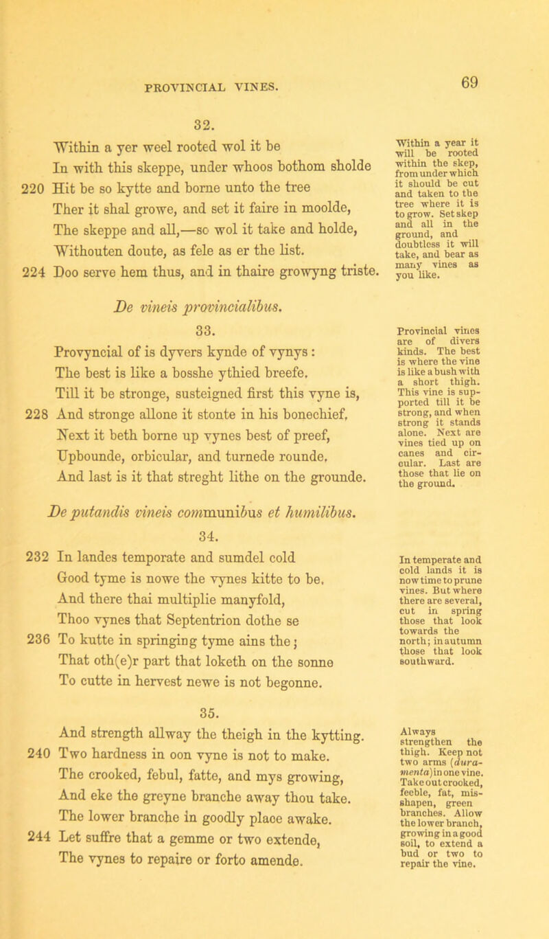 PROVINCIAL VINES. 32. ■Within a yer weel rooted wol it be In with this skeppe, under who os bothom sholde 220 Hit be so kytte and borne unto the tree Ther it shal growe, and set it faire in moolde, The skeppe and all,—so wol it take and holde, Withouten doute, as fele as er the list. 224 Doo serve hem thus, and in thaire growyng triste. Within a year it will be rooted within the skep, from under which it should be cut and taken to the tree where it is to grow. Setskep and all in the ground, and doubtless it will take, and bear as many vines as you like. De vineis provincialibus. 33. Provyneial of is dyvers kynde of vynys: The best is like a hosshe ythied breefe. Till it he stronge, susteigned first this vyne is, 228 And stronge allone it stonte in his honechief, Next it beth borne up vynes best of preef, Upbounde, orbicular, and turnede rounde. And last is it that streght lithe on the grounde. Provincial vines are of divers kinds. The best is where the vine is like a hush with a short thigh. This vine is sup- ported till it be strong, and when strong it stands alone. Next are vines tied up on canes and cir- cular. Last are those that lie on the ground. De putmdis vineis cowmuni^us et humilibus. 34. 232 In landes temporate and sumdel cold Good tyme is no we the vynes kitte to be, And there thai multiplie manyfold, Thoo vynes that Septentrion dothe se 236 To kutte in springing tyme ains the; That oth(e)r part that loketh on the sonne To cutte in hervest newe is not hegonne. In temperate and cold lands it is now time to prune vines. But where there are several, cut in spring those that look towards the north; in autumn those that look southward. 35. And strength allway the theigh in the kytting. 240 Two hardness in oon vyne is not to make. The crooked, febul, fatte, and mys growing, And eke the greyne branche away thou take. The lower branche in goodly plaoe awake. 244 Let suffre that a gemme or two extende, The vynes to repairs or forto amende. Always strengthen the thigh. Keep not two arms (dura- »»CTita)inonevine. Takeout crooked, feeble, fat, mis- shapen, green branches. Allow the lower branch, growing in a good soil, to extend a bud or two to repair the vine.