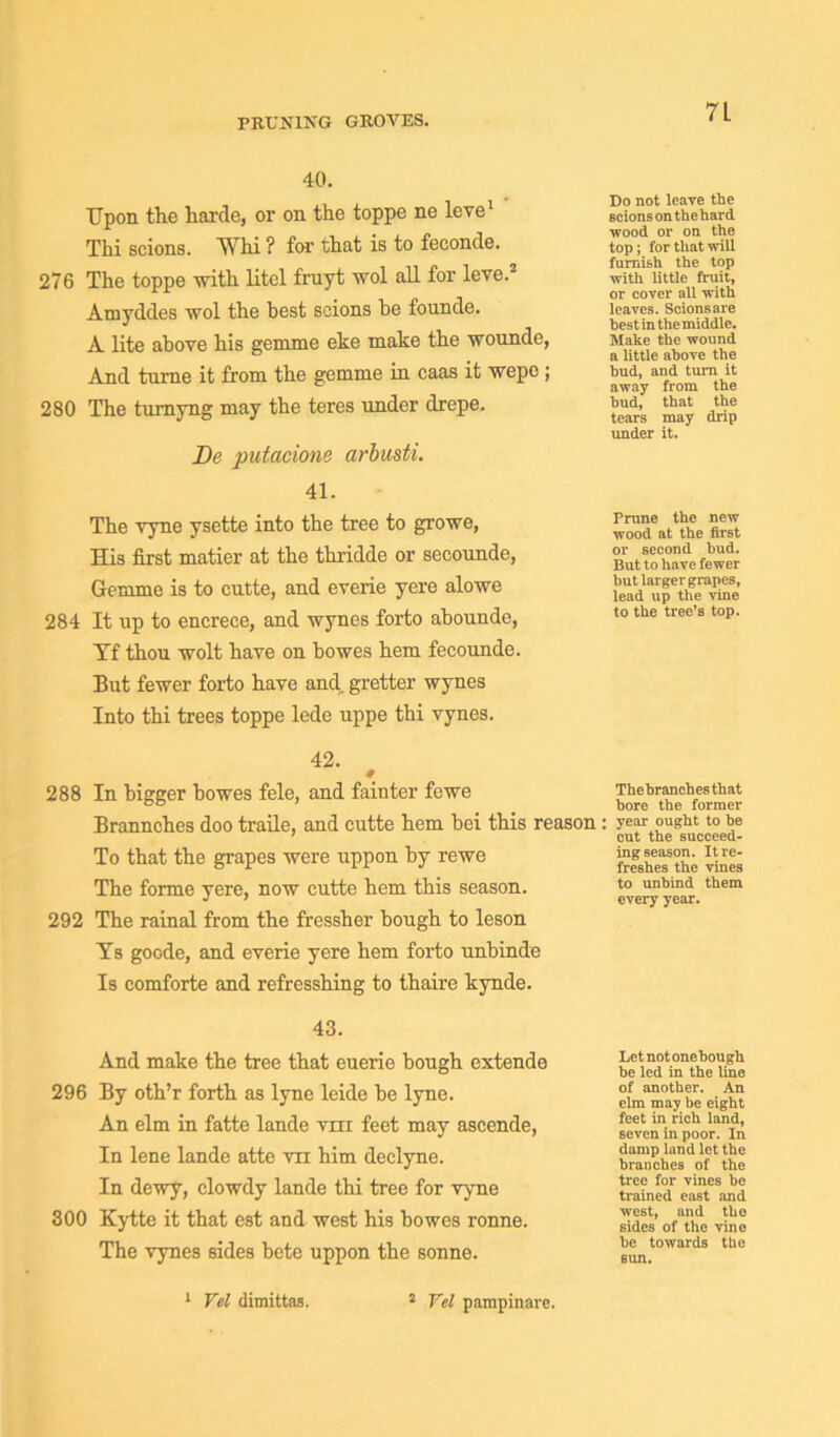 PRUNING GROVES. 40. Upon the horde, or on the toppe ne leve1 Thi scions. Whi ? for that is to feconde. 276 The toppe with litel fruyt wol all for leve.2 Amydcles wol the best scions be founde. A lite above his gemme eke make the wounde, And turne it from the gemme in caas it wepo; 280 The tumyng may the teres under drepe. De putacione arbusti. 41. The vyne ysette into the tree to growe, His first matter at the thridde or secounde, Gemme is to cutte, and everie yere alowe 284 It up to encrece, and wynes forto abounde, Tf thou wolt have on bowes hem fecounde. But fewer forto have and. gretter wynes Into thi trees toppe lede uppe thi vynes. 42. 288 In bigger bowes fele, and fainter fewe Brannches doo traile, and cutte hem bei this reason To that the grapes were uppon by rewe The forme yere, now cutte hem this season. 292 The rainal from the fressher bough to leson Ys goode, and everie yere hem forto unbinde Is comforte and refresshing to thaire kynde. 43. And make the tree that euerie bough extende 296 By oth’r forth as lyne leide be lyne. An elm in fatte lande vm feet may ascende, In lene lande atte vn him declyne. In dewy, dowdy lande thi tree for vyne 300 Kytte it that est and west his bowes ronne. The vynes sides bete uppon the sonne. Do not leave the scions on thehard wood or on the top; for that will furnish the top with little fruit, or cover all with leaves. Scionsare best in the middle. Make the wound a little above the bud, and turn it away from the bud, that the tears may drip under it. Prune the new wood at the first or second bud. But to have fewer but largergrapes, lead up the vine to the tree’s top. Thehranches that bore the former ; year ought to be cut the succeed- ing season. It re- freshes the vines to unbind them every year. Let notone bough be led in the line of another. An elm may be eight feet in rich land, seven in poor. In damp land let the branches of the tree for vines be trained cast and west, and the sides of the vine be towards the sun. 1 Vel dimittas. J Vel pampinave.