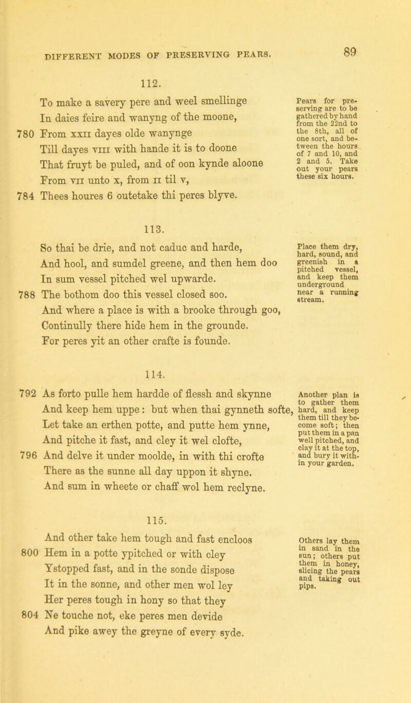 DIFFERENT MODES OF PRESERVING PEARS. 112. To make a savery pere and weel smellinge In daies feire and wanyng of the moone, 780 From xxn dayes olde wanynge Till dayes vm with hande it is to doone That fruyt be puled, and of oon kynde aloone From vn unto x, from n til v, 784 Thees houres 6 outetake thi peres blyve. 113. So thai be drie, and not caduc and harde, And hool, and sumdel greene, and then hem doo In sum vessel pitched wel upwarde. 788 The bothom doo this vessel closed soo. And where a place is with a brooke through goo, Continully there hide hem in the grounde. For peres yit an other crafte is founde. 114. 792 As forto pulle hem hardde of flessh and skynne And keep hem uppe: but when thai gynneth softe, Let take an erthen potte, and putte hem ynne, And pitche it fast, and cley it wel clofte, 796 And delve it under moolde, in with thi crofte There as the sunne all day uppon it shyne. And sum in wheete or chaff wol hem reclyne. 115. And other take hem tough and fast encloos 800 Hem in a potte ypitched or with cley Ystopped fast, and in the sonde dispose It in the sonne, and other men wol ley Her peres tough in hony so that they 804 He touche not, eke peres men devide And pike awey the greyne of every syde. Pears for pre- serving are to be gathered by hand from the 22nd to the 8th, all of one sort, and be- tween the hours of 7 and 10, and 2 and 5. Take out your pears these six hours. Place them dry, hard, sound, and greenish in a pitched vessel, and keep them underground near a running stream. Another plan Is to gather them hard, and keep them till they be- come soft; then put them in a pan well pitched, and elay it at the top, and bury it with- in your garden, Others lay them in sand in the sun; others put them in honey, slicing the pears and taking out pips.