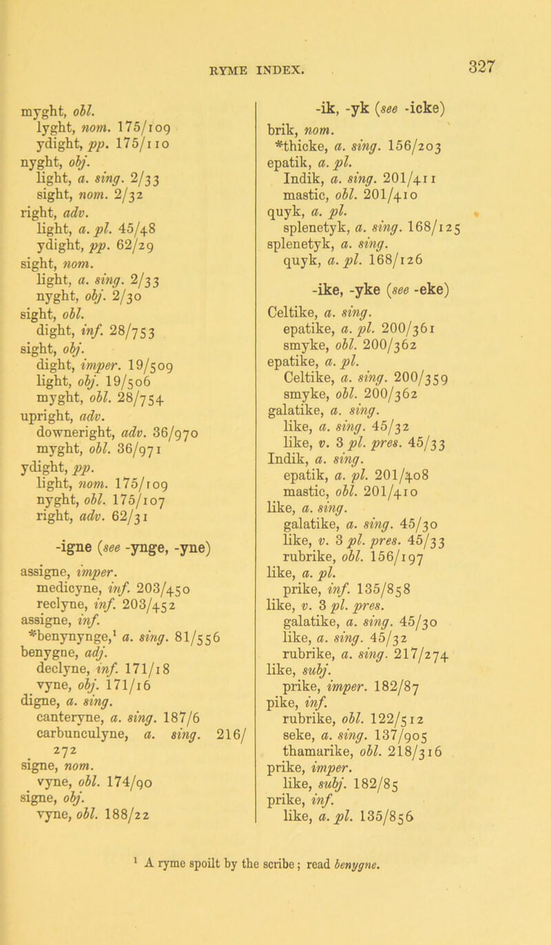 myght, oil. lyght, nom. 175/iog ydight, pp. 17 5/11 o nyght, olj. light, a. sing. 2/33 sight, nom. 2/32 right, adv. light, a. pi. 45/48 ydight, pp. 62/29 sight, nom. light, a. sing. 2/33 nyght, olj. 2/30 sight, oil. dight, inf. 28/753 sight, olj. dight, imper. 19/509 light, olj. 19/506 myght, oil. 28/754 upright, adv. downeright, adv. 36/970 myght, oil. 36/971 ydight, pp. light, nom. l75/ro9 nyght, oil. 175/107 right, adv. 62/31 -igne (see -ynge, -yne) assigne, imper. medicyne, inf. 203/450 reclyne, inf. 203/452 assigne, inf. ^'benynynge,1 a. sing. 8I/556 benygne, adj. declyne, inf. 171/18 vyne, olj. 171/16 digne, a. sing. cantervne, a. sing. 187/6 carbunculyne, a. sing. 216/ 272 signe, nom. vyne, oil. 174/90 signe, olj. vyne, oil. 188/2 2 -ik, -yk (see -icke) brik, nom. *thicke, a. sing. I56/203 epatik, a. pi. Indik, a. sing. 2OI/411 mastic, oil. 2OI/410 quyk, a. pi. splenetyk, a. sing. 168/125 splenetyk, a. sing. quyk, a. pi. I68/126 -ike, -yke (see -eke) Celtike, a. sing. epatike, a. pi. 2OO/361 smyke, oil. 200/362 epatike, a. pi. Celtike, a. sing. 2OO/359 smyke, oil. 200/362 galatike, a. sing. like, a. sing. 45/32 like, v. 3 pi. pres. 45/33 Indik, a. sing. epatik, a. pi. 2OI/408 mastic, oil. 2OI/410 like, a. sing. galatike, a. sing. 45/30 like, v. 3 pi. pres. 45/33 rubrike, obi. 156/i97 like, a. pi. prike, inf. 135/85 8 like, v. 3 pi. pres. galatike, a. sing. 45/30 like, a. sing. 45/32 rubrike, a. sing. 217/274 like, sabj. prike, imper. 182/87 pike, inf. rubrike, oil. 122/512 seke, a. sing. 137/905 thamarike, oil. 218/316 prike, imper. like, sulj. 182/85 prike, inf. like, a. pi. 135/85 6 1 A ryme spoilt by the scribe; read benygne.