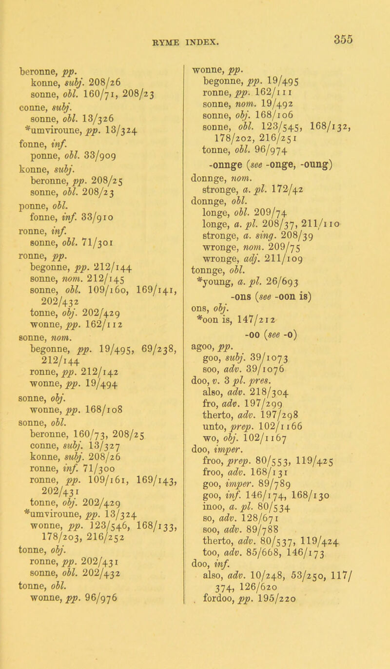 beronne, pp. konne, subj. 20 8/2 6 sonne, oil. I6O/71, 2O8/23 conne, subj. sonne, oil. 13/3 2 6 #umviroune, pp. 13/324 fonne, inf. ponne, oil. 33/909 konne, subj. beronne, pp. 208/25 sonne, oil. 2O8/23 ponne, oil. fonne, inf. 33/910 ronne, inf. sonne, obi. 71/3 01 ronne, pp. begonne, pp. 212/144 sonne, nom. 212/145 sonne, oil. 109/i6o, 169/141, 202/432 tonne, olj. 202/429 wonne, pp. I62/112 sonne, nom. begonne, pp. 19/495, 69/238, 212/144 ronne, pp. 212/142 wonne, pp. 19/494 sonne, olj. wonne, pp. I68/108 sonne, oil. beronne, I6O/73, 20 8/2 5 conne, subj. 13/327 konne, subj. 2O8/26 ronne, inf. 71/300 ronne, pp. 109/161, 169/143, 202/431 tonne, olj. 202/429 *umviroune, pp. I.3/324 wonne, 7373. 123/546, I68/133, 178/203, 2I6/252 tonne, olj. ronne, 777?. 202/431 sonne, oik 202/432 tonne, oil. wonne, 7)7?. 96/976 wonne, 7573. begonne, 773. 19/495 ronne, 7373. 162/i 11 sonne, 3203W. 19/492 sonne, oi/. 168/106 sonne, oik 123/545, 168/132, 178/202, 216/251 tonne, oik 96/974 -onnge (see -onge, -oung) donnge, nom. stronge, 0.73k 172/42 donnge, oik longe, oik 209/74 longe, a. pi. 2O8/37, 211/uo stronge, a. sing. 208/39 wronge, nom. 209/75 wronge, 0$'. 211/109 tonnge, oik *young, a. 73k 26/693 -ons (see -oon is) ons, oi/. *oon is, 147/2 12 -00 (see -0) agoo, 7373. goo, swi/. 39/1073 soo, 0<io. 39/1076 doo,». 3 73k pres. also, 218/3 04 fro, 0<k>. 197/299 therto, adv. 197/298 unto, 73re73. 102/ii66 wo, oi;'. 102/i 167 doo, imper. froo, prep. 8O/553, 119/425 froo, 0^0. 168/131 goo, imper. 89/789 goo, ««/. 146/174, I68/130 inoo, a. 73k 8O/534 so, odo. 128/671 soo, 89/788 therto, 8O/537, H9/424 too, 85/668, 146/173 doo, inf. also, IO/248, 53/250, 117/ 374, 126/620 fordoo, 7373. 195/220