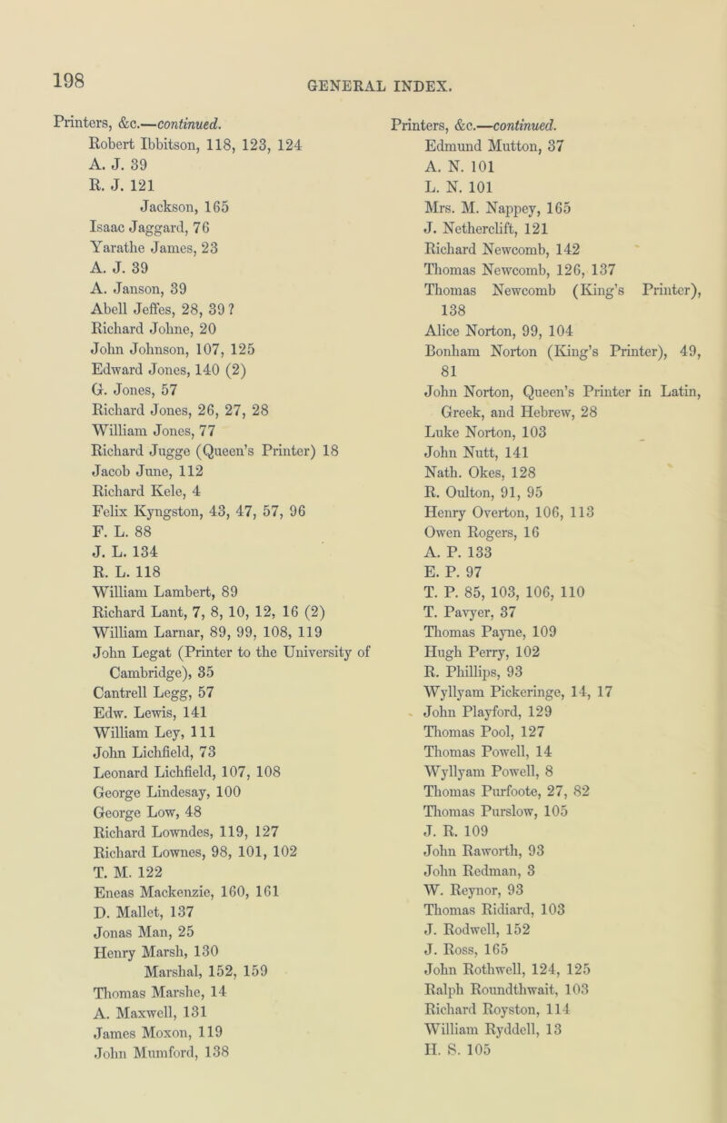 Printers, &c.—continued. Robert Ibbitson, 118, 123, 124 A. J. 39 R. J. 121 Jackson, 165 Isaac Jaggard, 76 Yarathe Janies, 23 A. J. 39 A. Janson, 39 Abell Jeffes, 28, 39 ? Richard Joline, 20 John Johnson, 107, 125 Edward Jones, 140 (2) G. Jones, 57 Richard Jones, 26, 27, 28 William Jones, 77 Richard Jugge (Queen’s Printer) 18 Jacob June, 112 Richard Kele, 4 Felix Kyngston, 43, 47, 57, 96 F. L. 88 J. L. 134 R. L. 118 William Lambert, 89 Richard Lant, 7, 8, 10, 12, 16 (2) William Larnar, 89, 99, 108, 119 John Legat (Printer to the University of Cambridge), 35 Cantrell Legg, 57 Edw. Lewis, 141 William Ley, 111 John Lichfield, 73 Leonard Lichfield, 107, 108 George Lindesay, 100 George Low, 48 Richard Lowndes, 119, 127 Richard Lownes, 98, 101, 102 T. M. 122 Eneas Mackenzie, 160, 161 D. Mallet, 137 Jonas Man, 25 Henry Marsh, 130 Marshal, 152, 159 Thomas Marshe, 14 A. Maxwell, 131 James Moxon, 119 John Mumford, 138 Printers, &c.—continued. Edmund Mutton, 37 A. N. 101 L. N. 101 Mrs. M. Nappey, 165 J. Netherclift, 121 Richard Newcomb, 142 Thomas Newcomb, 126, 137 Thomas Newcomb (King’s Printer), 138 Alice Norton, 99, 104 Bonham Norton (King’s Printer), 49, 81 John Norton, Queen’s Printer in Latin, Greek, and Hebrew, 28 Luke Norton, 103 John Nutt, 141 Nath. Okes, 128 R. Oulton, 91, 95 Henry Overton, 106, 113 Owen Rogers, 16 A. P. 133 E. P. 97 T. P. 85, 103, 106, 110 T. Pavyer, 37 Thomas Payne, 109 Hugh Perry, 102 R. Phillips, 93 Wyllyam Pickeringe, 14, 17 John Play ford, 129 Thomas Pool, 127 Thomas Powell, 14 Wyllyam Powell, 8 Thomas Purfoote, 27, 82 Thomas Purslow, 105 J. R. 109 John Raworth, 93 John Redman, 3 W. Reynor, 93 Thomas Ridiard, 103 J. Rodwell, 152 J. Ross, 165 John Rotliwcll, 124, 125 Ralph Roundthwait, 103 Richard Royston, 114 William Ryddell, 13 H. S. 105