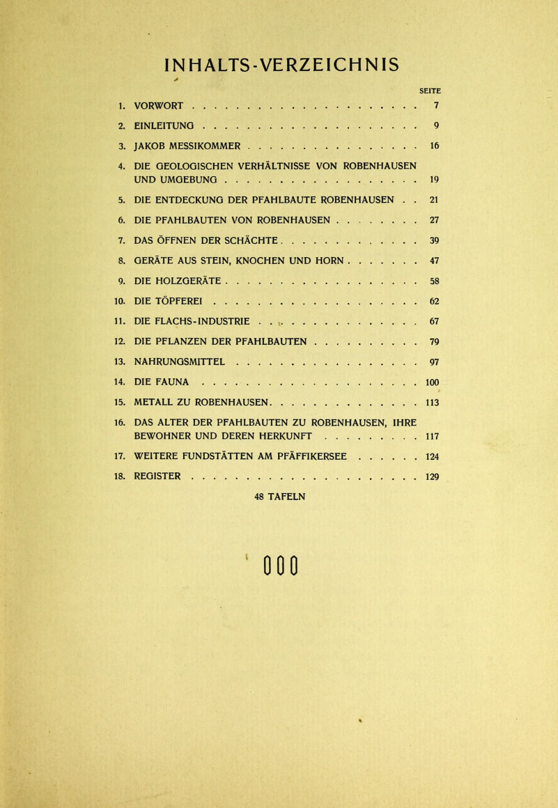 INHALTSVERZEICHNIS SEITE 1. VORWORT 7 2. EINLEITUNG 9 3. JAKOB MESSIKOMMER 16 4. DIE GEOLOGISCHEN VERHÄLTNISSE VON ROBENHAUSEN UND UMGEBUNG 19 5. DIE ENTDECKUNG DER PFAHLBAUTE ROBENHAUSEN . . 21 6. DIE PFAHLBAUTEN VON ROBENHAUSEN 27 7. DAS ÖFFNEN DER SCHÄCHTE 39 8. GERÄTE AUS STEIN, KNOCHEN UND HORN 47 9. DIE HOLZGERÄTE 58 10. DIE TÖPFEREI 62 11. DIE FLACHS-INDUSTRIE . . 67 12. DIE PFLANZEN DER PFAHLBAUTEN 79 13. NAHRUNGSMITTEL 97 14. DIE FAUNA 100 15. METALL ZU ROBENHAUSEN 113 16. DAS ALTER DER PFAHLBAUTEN ZU ROBENHAUSEN, IHRE BEWOHNER UND DEREN HERKUNFT 117 17. WEITERE FUNDSTÄTTEN AM PFÄFFIKERSEE 124 18. REGISTER 129 48 TAFELN