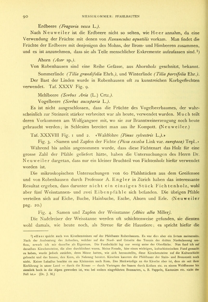 Erdbeere (Fragaria vesca L.^. Nach Neuweiler ist die Erdbeere nicht so selten, wie Heer annahm, da eine Verwendung der Früchte mit denen von Ranuncultis aquatilis vorkam. Man findet die Früchte der Erdbeere mit denjenigen des Mohns, der Brom- und Himbeeren zusammen, und es ist anzunehmen, dass sie als Teile menschlicher Exkremente aufzufassen sind.^) Ahorn (Acer sp.^. Von Robenhausen sind eine Reihe Gefässe, aus Ahornholz geschnitzt, bekannt. Sommerlinde (Tilia grandifolia Ehrh.^, und Winterlinde (Tilia parvifolia Ehr.^. Der Bast der Linden wurde in Robenhausen oft zu kunstreichen Korbgeflechten verwendet. Taf. XXXV Fig. 9. Mehlbeere (Sorbus Aria (L.) Crtz.^. Vogelbeere (Sorbus auctiparia L.^. Es ist nicht ausgeschlossen, dass die Früchte des Vogelbeerbaumes, der wahr- scheinlich zur Steinzeit stärker verbreitet war als heute, verwendet wurden. Much teilt deren Vorkommen am Wolfgangsee mit, wo sie zur Branntweinerzeugung noch heute gebraucht werden; in Schlesien bereitet man aus ihr Kompott. (Neu weil er.) Taf. XXXVllI Fig. i und 2. «Waldföhre (Pinus sylvestris L.^.» Fig. 3. «Samen und Zapfen der Fichte (Picea excelsa Link var. europaea) Tepl..» Während bis anhin angenommen wurde, dass diese Fichtenart das Holz für eine grosse Zahl der Pfähle geliefert hätte, haben die Untersuchungen des Herrn Dr. Neu weil er dargetan, dass nur ein kleiner Bruchteil von Fichtenholz hiefür verwendet worden ist. Die mikroskopischen Untersuchungen von 60 Pfahlstücken aus dem Greifensee und von Robenhausen durch Professor A. Engl er in Zürich haben das interessante Resultat ergeben, dass darunter nicht ein einziges Stück P'ichtenholz, wohl aber fünf Weisstannen- und zwei Eibenpfähle sich befanden. Die übrigen Pfähle verteilen sich auf Eiche, Buche, Hainbuche, Esche, Ahorn und Erle. (Neu weil er pag. 20.) Fig. 4. Samen und Zapfen der Weisstanne (Abies alba Miller^). Die Nadelreiser der Weisstanne werden oft schichtenweise gefunden, sie dienten wohl damals, wie heute noch, als Streue für die Haustiere; es spricht hiefür die 1) «Heer spricht auch von Kirschensteinen auf der Pfahlbaute Robenhausen. Es war dies aber ein Irrtum meinerseits. Nach der Ausbeutung des Aabaches, welcher auf der Nord- und Ostseite das Terrain der dritten Niederlassimg um- floss, erwarb ich mir dasselbe als Eigentum. Die Fundschicht lag nur wenig unter der Oberfläche. Nun fand ich auf derselben Kirschensteine, die aber durchlöchert waren. Meine Freude, hier einen wichtigen, kulturhistorischen Fund gemacht zu haben, wurde jedoch zunichte, denn Mäuse hatten, wie sich herausstellte, diese Kirschensteine auf die Kulturschicht gebracht und das Innere, den Kern, als Nahrung benützt. Kirschen kannten die Pfahlbauer der Stein- und Bronzezeit noch nicht. Kaiser Lukullus brachte sie aus Kleinasien nach Rom. Das Merkwürdige an der Kirsche aber ist, dass sie seit ihrer Einführung in unser Land — durch die Römer — durch Vertragen der Samen durch Krähen etc. zu einem Waldbaume bis ziemlich hoch in die Alpen geworden ist, was bei andern eingeführten Baumarten, z. B. Pappeln, Kastanien etc. nicht der Fall ist.> (Dr. J. M.)