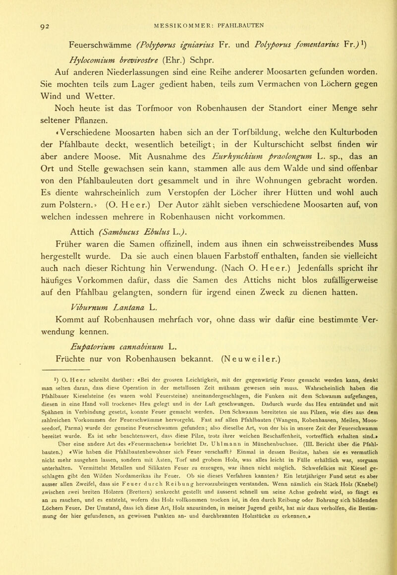 Feuerschwämme (Polyporus igniarius Fr. und Polyporus fomentarius Fr.^ 1) Hylocomium brevirostre (Ehr.) Schpr. Auf anderen Niederlassungen sind eine Reihe anderer Moosarten gefunden worden. Sie mochten teils zum Lager gedient haben, teils zum Vermachen von Löchern gegen Wind und Wetter. Noch heute ist das Torfmoor von Robenhausen der Standort einer Menge sehr seltener Pflanzen. «Verschiedene Moosarten haben sich an der Torfbildung, welche den Kulturboden der Pfahlbaute deckt, wesentlich beteiligt-, in der Kulturschicht selbst finden wir aber andere Moose. Mit Ausnahme des Eurhynchium praolongum L. sp., das an Ort und Stelle gewachsen sein kann, stammen alle aus dem Walde und sind offenbar von den Pfahlbauleuten dort gesammelt und in ihre Wohnungen gebracht worden. Es diente wahrscheinlich zum Verstopfen der Löcher ihrer Hütten und wohl auch zum Polstern.» (O. Heer.) Der Autor zählt sieben verschiedene Moosarten auf, von welchen indessen mehrere in Robenhausen nicht Vorkommen. Attich (Sambucus Ebulus L.^. Früher waren die Samen offizinell, indem aus ihnen ein schweisstreibendes Muss hergestellt wurde. Da sie auch einen blauen Farbstoff enthalten, fanden sie vielleicht auch nach dieser Richtung hin Verwendung. (Nach O. Heer.) Jedenfalls spricht ihr häufiges Vorkommen dafür, dass die Samen des Attichs nicht blos zufälligerweise auf den Pfahlbau gelangten, sondern für irgend einen Zweck zu dienen hatten. Viburnum Lantana L. Kommt auf Robenhausen mehrfach vor, ohne dass wir dafür eine bestimmte Ver- wendung kennen. Eupatorium cannabinum L. Früchte nur von Robenhausen bekannt. (N e u w e i 1 e r.) 1) O. Heer schreibt darüber: «Bei der grossen Leichtigkeit, mit der gegenwärtig Feuer gemacht werden kann, denkt man selten daran, dass diese Operation in der metallosen Zeit mühsam gewesen sein muss. Wahrscheinlich haben die Pfahlbauer Kieselsteine (es waren wohl Feuersteine) aneinandergeschlagen, die Funken mit dem Schwamm aufgefangen, diesen in eine Hand voll trockenes Heu gelegt und in der Luft geschwungen. Dadurch wurde das Heu entzündet und mit Spähnen in Verbindung gesetzt, konnte Feuer gemacht werden. Den Schwamm bereiteten sie aus Pilzen, wie dies aus dem zahlreichen Vorkommen der Feuerschwämme hervorgeht. Fast auf allen Pfahlbauten (Wangen, Robenhausen, Meilen, Moos- seedorf, Parma) wurde der gemeine Feuerschwamm gefunden-, also dieselbe Art, von der bis in unsere Zeit der Feuerschwamm bereitet wurde. Es ist sehr beachtenswert, dass diese Pilze, trotz ihrer weichen Beschaffenheit, vortrefflich erhalten sind.» Über eine andere Art des «Feuermachens» berichtet Dr. Uhl mann in Münchenbuchsee. (III. Bericht über die Pfahl- bauten.) «Wie haben die Pfahlbautenbewohner sich Feuer verschafft Einmal in dessen Besitze, haben sie es vermutlich nicht mehr ausgehen lassen, sondern mit Ästen, Torf und grobem Holz, was alles leicht in Fülle erhältlich war, sorgsam unterhalten. Vermittelst Metallen und Silikaten Feuer zu erzeugen, war ihnen nicht möglich. Schwefelkies mit Kiesel ge- schlagen gibt den Wilden Nordamerikas ihr Feuer. Ob sie dieses Verfahren kannten.^ Ein letztjähriger Fund setzt es aber ausser allen Zweifel, dass sie Feuer durch Reibung hervorzubringen verstanden. Wenn nämlich ein Stück Holz (Knebel) zwischen zwei breiten Hölzern (Brettern) senkrecht gestellt und äusserst schnell um seine Achse gedreht wird, so fängt es an zu rauchen, und es entsteht, wofern das Holz vollkommen trocken ist, in den durch Reibung oder Bohrung sich bildenden Löchern Feuer. Der Umstand, dass ich diese Art, Holz anzuzünden, in meiner Jugend geübt, hat mir dazu verhelfen, die Bestim- mung der hier gefundenen, an gewissen Punkten an- und durchbrannten Holzstücke zu erkennen,»