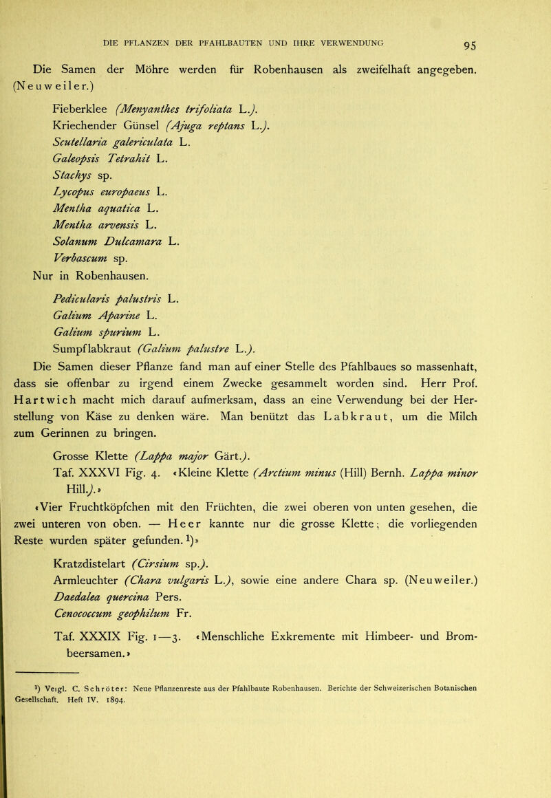 Die Samen der Möhre werden für Robenhausen als zweifelhaft angegeben. (Neu Weiler.) Fieberklee (Menyanthes trifoliata L.^. Kriechender Günsel (Ajuga reptans L.). Scutellaria galericulata L. Galeopsis Tetrahit L. Stachys sp. Lycopus europaeus L. Mentha aquatica L. Mentha arvensis L. Solanum Dulcamara L. Verbascum sp. Nur in Robenhausen. Pedicularis palustris L. Galium Aparine L. Galium spurium L. Sumpflabkraut (Galium palustre L.^. Die Samen dieser Pflanze fand man auf einer Stelle des Pfahlbaues so massenhaft, dass sie offenbar zu irgend einem Zwecke gesammelt worden sind. Herr Prof. Hart wich macht mich darauf aufmerksam, dass an eine Verwendung bei der Her- stellung von Käse zu denken wäre. Man benützt das Labkraut, um die Milch zum Gerinnen zu bringen. Grosse Klette (Lappa major Gärt.^. Taf. XXXVI Fig. 4. «Kleine Klette (Arctium minus (Hill) Bernh. Lappa minor Hiig.» «Vier Fruchtköpfchen mit den Früchten, die zwei oberen von unten gesehen, die zwei unteren von oben. — Heer kannte nur die grosse Klette; die vorliegenden Reste wurden später gefunden. ^)» Kratzdistelart (Cirsium sp.^. Armleuchter (Chara vulgaris L.^, sowie eine andere Chara sp. (Neuweiler.) Daedalea quercina Pers. Cenococcum geophilum Fr. Taf. XXXIX Fig. i—3. «Menschliche Exkremente mit Himbeer- und Brom- beersamen. » *) Veigl. C. Schröter: Neue Pflanzenreste aus der Pfahlbaute Robenhausen. Berichte der Schweizerischen Botanischen Gesellschaft. Heft IV. 1894.