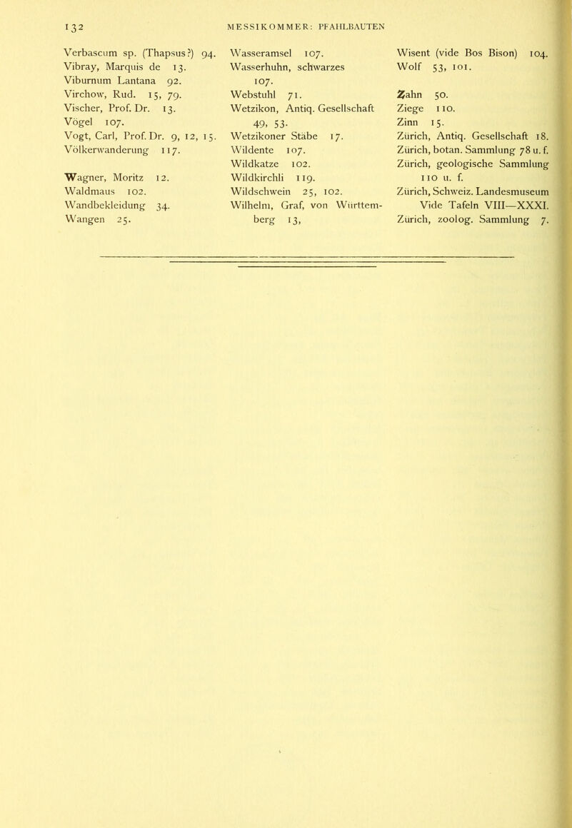 Verbascum sp. (Thapsus?) 94. Vibray, Marquis de 13. Viburnum Lantana 92. Virchow, Rud. 15, 79. Vischer, Prof. Dr. 13. Vögel 107. Vogt, Carl, Prof. Dr. 9, 12, 15. Völkerwanderung 117. Wagner, Moritz 12. Waldmaus 102. Wandbekleidung 34. Wangen 25. Wasseramsel 107. Wasserhuhn, schwarzes 107. Webstuhl 71. Wetzikon, Antiq. Gesellschaft 49, 53- Wetzikoner Stäbe 17. Wildente 107. Wildkatze 102. Wildkirchli 119. Wildschwein 25, 102. Wilhelm, Graf, von Württem- berg 13, Wisent (vide Bos Bison) 104. Wolf 53, loi. ijahn 50. Ziege I IO. Zinn 15. Zürich, Antiq. Gesellschaft 18. Zürich, botan. Sammlung 78 u. f. Zürich, geologische Sammlung HO u. f. Zürich, Schweiz. Landesmuseum Vide Tafeln VIII—XXXI. Zürich, zoolog. Sammlung 7.