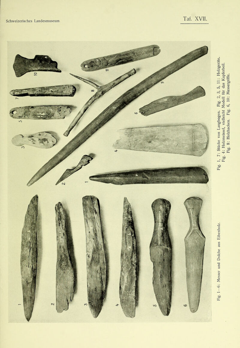 Fig. 1—6: Messer und Dolche aus Eibenholz. Fig. 1, 7: Stücke von Langbogen. Fig. 2, 3, 5, 11; Holzgeräte. Fig. 4; Holzmeissel, vielleicht Modell für das Kupferbeil. Fig. 8; Holzhacken. Fig. 6, 10: Messergriffe.