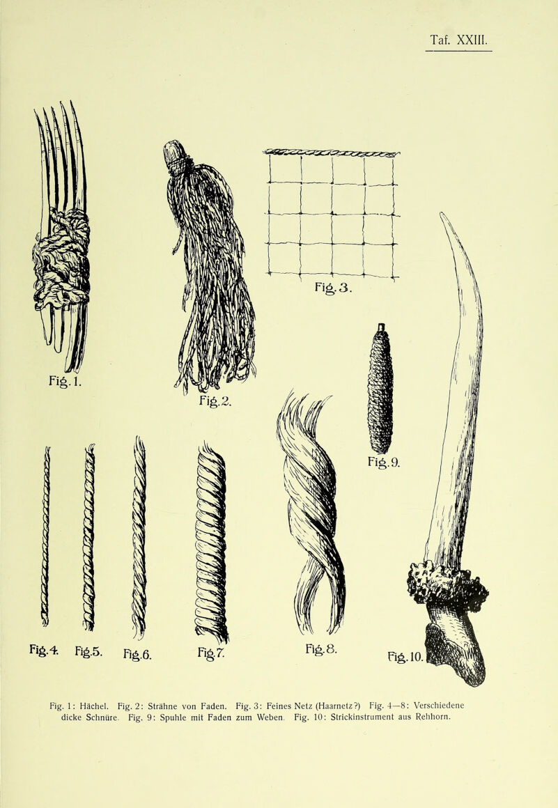 Fig. 1; Hächel. Fig. 2: Strähne von Faden. Fig. 3: Feines Netz (Haarnetz?) Fig. 4—8: Verschiedene dicke Schnüre. Fig. 9: Spuhle mit Faden zum Weben. Fig. 10: Strickinstrument aus Rehhorn.