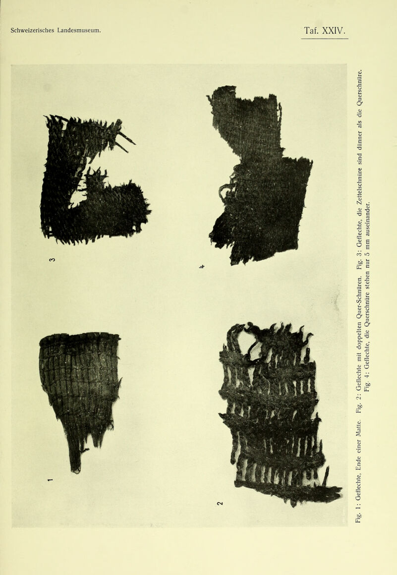 : Geflechte, Ende einer Matte. Fig. 2: Geflechte mit doppelten Quer-Schnüren. Fig. 3: Geflechte, die Zettelschnüre sind dünner als die Querschnüre. Fig. 4: Geflechte, die Querschnüre stehen nur 5 mm auseinander.