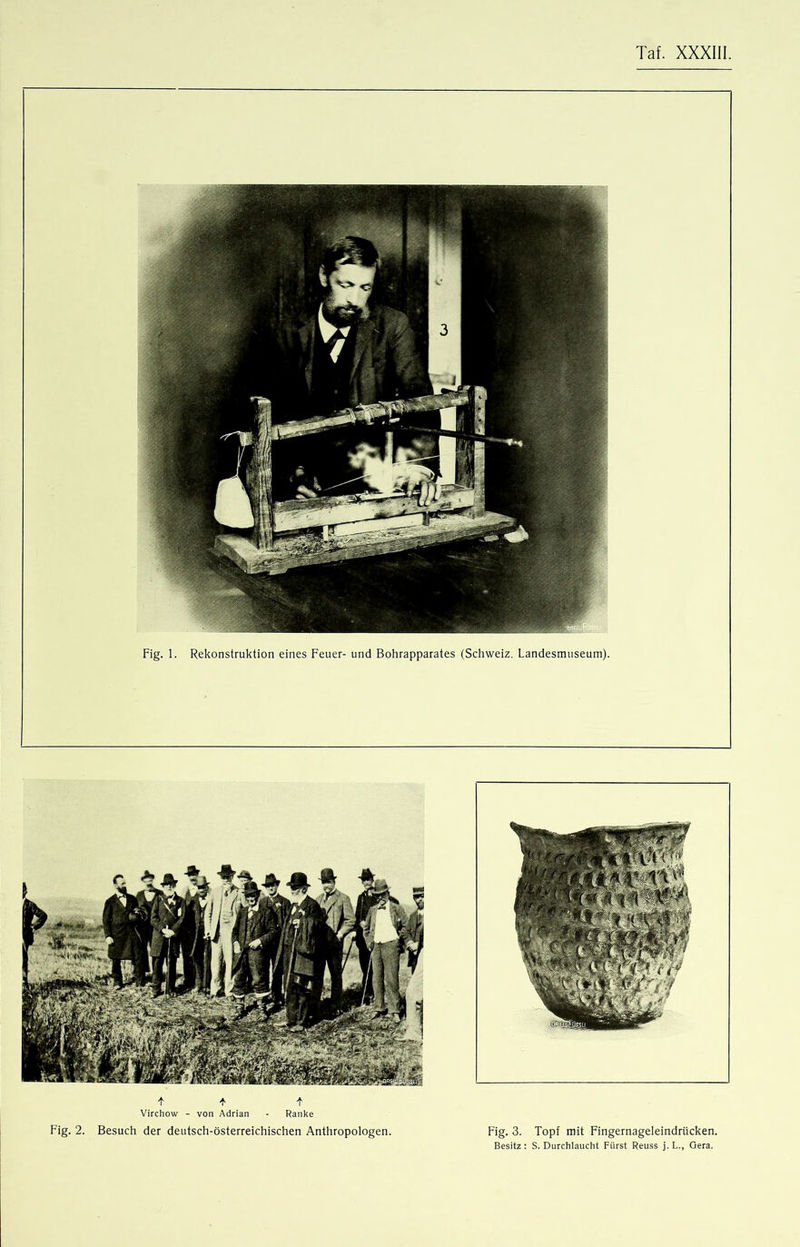 ft f Virchow - von Adrian - Ranke Fig. 2. Besuch der deutsch-österreichischen Anthropologen. Fig. 3. Topf mit Fingernageleindrücken. Besitz: S. Durchiaucht Fürst Reuss j. L., Gera.