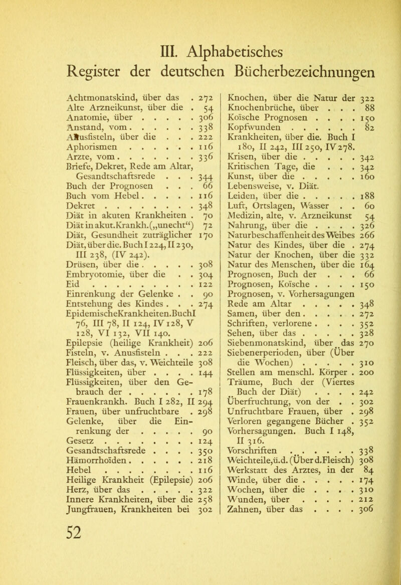 Register der deutschen Bücherbezeichnungen Achtmonatskind, über das Alte Arzneikunst, über die . Anatomie, über Anstand, vom Alusfisteln, über die . . . Aphorismen Arzte, vom Briefe, Dekret, Rede am Altar, Gesandtschaftsrede . . . Buch der Prognosen . . . Buch vom Hebel Dekret Diät in akuten Krankheiten . Diät in akut. Krankh. („unecht“) Diät, Gesundheit zuträglicher Diät, über die. Buch 1224, II230, III 238, (IV 242). Drüsen, über die Embryotomie, über die . . 272 54 306 338 222 116 336 344 66 116 348 70 72 170 308 304 Eid 122 Einrenkung der Gelenke . . 90 Entstehung des Kindes . . . 274 EpidemischeKrankheiten.Buchl 76, III 78, II 124, IV128, V 128, VI 132, VII 140. Epilepsie (heilige Krankheit) 206 Fisteln, v. Anusfisteln . . .222 Fleisch, über das, v. Weichteile 308 Flüssigkeiten, über . . . .144 Flüssigkeiten, über den Ge- brauch der 178 Frauenkrankh. Buch I 282, II 294 Frauen, über unfruchtbare . 298 Gelenke, über die Ein- renkung der 90 Gesetz 124 Gesandtschaftsrede . . . .350 Häm orrhoiden 218 Hebel 116 Heilige Krankheit (Epilepsie) 206 Herz, über das 322 Innere Krankheiten, über die 258 Jungfrauen, Krankheiten bei 302 Knochen, über die Natur der 322 Knochenbrüche, über . . . 88 Koische Prognosen . . . .150 Kopfwunden 82 Krankheiten, über die. Buch I 180, II 242, III 250, IV278. Krisen, über die 342 Kritischen Tage, die . . .342 Kunst, über die 160 Lebensweise, v. Diät. Leiden, über die 188 Luft, Ortslagen, Wasser . . 60 Medizin, alte, v. Arzneikunst 54 Nahrung, über die . . . .326 Naturbeschaffenheit des Weibes 266 Natur des Kindes, über die . 274 Natur der Knochen, über die 332 Natur des Menschen, über die 164 Prognosen, Buch der ... 66 Prognosen, Koische . . . .150 Prognosen, v. Vorhersagungen Rede am Altar 348 Samen, über den 272 Schriften, verlorene . . . *352 Sehen, über das 328 Siebenmonatskind, über das 270 Siebenerperioden, über (Uber die Wochen) 310 Stellen am menschl. Körper . 200 Träume, Buch der (Viertes Buch der Diät) .... 242 Überfruchtung, von der . . 302 Unfruchtbare Frauen, über . 298 Verloren gegangene Bücher . 352 Vorhersagungen. Buch I 148, II 316. Vorschriften 338 Weichteile,ü.d. (Über d.Fleisch) 308 Werkstatt des Arztes, in der 84 Winde, über die 174 Wochen, über die . . . .310 Wunden, über 212 Zahnen, über das .... 306
