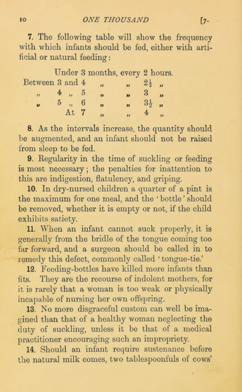 7. The following table will show the frequency with which infants should be fed, either with arti- ficial or natural feeding: Under 3 months, every 2 hours. Between 3 and 4 99 99 99 4 „ 5 99 3 99 v 5 „ 6 99 » 31 99 At 7 >7 4 93 8. As the intervals increase, the quantity should be augmented, and an infant should not be raised from sleep to be fed. 9. Regularity in the time of suckling or feeding is most necessary; the penalties for inattention to this are indigestion, flatulency, and griping. 10. In dry-nursed children a quarter of a pint is the maximum for one meal, and the ‘ bottle ’ should be removed, whether it is empty or not, if the child exhibits satiety. 11. When an infant cannot suck properly, it is generally from the bridle of the tongue coming too far forward, and a surgeon should be called in to remedy this defect, commonly called ‘ tongue-tie.’ 12. Feeding-bottles have killed more infants than fits. They are the recourse of indolent mothers, for it is rarely that a woman is too weak or physically incapable of nursing her own offspring. 13. No more disgraceful custom can well be ima- gined than that of a healthy woman neglecting the duty of suckling, unless it be that of a medical practitioner encouraging such an impropriety. 14. Should an infant require sustenance before the natural milk comes, two tablespoonfuls of cows’