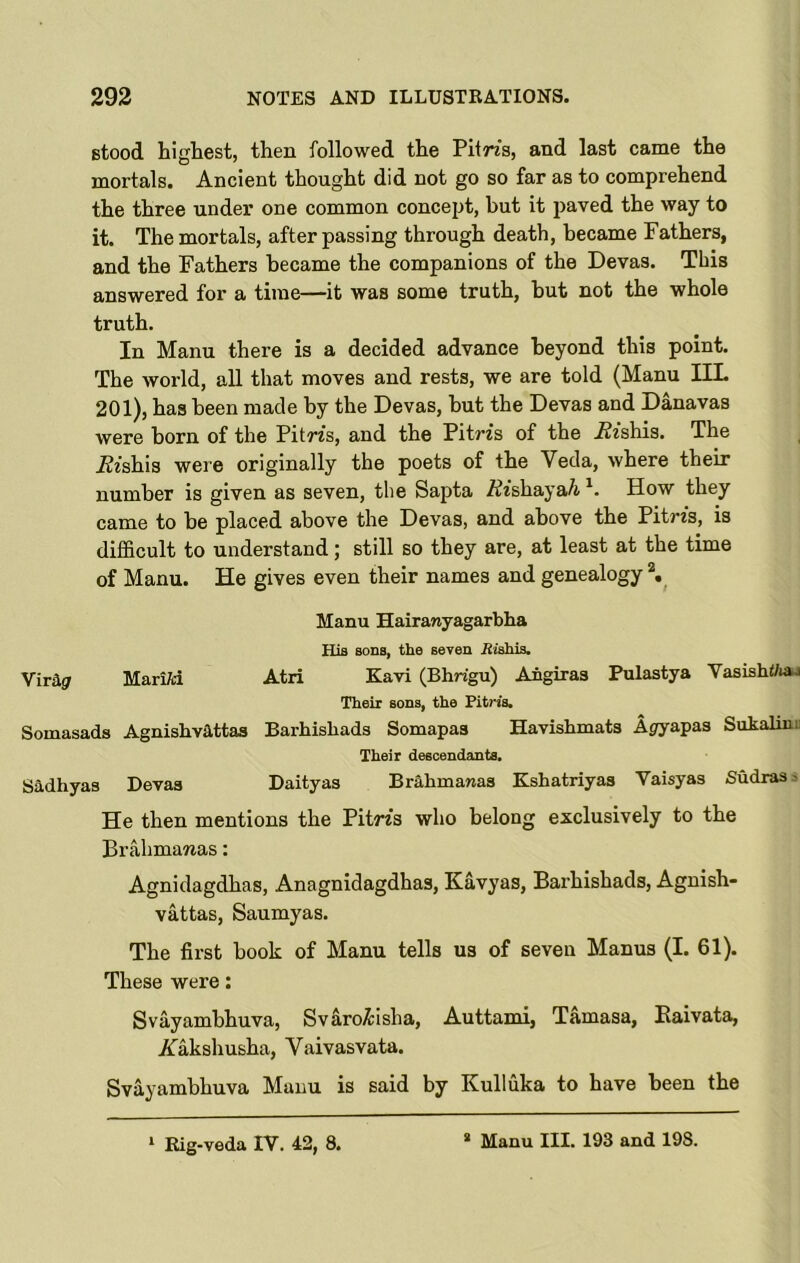 stood highest, then followed the Pitns, and last came the mortals. Ancient thought did not go so far as to comprehend the three under one common concept, but it paved the way to it. The mortals, after passing through death, became Fathers, and the Fathers became the companions of the Devas. This answered for a time—it was some truth, but not the whole truth. In Manu there is a decided advance beyond this point. The world, all that moves and rests, we are told (Manu IIL 201), has been made by the Devas, but the Devas and Danavas were born of the Pitns, and the Pitrzs of the .Bzshis. The 7?zshis were originally the poets of the Veda, where their number is given as seven, the Sapta Az'shaya/i How they came to be placed above the Devas, and above the Pitns, is difficult to understand; still so they are, at least at the time of Manu. He gives even their names and genealogy Manu Hairawyagarbha His sons, the seven iiishis. Vira? Marifti Atri Kavi (Bhrigu) Angiras Pulastya Vasiaht/iaj Their sons, the Pitns. Somasads AgnisliYattas Barhisliads Somapas Havishmats Agyapas Sdkalinii Their descendants. Sadhyas Devas Daityas Brahmanas Kshatriyas Vaisyas Sudras = He then mentions the Pitrz's who belong exclusively to the Brahmanas: Agnidagdhas, Anagnidagdhas, Kavyas, Barhishads, Agnish- vattas, Saumyas. The first book of Manu tells us of seven Manus (I. 61). These were: Svayambhuva, Svaro^isha, Auttami, Tamasa, Eaivata, Aakshusha, Vaivasvata. Svayambhuva Manu is said by Kulluka to have been the ‘ Rig-veda IV. 42, 8. * Manu III. 193 and 198.