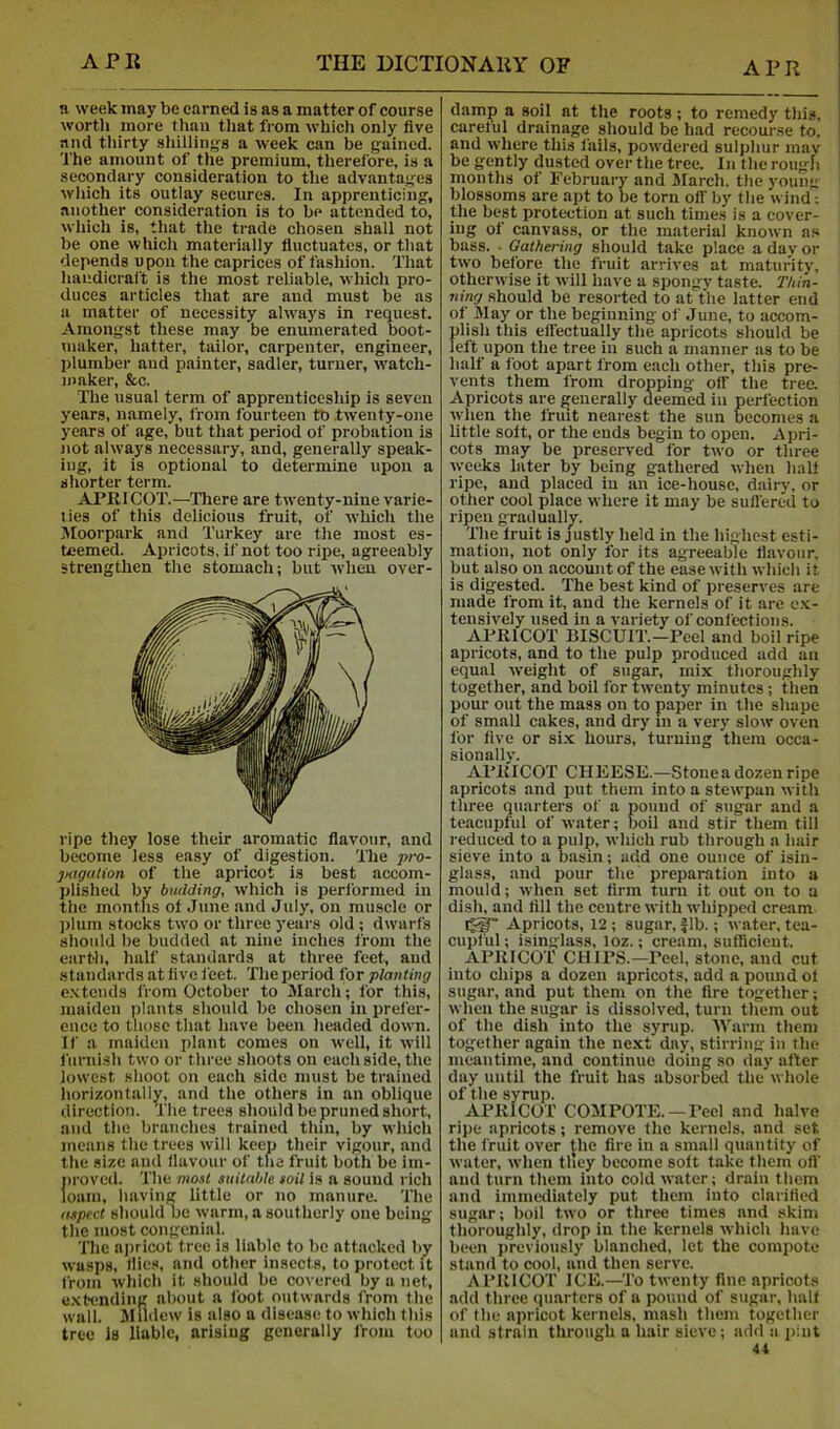 a week may be earned is as a matter of course wortli more than tliat from which only five and tliirty shillinj^s a week can be gained. The amount of tlie premium, therefore, is a secondary consideration to the advantages wliich its outlay secures. In apprenticing, another consideration is to be attended to, which is, that the trade chosen shall not be one which materially fluctuates, or that depends upon the caprices of fashion. That handicraft is the most reliable, which pro- duces articles that are and must be as a matter of necessity always in request. Amongst these may be enumerated boot- xnaker, hatter, tailor, carpenter, engineer, plumber aud painter, sadler, turner, watch- maker, &c. The usual term of apprenticeship is seven years, namely, from fourteen to twenty-one years of age, but that period of probation is not always necessary, and, generally speak- ing, it is optional to determine upon a shorter term. APRICOT.—There are twenty-nine varie- ties of this delicious fruit, of which the Moorpark and Turkey are the moat es- teemed. Apricots, if not too ripe, agreeably strengthen the stomach; but when over- ripe they lose their aromatic flavottr, and become less easy of digestion. The pro- pugation of the apricot is best accom- plished by budding, which is performed in the months ot June and July, on muscle or ])lum stocks two or three years old ; dwarfs should be budded at nine inches from the earth, half standards at three feet, aud standards at five I'eet. The period for planting c.xtends from October to March; for this, maiden plants should be chosen in prefer- ence to those that have been headed down. If a maiden plant comes on well, it will I’urnish two or three shoots on each side, the lowest shoot on each side must be trained horizontally, and the others in an oblique direction. The trees should be pruned short, and the branches trained thin, by which means the trees will keep their vigour, and the size aud flavour of the fruit both be im- lu'oved. The most suitable soil is a sound rich loam, having little or no manure. The aspect should be warm, a southerly one being the most congenial. The ajiricot tree is liable to be attacked by wasps, flics, and other insects, to protect it from which it should be covered by a net, e.vtending about a foot outwards from the wall. Mildew is also a disease to which this tree is liable, arising generally I'rom too damp a soil at the roots; to remedy this, careful drainage should be h.id recourse to, and where this fails, powdered sulphur mav be gently dusted over the tree. In the rougb months of February and March, the young blossoms are apt to be torn off by the wind; Rie best protection at such times is a cover- ing of canvass, or the material known as bass. . Qathering should take place a day or two before the fruit arrives at maturity, otherwise it will have a spongv taste. Thin- ning should be resorted to at the latter end of May or the beginning of June, to accom- plish this eflectually the apricots should be left upon the tree in such a manner as to be half a foot apart from each other, this pre- vents them from dropping oif the trea Apricots are generally deemed in perfection when the fruit nearest the sun becomes a little sott, or the ends begin to open. Apri- cots may be preserved for two or three weeks later by being gathered when halt ripe, and placed in an ice-house, dairy, or other cool place where it may be suflered to ripen gradually. The Iruit is justly held in the highest esti- mation, not only for its agreeable flavour, but also on account of the ease with which it is digested. The best kind of preserves are made from it, and the kernels of it are ex- tensively used in a variety of confections. APRICOT BISCUIT.—Peel and boil ripe apricots, and to the pulp produced add an equal weight of sugar, mix thoroughly together, and boil for twenty minutes; then pom- out the mass on to paper in the shape of small cakes, and dry m a very slow oven for five or six hours, turning them occa- sionally. APRICOT CHEESE.—Stone a dozen ripe apricots and put them into a stewpan with three quarters of a pound of sugar and a te.acupful of water; boil and stir them till reduced to a pulp, which rub through a hair sieve into a basin; add one ounce of isin- glass, and pour the preparation into a mould; when set firm turn it out on to a dish, and fill the centre with whipped cream Apricots, 12 ; sugar, |lb.; water, tea- cupful ; isinglass, loz.; cream, sufficient. APRICOT CHIPS.—Peel, stone, and cut into chips a dozen apricots, add a pound of sugar, and put them on the fire together; when the sugar is dissolved, turn them out of the dish into the syrup. 'Warm them together again the next day, stirring in the meantime, and continue doing so day after day until the fruit has absorbed the whole of the syrup. APRICOT COMPOTE. —Peel and halve ripe apricots; remove the kernels, and set the fruit over the fire in a small quantity of water, when tlley become soft fake them off and turn them into cold water; drain them and immediately put them into clarified sugar; boil two or three times and skim thoroughly, drop in the kernels which have been previously blanched, let the compote stand to cool, and then serve. APRICOT ICE.—To twenty fine apricots add three quarters of a pound of sugar, hall of the apricot kernels, mash them together and strain through a hair sieve ; add a pint