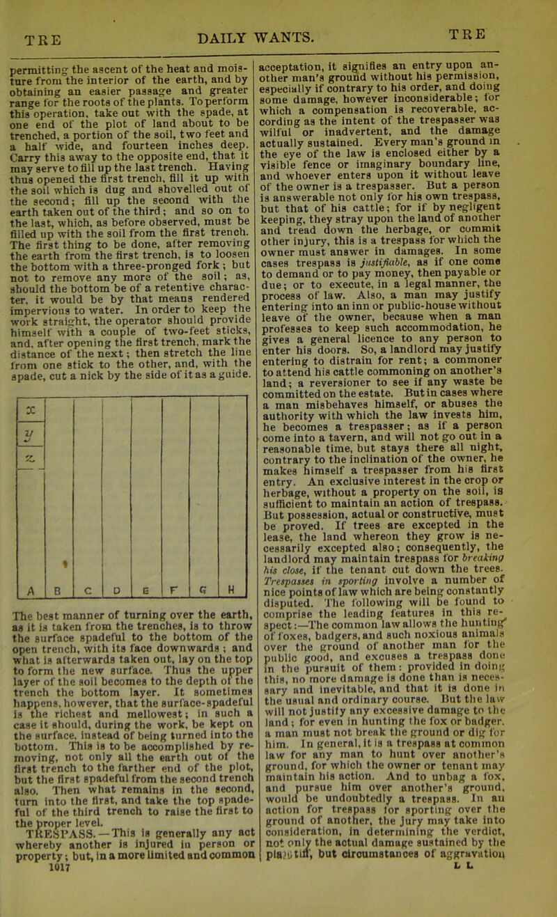 permitting' the ascent of the heat and mois- ture from the interior of the earth, and by obtaining an easier passage and greater range for the roots of the plants. To perform this operation, take out ■with the spade, at one end of the plot of land about to be trenched, a portion of the soil, two feet and a half wide, and fourteen inches deep. Carry this away to the opposite end, that it may serve to fill up the last trench. Having thus opened the first trench, fill it up with the soil which is dug and shovelled out of the second; fill up the second with the earth taken out of the third; and so on to the last, which, as before observed, must be filled up with the soil from the first trench. The first thing to be done, after removing the earth from the first trench, is to loosen the bottom with a three-pronged fork ; but not to remove any more of the soil; as, should the bottom be of a retentive charac- ter. it would be by that means rendered impervious to water. In order to keep the work straight, the operator should provide himself with a couple of two-feet sticks, and, after opening the first trench, mark the distance of the next; then stretch the line from one stick to the other, and, with the spade, cut a nick by the side of it as a guide. The best manner of turning over the earth, as it is taken from the trenches, is to throw the surface spadeful to the bottom of the open trench, with its face downwards ; and what is afterwards taken out, lay on the top to form the new surface. Thus the upper layer of the soil becomes to the depth of the trench the bottom layer. It sometimes happens, however, that the surface-spadeful is the richest and mellowest; in such a case it should, during the work, be kept on the surface, instead of being turned into the bottom. This is to be accomplished by re- moving, not only all the earth out of the first trench to the farther end of the plot, but the first spadeful from the second trench also. Then what remains In the second, turn into the first, and take the top spade- ful of the third trench to raise the first to the proper level. TUESl’ASS. —This Is generally any act whereby another is injured in person or property; but, in a more limited and common 1017 acceptation, it signifies an entry upon an- other man’s ground without his permission, especially if contrary to his order, and doing some damage, however inconsiderable; tor which a compensation is recoverable, ac- cording as the intent of the trespasser was wilful or inadvertent, and the damage actually sustained. Every man’s ground in the eye of the law is enclosed either by a visible fence or imaginary boundary line, and whoever enters upon it without leave of the owner is a trespasser. But a person is answerable not only for his own trespass, but that of his cattle; for if by negligent keeping, they stray upon the land of another and tread down the herbage, or commit other injury, this is a trespass for which the owner must answer in damages. In some cases trespass is justifiable, as if one come to demand or to pay money, then payable or due; or to execute, in a legal manner, the process of law. Also, a man may justify entering into an inn or public-house without leave of the owner, because when a man professes to keep such accommodation, he gives a general licence to any person to enter his doors. So, a landlord may justify entering to distrain for rent; a commoner to attend his cattle commoning on another’s land; a reversioner to see if any waste be committed on the estate. But in cases where a man misbehaves himself, or abuses the authority with which the law invests him, he becomes a trespasser; as if a person come into a tavern, and will not go out in a reasonable time, but stays there all night, contrary to the inclination of the owner, he makes himself a trespasser from his first entry. An exclusive interest in the crop or herbage, without a property on the soil, is sufficient to maintain an action of trespass. But possession, actual or constructive, must be proved. If trees are excepted in the lease, the land whereon they grow is ne- cessarily excepted also; consequently, the landlord may maintain trespass for breaking his close, if the tenant cut down the trees. Trespasses in sporting involve a number of nice points of law which are being constantly disputed. The following will be found to comprise the leading features in this re- spect :—The common law allows the hunting of foxes, badgers, and such noxious animals over the ground of another man for the public good, and excuses a trespass done In the pursuit of them: provided in doing this, no more damage is done than is neces- sary and inevitable, and that It is done In the usual and ordinary course. But the law will not justify any excessive damage to the land ; for even in hunting the fox or badger, a man must not break the ground or dig for him. In general, it is a trespass at common law for any man to hunt over another’s ground, for which the owner or tenant may maintain his action. And to unbag a fox, and pursue him over another’s ground, would be undoubtedly a trespass. In an action for trespass lor sporting over the ground of another, the jury may take into consideration, in determining the verdict, not only the actual damage sustained by the pISMitm, but oiroumstanoes of aggravation L L