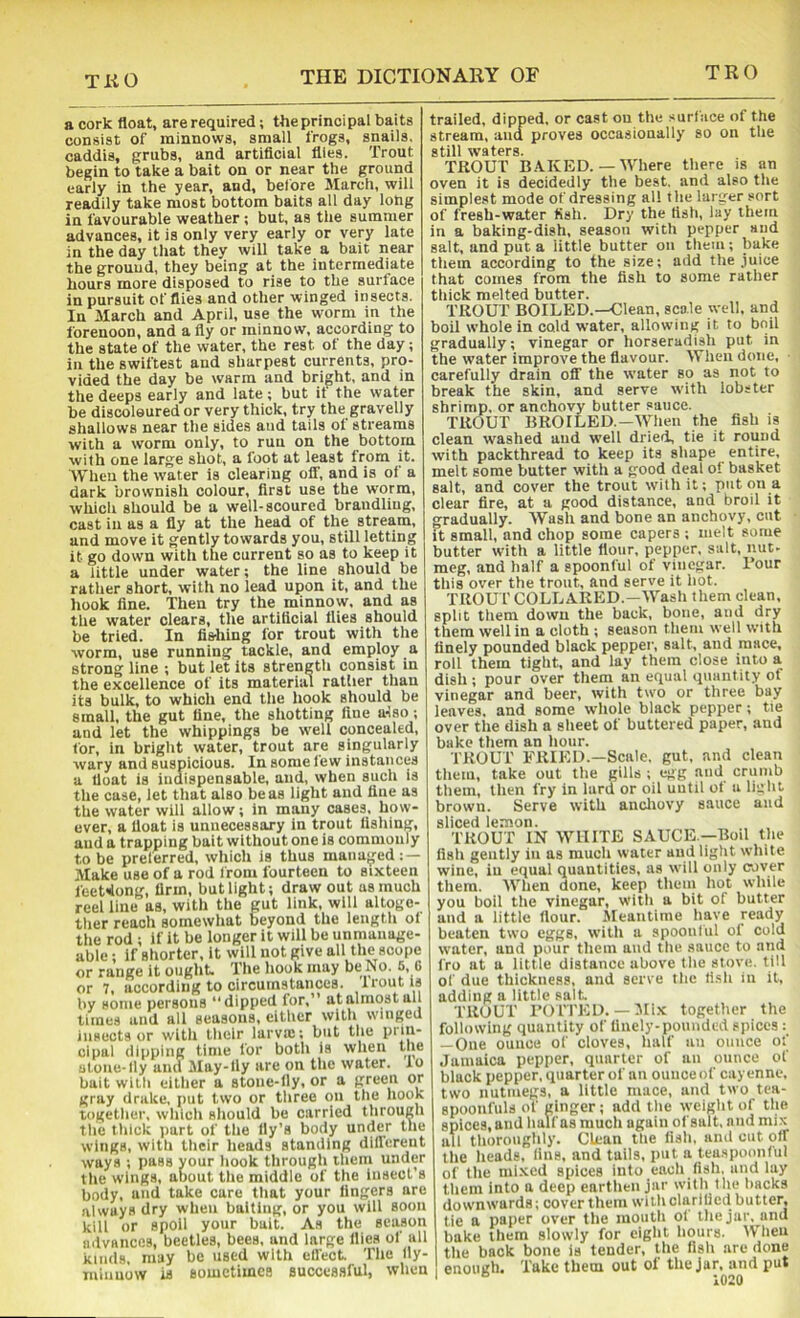 TKO a cork float, are required; the principal baits consist of minnows, small frogs, snails, caddis, grubs, and artiflcial flies. Trout begin to take a bait on or near the ground early in the year, and, before March, will readily take most bottom baits all day long in favourable weather ; but, as the summer advances, it is only very early or very late in the day that they will take a bait near the ground, they being at the intermediate hours more disposed to rise to the surface in pursuit of flies and other winged insects. In March and April, use the worm in the forenoon, and a fly or minnow, according to the state of the water, the rest of the day; in the swiftest and sharpest currents, pro- vided the day be warm and bright, and in the deeps early and late; but if the water be discoloured or very thick, try the gravelly shallows near the sides and tails of streams with a worm only, to run on the bottom with one large shot, a foot at least from it. When the water is clearing olf, and is of a dark brownish colour, first use the worm, which should be a well-scoured brandling, cast in as a fly at the head of the stream, and move it gently towards you, still letting it go down with the current so as to keep it a little under water; the line should be rather short, with no lead upon it, and the hook line. Then try the minnow, and as the water clears, the artificial flies should be tried. In fisliing for trout with the worm, use running tackle, and employ a strong line ; but let its strength consist in the excellence of its materhil ratlier than its bulk, to which end the hook should be small, the gut line, the shotting line a-iso; and let the whippings be ■well concealed, for, in bright water, trout are singularly wary and suspicious. In some lew instances a float is indispensable, and, when such is the case, let that also be as light and line as the water will allow; in many cases, how- ever, a float is unnecessary in trout fishing, and a trapping bait without one is commonly to be prelerred, which is thus managed: — Make use of a rod from fourteen to sixteen feet«4ong, firm, but light; draw out as much reel line as, with the gut link, will altoge- ther reach somewhat beyond the length ol the rod ; if it be longer it will be unmanage- able ; if shorter, it will not give all the scope or range it ought. The hook may be No. 6, 6 or 7, according to circumstances. 1 rout is by some persons “dipped for,” at almost all times and all seasons, either with winged insects or with their larvas; but the pr'jt' clpal dipping time for both is when the atone-fly and May-fly are on the water, lo bait with either a stone-fly, or a green or gray drake, put two or three on the hook together, which should be carried through the thick part of the fly’s body under the wings, with their heads standing different ways ; pass your hook through them under the wings, about the middle of the insect’s body, and take care that your lingers are always dry when baiting, or you will soon kill or spoil your bait. As the season advances, beetles, bees, and large flies of all kinds, may be used with effect. The lly- niinuow is sometimes successful, when trailed, dipped, or cast on the surface of the stream, and proves occasionally so on the still waters. TROUT B.A.KED. — IVhere there is an oven it is decidedly the best, and also the simplest mode of dressing all the larger sort of fresh-water fish. Dry the fish, lay them in a baking-dish, season with pepper and salt, and put a little butter on them; bake them according to the size; add the juice that comes from the fish to some rather thick melted butter. TROUT BOILED.—Clean, scale well, and boil whole in cold ■water, allowing it to boil gradually; vinegar or horseradish put in the water improve the flavour. IVhen done, carefully drain off the water so as not to break the skin, and serve with lobster shrimp, or anchovy butter sauce. TROUT BROILED.—When the fish is clean washed and well dried, tie it round with packthread to keep its shape entire, melt some butter with a good deal of basket salt, and cover the trout with it; put on a clear fire, at a good distance, and broil it gradually. Wash and bone an anchovy, cut it small, and chop some capers ; melt some butter with a little flour, pepper, salt, nut- meg, and half a spoonful of vinegar. I’our this over the trout, and serve it hot. TROUT COLLARED.—Wash them clean, split them down the back, bone, and dry them well in a cloth ; season them well with finely pounded black pepper, salt, and mace, roll them tight, and lay them close into a dish ; pour over them an equal quantity of vinegar and beer, with two or three bay leaves, and some ■whole black pepper; tie over the dish a sheet of buttered paper, and bake them an hour. TROUT FRIED.-Scale, gut, and clean them, take out the gills ; egg and crumb them, then fry in lard or oil until of a light browu. Serve with ancliovy sauce and sliced lemon. TROUT IN WHITE SAUCE—Boil the fish gently in as much water and light white wine, iu equal quantities, as will only cover them. AVhen done, keep thein hot while you boil the vinegar, with a bit of butter and a little flour, jleautime have ready beaten two eggs, with a spoonful of cold water, and pour them and the sauce to and fro at a little distance above the stove, till of due thickness, and serve the fish in it, adding a little salt. TROUT TOTTED.— Mix together the following quantity of finely-pounded spices : —One ounce of cloves, half an ounce of Jamaica pepper, quarter of an ounce of black pepper, quarter of an ounce of cayenne, two nutmegs, a little mace, and two tea- spoonfuls of ginger ; add the weight of the spices, and half as much again of salt, and mix all thoroughly. Clean the fish, and cut off the heads, fins, and tails, put a tea.spoonful of the mi.xcd spices into each fish, and lay them into a deep earthen jar with the backs downwards; cover them with clarified butter, tie a paper over the mouth of iliejar. and bake them slowly for eight hours. When the back bone is tender, the fish are done enough. Take them out of the jar. and put