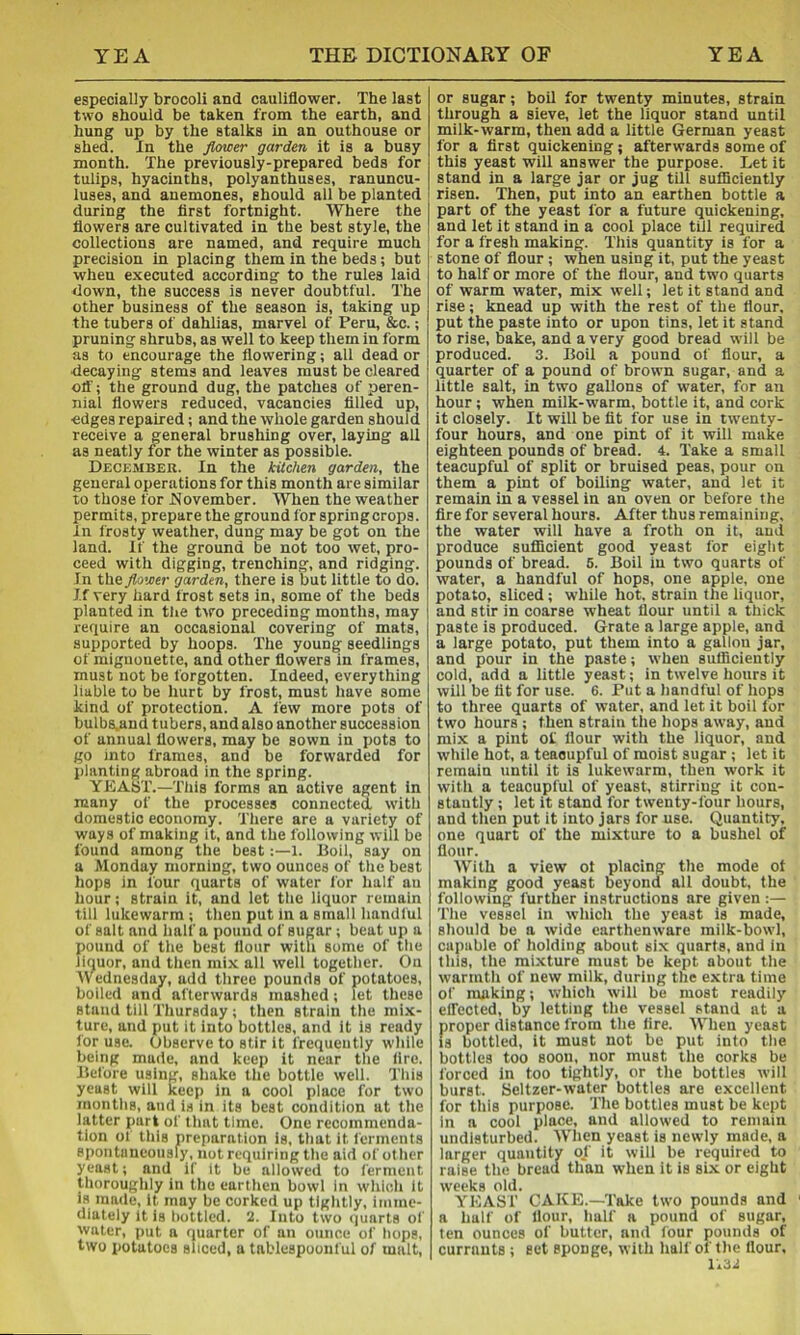 especially brocoli and cauliflower. The last two should be taken from the earth, and hung up by the stalks in an outhouse or shed. In the flower garden it is a busy month. The previously-prepared beds for tulips, hyacinths, polyanthuses, ranuncu- luses, and anemones, should all be planted during the first fortnight. Where the flowers are cultivated in the best style, the collections are named, and require much precision in placing them in the beds; but when executed according to the rules laid down, the success is never doubtful. The other business of the season is, taking up the tubers of dahlias, marvel of Peru, &c.; pruning shrubs, as well to keep them in form as to encourage the flowering; all dead or decaying stems and leaves must be cleared oil’; the ground dug, the patches of peren- nial flowers reduced, vacancies filled up, edges repaired; and the whole garden should receive a general brushing over, laying all as neatly for the winter as possible. December. In the kitchen garden, the general operations for this month are similar to those for November. When the weather permits, prepare the ground for spring crops. In frosty weather, dung may be got on the land. If the ground be not too wet, pro- ceed with digging, trenching, and ridging. In the flower garden, there is but little to do. If very hard frost sets in, some of the beds planted in tlie two preceding months, may require an occasional covering of mats, supported by hoops. The young seedlings of miguouette, and other flowers in frames, must not be forgotten. Indeed, everything liable to be hurt by frost, must have some kind of protection. A few more pots of bulbs.and tubers, and also another succession of annual flowers, may be sown in pots to go into frames, and be forwarded for planting abroad in the spring. YEAST.—This forms an active agent in many of the processes connected with domestic economy. There are a variety of ways of making it, and the following will be found among the best1. Boil, say on a Monday morning, two ounces of the best hops in four quarts of water for half an hour; strain it, and let the liquor remain till lukewarm ; then put in a small handful of salt and half a pound of sugar; beat up a pound of the best flour with some of the Jiouor, and then mix all well together. On AVednesday, add three pounds of potatoes, boiled and afterwards mashed; let these stand till Thursday ; then strain the mix- ture, and put it into bottles, and it is ready for use. Observe to stir it frequently while being made, and keep it near the lire. ISefore using, shake the bottle well. This yeast will keep in a cool place for two months, and is in its best condition at the latter part of that time. One recommenda- tion of this preparation is, that it ferments spontaneously, not requiring the aid of other yeast; and if it be allowed to ferment thorouglily in the earthen bowl in which it is made, it may be corked up tightly, imme- diately it is bottled. 2. Into two (|uarts of water, put a quarter of an ounce of hops, two potatoes sliced, a tablespoonful of malt. or sugar; boil for twenty minutes, strain through a sieve, let the liquor stand until milk-warm, then add a little German yeast for a first quickening; afterwards some of this yeast will answer the purpose. Let it stand in a large jar or jug tUl sufliciently risen. Then, put into an earthen bottle a part of the yeast for a future quickening, and let it stand in a cool place till required for a fresh making. This quantity is for a stone of flour ; when using it, put the yeast to half or more of the flour, and two quarts of warm water, mix well; let it stand and rise; knead up with the rest of the flour, put the paste into or upon tins, let it stand to rise, bake, and a very good bread will be produced. 3. Boil a pound of flour, a quarter of a pound of brown sugar, and a little salt, in two gallons of water, for an hour; when milk-warm, bottle it, and cork it closely. It will be tit for use in tw'enty- four hours, and one pint of it will make eighteen pounds of bread. 4. Take a small teacupful of split or bruised peas, pour on them a pint of boiling water, and let it remain in a vessel in an oven or before the fire for several hours. After thus remaining, the water will have a froth on it. aud produce sufficient good yeast for eight pounds of bread. 6. Boil in two quarts of water, a handful of hops, one apple, one potato, sliced ; while hot, strain the liquor, and stir in coarse wheat flour until a thick paste is produced. Grate a large apple, and a large potato, put them into a gallon jar, and pour in the paste; when sufficiently cold, add a little yeast; in twelve hours it will be tit for use. 6. Put a handful of hops to three quarts of water, and let it boil for two hours ; then strain the hops away, and mix a pint of flour with the liquor, and while hot, a teaoupful of moist sugar ; let it remain until it is lukewarm, then work it with a teacupful of yeast, stirring it con- stantly ; let it stand for twenty-four hours, and then put it into jars for use. Quantity, one quart of the mixture to a bushel of flour. AV'ith a view ot placing the mode ot making good yeast beyond all doubt, the following further instructions are given :— The vessel in wliich the yeast is made, should be a wide earthenware milk-bowl, capable of holding about six quarts, and in this, the mixture must be kept about the warmth of new milk, during the extra time of making; which will be most readily etfected, by letting the vessel stand at a proper distance from the tire. AVhen yeast IS bottled, it must not be put into the bottles too soon, nor must the corks be forced in too tightly, or the bottles will burst. Seltzer-water bottles are excellent for this purpose. The bottles must be kept in a cool place, and allowed to remain undisturbed. AVhen yeast is newly made, a larger quantity of it will be required to raise the bread than when it is six or eight weeks old. YEAST CAKE.—Take two pounds and a half of flour, half a pound of sugar, ten ounces of butter, and tour pounds of currants ; set sponge, with half of the Hour, i;32