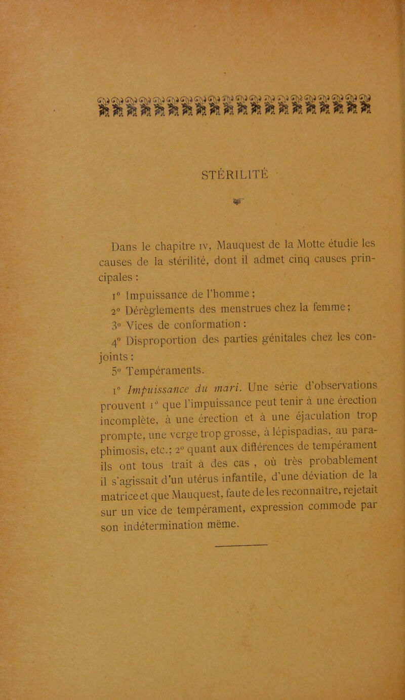 STÉRILITÉ 30>~ Dans le chapitre iv, Maüquest de la Motte étudie les causes de la stérilité, dont il admet cinq causes prin- cipales : i° Impuissance de l’homme; 2° Dérèglements des menstrues chez la femme; 3° Vices de conformation : 4° Disproportion des parties génitales chez les con- joints ; 5° Tempéraments. i° Impuissance du mari. Une séiie d obseï vations prouvent i° que l’impuissance peut tenir à une érection incomplète, à une érection et à une éjaculation trop prompte, une verge trop grosse, à lépispadias, au para- phimosis, etc.; 2° quant aux différences de tempérament ils ont tous trait à des cas , où très probablement il s’agissait d’un utérus infantile, d’une déviation de la matrice et que Mauquest, faute de les reconnaître, rejetait sur un vice de tempérament, expression commode par son indétermination meme.