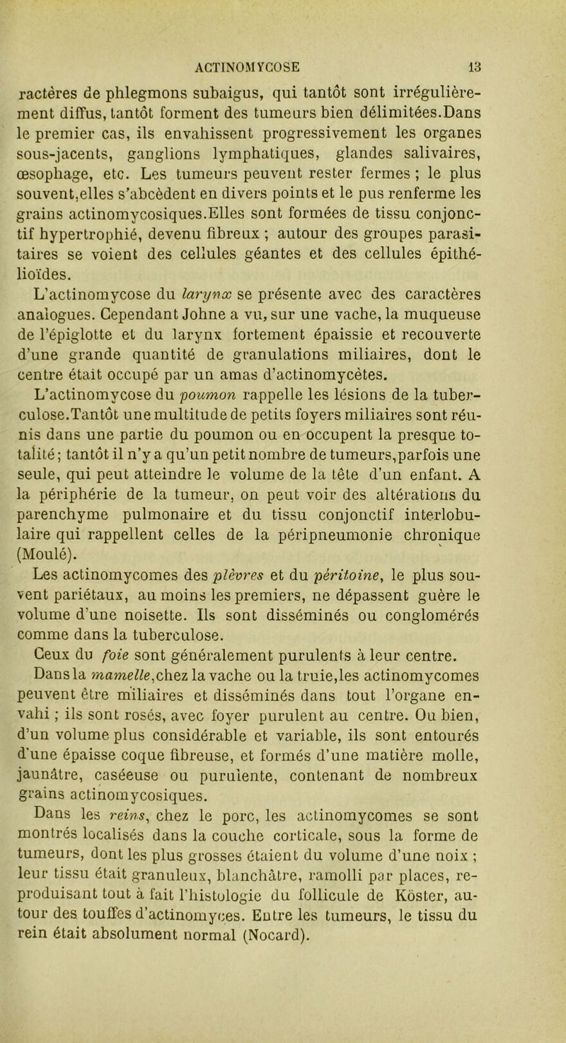 ractères de phlegmons subaigus, qui tantôt sont irrégulière- ment diffus, tantôt forment des tumeurs bien délimitées.Dans le premier cas, ils envahissent progressivement les organes sous-jacents, ganglions lymphatiques, glandes salivaires, œsophage, etc. Les tumeurs peuvent rester fermes ; le plus souvent,elles s’abcèdent en divers points et le pus renferme les grains actinomycosiques.Elles sont formées de tissu conjonc- tif hypertrophié, devenu fibreux ; autour des groupes parasi- taires se voient des cellules géantes et des cellules épithé- lioïdes. L’actinomycose du larynx se présente avec des caractères analogues. Cependant Johne a vu, sur une vache, la muqueuse de l’épiglotte et du larynx fortement épaissie et recouverte d’une grande quantité de granulations miliaires, dont le centre était occupé par un amas d’actinomycètes. L’actinomvcose du poumon rappelle les lésions de la tuber- culose.Tan tôt une multitude de petits foyers miliaires sont réu- nis dans une partie du poumon ou en occupent la presque to- talité ; tantôt il n’v a qu’un petit nombre de tumeurs,parfois une seule, qui peut atteindre le volume de la tête d’un enfant. A la périphérie de la tumeur, on peut voir des altérations du parenchyme pulmonaire et du tissu conjonctif interlobu- laire qui rappellent celles de la péripneumonie chronique (Moulé). Les actinomycomes des plèvres et du péritoine, le plus sou- vent pariétaux, au moins les premiers, ne dépassent guère le volume d'une noisette. Ils sont disséminés ou conglomérés comme dans la tuberculose. Ceux du foie sont généralement purulents à leur centre. Dans la mamelle,chez la vache ou la truie,les actinomycomes peuvent être miliaires et disséminés dans tout l’organe en- vahi ; ils sont rosés, avec foyer purulent au centre. Ou bien, d’un volume plus considérable et variable, ils sont entourés d’une épaisse coque fibreuse, et formés d’une matière molle, jaunâtre, caséeuse ou purulente, contenant de nombreux grains actinomycosiques. Dans les reins, chez le porc, les actinomycomes se sont montrés localisés dans la couche corticale, sous la forme de tumeurs, dont les plus grosses étaient du volume d’une noix ; leur tissu était granuleux, blanchâtre, ramolli par places, re- produisant tout à fait l’histologie du follicule de Koster, au- tour des touffes d’actinomyces. Entre les tumeurs, le tissu du rein était absolument normal (Nocard).