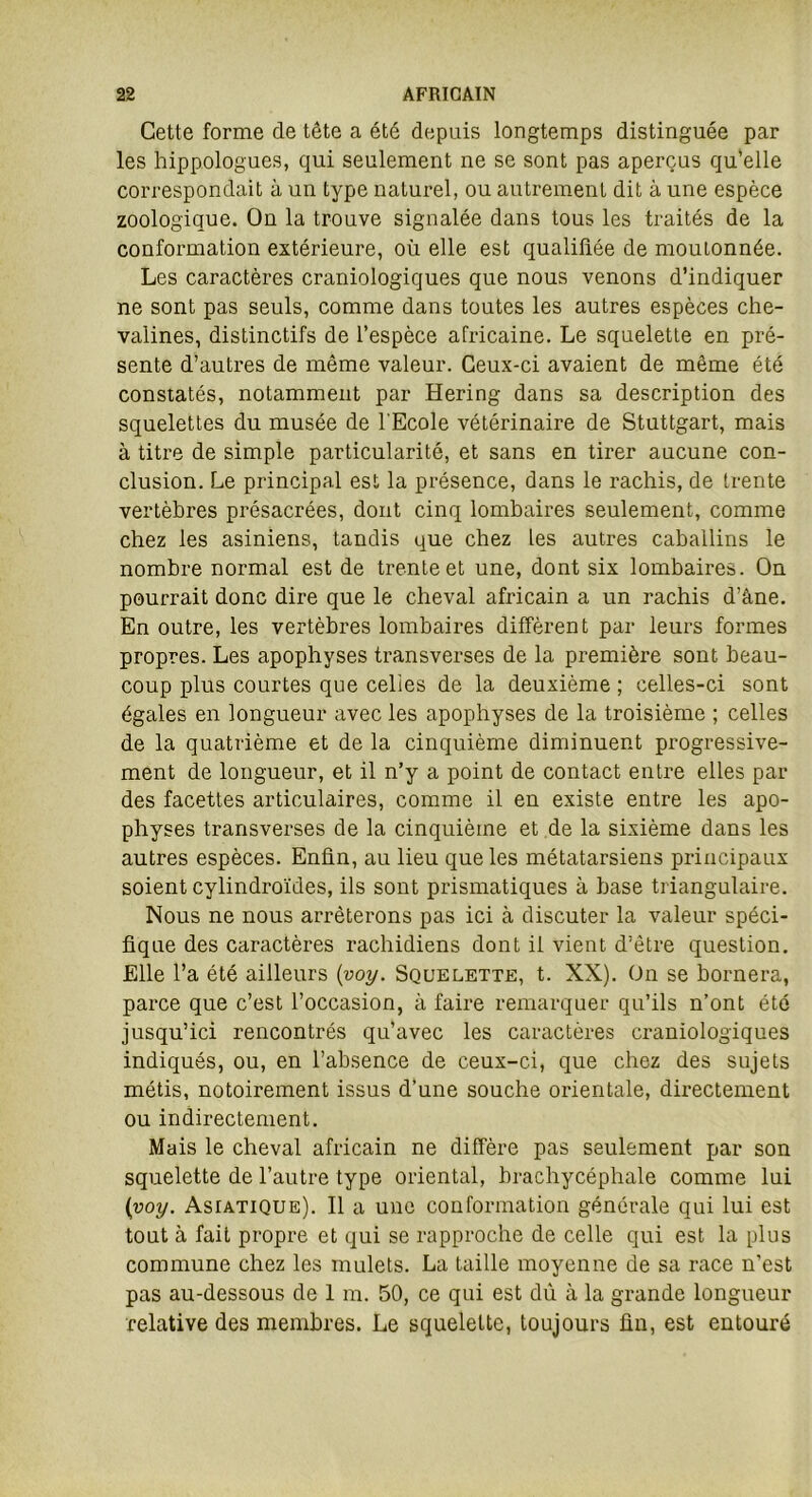Cette forme de tête a été depuis longtemps distinguée par les hippologues, qui seulement ne se sont pas aperçus qu'elle correspondait à un type naturel, ou autrement dit à une espèce zoologique. On la trouve signalée dans tous les traités de la conformation extérieure, où elle est qualifiée de mouLonnée. Les caractères craniologiques que nous venons d’indiquer ne sont pas seuls, comme dans toutes les autres espèces che- valines, distinctifs de l’espèce africaine. Le squelette en pré- sente d’autres de même valeur. Ceux-ci avaient de même été constatés, notamment par Hering dans sa description des squelettes du musée de l'Ecole vétérinaire de Stuttgart, mais à titre de simple particularité, et sans en tirer aucune con- clusion. Le principal est la présence, dans le rachis, de trente vertèbres présacrées, dont cinq lombaires seulement, comme chez les asiniens, tandis que chez les autres caballins le nombre normal est de trente et une, dont six lombaires. On pourrait donc dire que le cheval africain a un rachis d’âne. En outre, les vertèbres lombaires diffèrent par leurs formes propres. Les apophyses transverses de la première sont beau- coup plus courtes que celles de la deuxième ; celles-ci sont égales en longueur avec les apophyses de la troisième ; celles de la quatrième et de la cinquième diminuent progressive- ment de longueur, et il n’y a point de contact entre elles par des facettes articulaires, comme il en existe entre les apo- physes transverses de la cinquième et de la sixième dans les autres espèces. Enfin, au lieu que les métatarsiens principaux soient cylindroïdes, ils sont prismatiques à hase triangulaire. Nous ne nous arrêterons pas ici à discuter la valeur spéci- fique des caractères rachidiens dont il vient d’être question. Elle l’a été ailleurs (voy. Squelette, t. XX). On se bornera, parce que c’est l’occasion, à faire remarquer qu’ils n’ont été jusqu’ici rencontrés qu’avec les caractères craniologiques indiqués, ou, en l’absence de ceux-ci, que chez des sujets métis, notoirement issus d’une souche orientale, directement ou indirectement. Mais le cheval africain ne diffère pas seulement par son squelette de l’autre type oriental, brachycéphale comme lui (voy. Asiatique). Il a une conformation générale qui lui est tout à fait propre et qui se rapproche de celle qui est la plus commune chez les mulets. La taille moyenne de sa race n’est pas au-dessous de 1 m. 50, ce qui est dû à la grande longueur relative des membres. Le squelette, toujours fin, est entouré