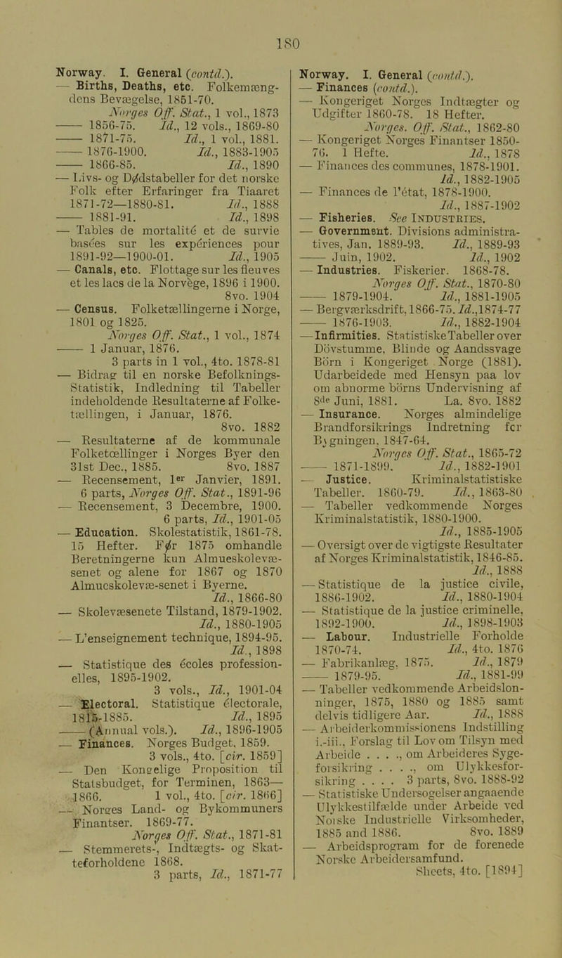 Norway. I. General (contd.). — Births, Deaths, etc. Folkemamg- dens Bevaegelse, 1851-70. Norges Off. Stat., 1 vol., 1873 185G-75. Icl., 12 vols., 18G9-80 1871-75. Id., 1 vol., 1881. 1876-1900. Id., 1883-1905 18G6-85. Id., 1890 — I.ivs- og D^dstabeller for det norske Folk efter Erfaringer fra Tiaaret 1871-72—1880-81. Id., 1888 1881-91. Id., 1898 — Tables de mortality et de survie basees sur les experiences pour 1891-92—1900-01. Id., 1905 — Canals, etc. Flottage sur les fleuves et les lacs de la Norvige, 1896 i 1900. 8vo. 1904 — Census. Folketasllingerne i Norge, 1801 og 1825. Norges Off. Stat., 1 vol., 1874 1 Januar, 1876. 3 parts in 1 vol., 4to. 1878-81 — Bidrag til en norske Befolknings- Statistik, Indledning til Tabeller indeholdende Resultaterne af Folke- trellingen, i Januar, 1876. 8vo. 1882 — Resultaterne af de kommunale Folketoellinger i Norges Byer den 31st Dec., 1885. 8vo. 1887 — Recensement, ler Janvier, 1891. 6 parts, Norges Off. Stat., 1891-96 — Recensement, 3 Decembre, 1900. 6 parts, Id., 1901-05 — Education. Slcolestatistik, 1861-78. 15 Hefter. F^r 1875 omhandle Beretningerne kun Almueskolevfe- senet og alene for 1S67 og 1870 Almucskolevas-senet i Byerne. Id., 1866-80 — Skolevsesenete Tilstand, 1879-1902. Id., 1880-1905 — L’enseignement technique, 1894-95. Id., 1898 — Statistique des dcoles profession- elles, 1895-1902. 3 vols., Id., 1901-04 — Electoral. Statistique dlectorale, 1 Sib-1885. Id., 1895 (Annual vols.). Id., 1896-1905 — Finances. Norges Budget. 1859. 3 vols., 4to. [cir. 1859] — Den Konselige Proposition til Statsbudget, for Terminen, 1863— 1866. 1 vol., 4to. [c/r. 1866] — Norges Land- og Bykommuners Finantser. 1869-77. Norges Off. Stat., 1871-81 — Stemmerets-, Indtmgts- og Skat- teforholdene 1868. 3 parts, Id., 1871-77 Norway. I. General (contd.). — Finances [contd.). — Kongeriget Norges Indtsegter og Ddgifter 1860-78. 18 Hefter. Norges. Off. Stat., 1862-80 — Kongeriget Norges Finantser 1850- 76. 1 Hefto. Id., 1878 — Finances des communes, 1878-1901. Id., 1882-1905 — Finances de l’etat, 1878-1900. Id., 1887-1902 — Fisheries. See Industries. — Government. Divisions administra- tives, Jan. 1889-93. Id., 1889-93 Juin, 1902. Id., 1902 — Industries. Fiskerier. 1868-78. Norges Off. Stat., 1870-80 1879-1904. ‘ Id., 1881-1905 — Bergvasrksdrift. 1866-75. Id., 1874-77 - 1876-1903. Id., 1882-1904 — Infirmities. StatistiskeTabeller over Dovstumme, Blinde og Aandssvage Born i Kongeriget Norge (1881). Udarbeidede med Hensyn paa lov om abnorme borns Undervisning af S(le Juni, 1881. La. 8vo. 1882 — Insurance. Norges almindelige Brandforsikrings Indretning fer B\gningen, 1847-64. Norges Off. Stat., 1865-72 1871-1899. ‘ Id., 1882-1901 — Justice. Kriminalstatistiske Tabeller. 1860-79. Id., 1863-80 — Tabeller vedkommende Norges Kriminalstatistik, 1880-1900. Id., 1885-1905 — Oversigt over de vigtigste Resultater af Norges Kriminalstatistik, 1846-85. Id,, 188S — Statistique de la justice civile, 1886-1902. Id., 1880-1904 — Statistique de la justice criminelle, 1892-1900. Id., 1898-1903 — Labour. Industrielle Forholde 1870-74. Id,, 4to. 1876 — Fabrikanlaeg. 1875. Id., 1879 1879-95.  Id,, 1881-99 — Tabeller vedkommende Arbeidslon- ninger, 1875, 1880 og 1885 samt delvis tidligere Aar. Id., 1888 — Aibeiderkommissionens Indstilling i.-iii., Forslag til Lovom Tilsyn med Arbcide . . . ., om Arbeideres Syge- forsikring . . . ., om Ulykkesfor- sikring . . . . 3 parts, 8vo. 188S-92 — Statistiske Undersogelser angaaendc Ulykkestilficlde under Arbeide ved Norske Industrielle Virksomheder, 1885 and 1886. Svo. 1889 — Arbeidsprogram for de forenede Norske Arbeidersamfund. Sheets, 4 to. [1894]