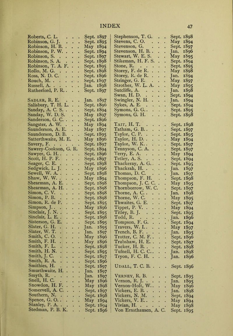 Roberts, C. L. Robinson, G. J. Robinson, H. B. . Robinson, P. W. . Robinson, S. . . Robinson, S. A. . Robinson, T. A. F. Rollo, M. G. . . Ross, N. D. C. Rouch, M. . . . Russell, A. . . . Rutherford, P. R. . Sept. 1897 Sept. 1895 May 1894 Sept. 1894 Sept. 1897 Sept. 1898 Sept. 1895 Sept. 1898 Sept. 1896 Sept. 1897 Jan. 1898 Sept. 1897 Sadler, R. E. Salisbury, T. H. L. Sanday, A. C. S. . Sanday, W. D. S. Sanderson, G. C. . Sangster, A. W. . Saunderson, A. E. Saunderson, D. B. Satterthwaite, M. E. Savery, F. . . . Sawrey-Cookson, G. Sawyer, G. H. . . Scott, H. P. F. . Seager, C. E. . . Sedgwick, L. J. . Sewell, W. A. . . Shaw, W. W. . . Shearman, A. E. . Shearman, A. H. . Simon, C. V. . . Simon, P. B. . . Simon, R. de P. . Simpson, J. . . . Sinclair, J. N. . . Sinclair, L. E. . . Sisterson, G. E. . Slater, G. H. . . Slater, W. T. . . Smith, C. O. . . Smith, F. H. . . Smith, F. L. . . Smith, H. N. . . Smith, J. C. . . Smith, R. A. . . Smithies, H. . . Smurthwaite, H. . Smyth, R. . . . Snell, H. C. . . Snowdon, H. F. . Somervell, A. C. . Southern, N. . . Spence, G. O. . . Stanley, P. A. . . Stedman, P. B. K. R. Jan. 1897 Sept. 1896 Sept. 1894 May 1897 Sept. 1896 May 1894 May 1897 Sept. 1895 May 1896 Sept. 1897 Sept. 1894 Sept. 1896 Sept. 1897 ! Sept. 1898 j May 1896 I Sept. 1898 ! May 1894 J Sept. 1898 I Sept. 1898 I Sept. 1898 | Sept. 1898 Sept. 1895 May 1896 Sept. 1895 Sept. 1898 I Sept. 1895 Jan. 1895 Jan. 1897 May 1896 May 1896 Sept. 1898 Sept. 1895 Sept. 1897 Sept. 1896 j Sept. 1897 Jan. 1897 Jan. 1897 May 1896 May 1898 Sept. 1897 Sept. 1898 May 1894 Sept. 1894 Sept. 1896 Stephenson, T. G. Stevens, C. O. Stevenson, G. Stevenson, H. B. . Stewart, W. E. S. Stikeman, H. F. S. Stone, R. . . . Storey, F. de R. . Storey, R. de R. . Stringer, G. E. Strother, W. L. A. Sutcliffe, A. . . Swan, H. D. . . Swingler, N. H. . Sykes, A. E. . . Symons, G. G.. . Symons, G. H. Sept. 1898 May 1894 Sept. 1897 Jan. 1896 May 1895 Sept. 1894 Sept. 1895 May 1898 Jan. 1894 May 1897 May 1895 Jan. 1898 Sept. 1894 Jan. 1894 Sept. 1894 Sept. 1895 Sept. 1898 Tait, H. T Tatham, G. B Taylor, C. P Taylor, H. D Taylor, W. K Tennyson, C. A. . . . Terry, E. A Tetley, A. S Thackeray, A. G.. . . Thackrah, H Thomas, D. C. . . . Thompson, F. H. . Thompson, J. C. C. . . Thornborrow, W. C. Thorne, A. C Thorne, W. C. ... Thwaites, G. E. . . . Tippet, P. V Titley, B. J Todd, R Tompson, F. G. . . . Travers, W. I Trench, B. F Trotter, C. M. F. . . . Trubshaw, H. E. . . . Tucker, H. B Tufnell, H. C. C.. . . Tryon, F. C. H. . . . Udall, T. C. B. . . . Sept. 1898 Sept. 1897 Sept. 1895 May 1894 Sept. 1897 Sept. 1897 May 1894 Sept. 1894 Sept. 1895 Jan. 1897 Jan. 1897 Sept. 1898 May 1895 Sept. 1897 Jan. 1898 May 1895 Sept. 1897 May 1894 Sept. 1895 Jan. 1896 Sept. 1894 May 1897 Jan. 1895 Sept. 1896 Sept. 1897 Sept. 1898 Jan. 1898 Jan. 1896 Sept. 1896 Verney, R. B. Vernon, R. J. . . Vernon-Holt, W.. Vickers, E. B. . . Vickers, N. ,M. Vickers, V. E.. . Vivian, H. . . . Von Ernsthausen, A C. Sept. 1895 Jan. 1895 May 1896 Jan. 1898 Sept. 1894 May 1894 May 1898 Sept. 1895