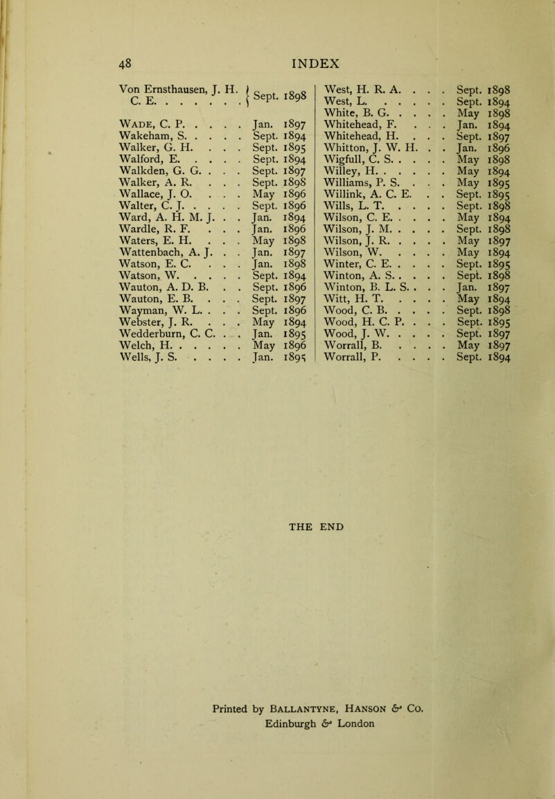 Von Ernsthausen, J. H. C. E Sept. 1898 Wade, C. P Wakeham, S Walker, G. H. . . . Walford, E Walkden, G. G. . . . Walker, A. R. . . . Wallace, J. O. ... Walter, C. J Ward, A. H. M. J. . . Wardle, R. F. ... Waters, E. H. ... Wattenbach, A. J. . . Watson, E. C. . . . Watson, W Wauton, A. D. B. . . Wauton, E. B. ... Way man, W. L. . . . Webster, J. R. ... Wedderburn, C. C. . . Welch, H Wells, J. S Jan. 1897 Sept. 1894 Sept. 1895 Sept. 1894 Sept. 1897 Sept. 1898 May 1896 Sept. 1896 Jan. 1894 Jan. 1896 May 1898 Jan. 1897 Jan. 1898 Sept. 1894 Sept. 1896 Sept. 1897 Sept. 1896 May 1894 Jan. 1895 May 1896 Jan. 1891; West, H. R. A. . . . West, L White, B. G Whitehead, F. . . . Whitehead, II. ... Whitton, J. W. H. . . Wigfull, C. S Willey, H Williams, P. S. . . . Willink, A. C. E. . . Wills, L. T Wilson, C. E Wilson, J. M Wilson, J. R Wilson, W Winter, C. E Winton, A. S Winton, B. L. S. . . . Witt, H. T Wood, C. B Wood, H. C. P. . . . Wood, J. W Worrall, B Worrall, P Sept. 1898 Sept. 1894 May 1898 Jan. 1894 Sept. 1897 Jan. 1896 May 1898 May 1894 May 1895 Sept. 1895 Sept. 1898 May 1894 Sept. 1898 May 1897 May 1894 Sept. 1895 Sept. 1898 Jan. 1897 May 1894 Sept. 1898 Sept. 1895 Sept. 1897 May 1897 Sept. 1894 THE END Printed by Ballantyne, Hanson 6* Co. Edinburgh 6* London