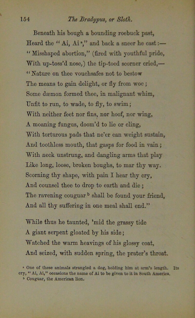 Beneath his bough a bounding roebuck past, Heard the “ Ai, Ai and back a sneer he cast:— “ Misshaped abortion,” (fired with youthful pride, With up-toss’d nose,) the tip-toed seorner cried,— ‘ ‘ Nature on thee vouchsafes not to bestow The means to gain delight, or fly from woe ; Some daemon formed thee, in malignant whim, Unfit to run, to wade, to fly, to swim; With neither feet nor fins, nor hoof, nor wing, A moaning fungus, doom’d to lie or cling, With torturous pads that ne’er can weight sustain, And toothless mouth, that gasps for food in vain; With neck unstrung, and dangling arms that play Like long, loose, broken boughs, to mar thy way. Scorning thy shape, with pain I hear thy cry. And counsel thee to drop to earth and die; The ravening couguar b shall be found your friend. And all thy suffering in one meal shall end.” While thus he taunted, ’mid the grassy tide A giant serpent gloated by his side ; Watched the warm heavings of his glossy coat, And seized, with sudden spring, the prater’s throat. * One of these animals strangled a dog, holding him at arm’s length. Its cry, “ Ai, Ai,” occasions the name of Ai to he given to it in South America. b Couguar, the American lion.