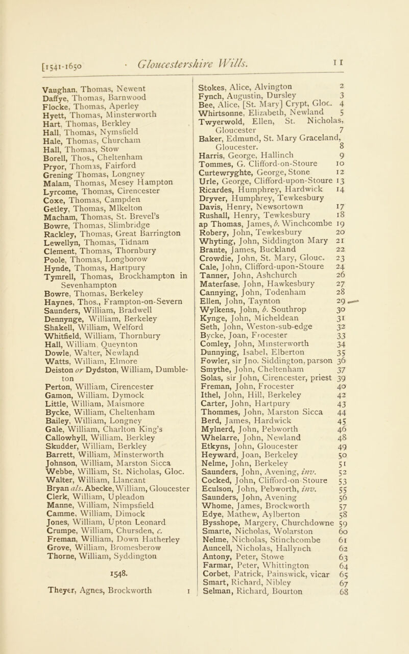 [1541-1650 Vaughan, Thomas, Newent Daffye, Thomas, Barnwood Flocke, Thomas, Aperley Hyett, Thomas, Minsterworth Hart, Thomas, Berkley Hall, Thomas, Nymsfield Hale, Thomas, Churcham Hall, Thomas, Stow Borell, Thos., Cheltenham Pryor, Thomas, Fairford Grening Thomas, Longney Malam, Thomas, Mesey Hampton Lyrcome, Thomas, Cirencester Coxe, Thomas, Campden Getley, Thomas, Mlkelton Macham, Thomas, St. Brevel’s Bowre, Thomas, Slimbridge Rackley, Thomas, Great Barrington Lewellyn, Thomas, Tidnam Clement, Thomas, Thornbury Poole, Thomas, Longborow Hynde, Thomas, Hartpury Tymrell, Thomas, Brockhampton in Sevenhampton Bowre, Thomas, Berkeley Haynes, Thos., Frampton-on-Severn Saunders, William, Bradwell Dennynge, William, Berkeley Shakell, William, Welford Whitfield, William, Thornbury Hall, William, Oueynton Dowle, Walter, Newland Watts, William, Elmore Deiston or Dydston, William, Dumble- ton Perton, William, Cirencester Gamon, William, Dymock Little, William, Maismore Bycke, William, Cheltenham Bailey, William, Longney Gale, William, Charlton King’s Callowhyll, William, Berkley Skudder, William, Berkley Barrett, William, Minsterworth Johnson, William, Marston Sicca Webbe, William, St. Nicholas, Gloc. Walter, William, Llancant Bryan als. Abecke, William, Gloucester Clerk, William, Upleadon Manne, William, Nimpsfield Camme, William, Dimock Jones, William, Upton Leonard Crumpe, William, Chursden, c. Freman, William, Down Hatherley Grove, William, Bromesberow Thorne, William, Syddington 1548. Theyer, Agnes, Brockworth 1 Stokes, Alice, Alvington Fynch, Augustin, Dursley 3 Bee, Alice, [St. Mary] Crypt, Gloc 4 Whirtsonne, Elizabeth, Newland 5 Twyerwold, Ellen, St. Nicholas, Gloucester 7 Baker, Edmund, St. Mary Graceland, Gloucester. 8 Harris, George, Hallinch 9 Tommes, G. Clifford-on-Stoure 10 Curtewryghte, George, Stone 12 Urle, George, Clifford-upon-Stoure 13 Ricardes, Humphrey, Hardwick 14 Dryver, Humphrey, Tewkesbury Davis, Henry, Newsortown 17 Rushall, Henry, Tewkesbury 18 ap Thomas, James, b. Winchcombe 19 Robery, John, Tewkesbury 20 Whyting, John, Siddington Mary 21 Brante, James, Buckland 22 Crowdie, John, St. Mary, Glouc. 23 Cale, John, Clifford-upon-Stoure 24 Tanner, John, Ashchurch 26 Materfase. John, Hawkesbury 27 Cannying, John, Todenham 28 Ellen, John, Taynton 29,—- Wylkens, John, b. Southrop 30 Kynge, John, Micheldean 31 Seth, John, Weston-sub-edge 32 Bycke, Joan, Frocester 33 Comley, John, Minsterworth 34 Dunnying, Isabel, Elberton 35 Fowler, sir Jno. Siddington, parson 36 Smythe, John, Cheltenham 37 Solas, sir John, Cirencester, priest 39 Freman, John, Frocester 40 Ithel, John, Hill, Berkeley 42 Carter, John, Hartpury 43 Thommes, John, Marston Sicca 44 Berd, James, Hardwick 45 Mylnerd, John, Pebworth 46 Whelarre, John, Newland 48 Etkyns, John, Gloucester 49 Heyward, Joan, Berkeley 50 Nelme, John, Berkeley 51 Saunders, John, Avening, inv. 52 Cocked, John, Clifford-on-Stoure 53 Eculson, John, Pebworth, inv. 55 Saunders, John, Avening 56 Whome, James, Brockworth 57 Edye, Mathew, Aylberton 58 Bysshope, Margery, Churchdowne 59 Smarte, Nicholas, Wolarston 60 Nelme, Nicholas, Stinchcombe 61 Auncell, Nicholas, Hallynch 62 Antony, Peter, Stowe 63 Farmar, Peter, Whittington 64 Corbet, Patrick, Painswick, vicar 65 Smart, Richard, Nibley 67 Selman, Richard, Bourton 68