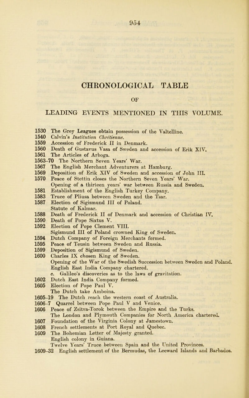 CHRONOLOGICAL TABLE OF LEADING EVENTS MENTIONED IN THIS VOLUME. 1530 The Grey Leagues obtain possession of the Valtelline. 1540 Calvin’s Institution Ghretienne. 1559 Accession of Frederick II in Denmark. 1560 Death of Gustavus Vasa of Sweden and accession of Erik XIV. 1561 The Articles of Arboga. 1563-70 The Northern Seven Years’ War. 1567 The English Merchant Adventurers at Hamburg. 1569 Deposition of Erik XIV of Sweden and accession of John IIL 1570 Peace of Stettin closes the Northern Seven Years’ War. Opening of a thirteen years’ war between Russia and Sweden. 1581 Establishment of the English Turkey Company. 1583 Truce of Pliusa between Sweden and the Tsar. 1587 Election of Sigismund III of Poland. Statute of Kalmar. 1588 Death of Frederick II of Denmark and accession of Christian IV. 1590 Death of Pope Sixtus V. 1592 Election of Pope Clement VIII. Sigismund III of Poland crowned King of Sweden. 1594 Dutch Company of Foreign Merchants formed. 1595 Peace of Teusin between Sweden and Russia. 1599 Deposition of Sigismund of Sweden. 1600 Charles IX chosen King of Sweden. Opening of the War of the Swedish Succession between Sweden and Poland. English East India Company chartered. c. Galileo’s discoveries as to the laws of gravitation. 1602 Dutch East India Company formed. 1605 Election of Pope Paul V. The Dutch take Amboina. 1605- 19 The Dutch reach the western coast of Australia. 1606- 7 Quarrel between Pope Paul V and Venice. 1606 Peace of Zsitva-Torok between the Empire and the Turks. The London and Plymouth Companies for North America chartered. 1607 Foundation of the Virginia Colony at Jamestown. 1608 French settlements at Port Royal and Quebec. 1609 The Bohemian Letter of Majesty granted. English colony in Guiana. Twelve Years’ Truce between Spain and the United Provinces. 1609-32 English settlement of the Bermudas, the Leeward Islands and Barbados.