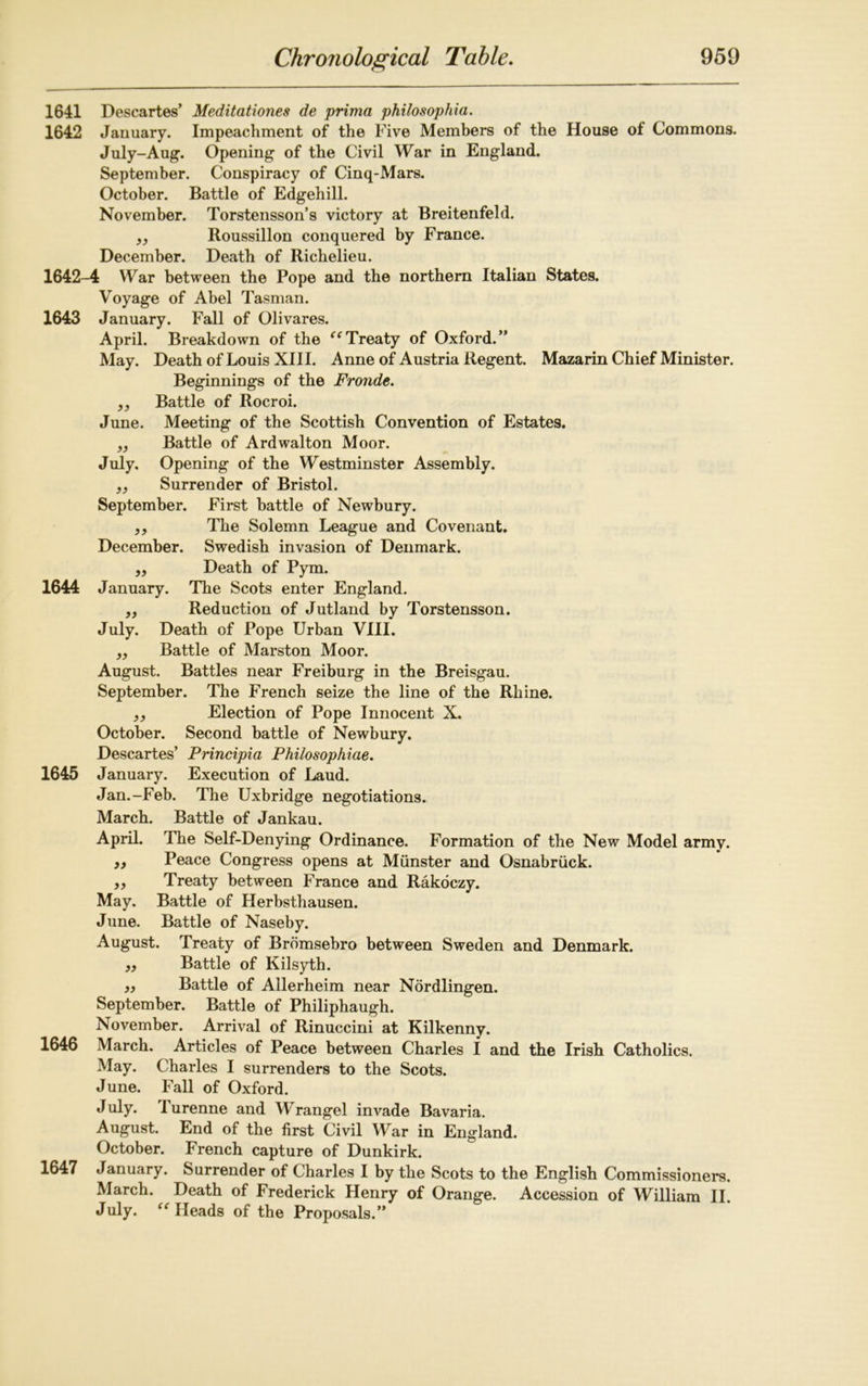1641 Descartes’ Meditationes de prima philosophia. 1642 January. Impeachment of the Five Members of the House of Commons. July-Aug. Opening of the Civil War in England. September. Conspiracy of Cinq-Mars. October. Battle of Edgehill. November. Torstensson’s victory at Breitenfeld. „ Roussillon conquered by France. December. Death of Richelieu. 1642-4 War between the Pope and the northern Italian States. Voyage of Abel Tasman. 1643 January. Fall of Olivares. April. Breakdown of the “Treaty of Oxford.” May. Death of Louis XIII. Anne of Austria Regent. Mazarin Chief Minister. Beginnings of the Fronde. ,, Battle of Rocroi. June. Meeting of the Scottish Convention of Estates. „ Battle of Ardwalton Moor. July. Opening of the Westminster Assembly. „ Surrender of Bristol. September. First battle of Newbury. „ The Solemn League and Covenant. December. Swedish invasion of Denmark. ,, Death of Pym. 1644 January. The Scots enter England. „ Reduction of Jutland by Torstensson. July. Death of Pope Urban VIII. „ Battle of Marston Moor. August. Battles near Freiburg in the Breisgau. September. The French seize the line of the Rhine. „ Election of Pope Innocent X. October. Second battle of Newbury. Descartes’ Principia Philosophiae. 1645 January. Execution of Laud. Jan.-Feb. The Uxbridge negotiations. March. Battle of Jankau. April. The Self-Denying Ordinance. Formation of the New Model army. )y Peace Congress opens at Munster and Osnabriick. ,, Treaty between France and Rakoczy. May. Battle of Herbsthausen. June. Battle of Naseby. August. Treaty of Brdmsebro between Sweden and Denmark. „ Battle of Kilsyth. „ Battle of Allerheim near Nordlingen. September. Battle of Philiphaugh. November. Arrival of Rinuccini at Kilkenny. 1646 March. Articles of Peace between Charles I and the Irish Catholics. May. Charles I surrenders to the Scots. June. Fall of Oxford. July. Turenne and Wrangel invade Bavaria. August. End of the first Civil War in England. October. French capture of Dunkirk. 1647 January. Surrender of Charles I by the Scots to the English Commissioners. March. Death of Frederick Henry of Orange. Accession of William II. July. “ Heads of the Proposals.”