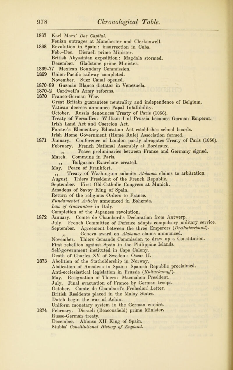 1867 Karl Marx’ Das Capital. Fenian outrages at Manchester and Clerkenwell. 1888 Revolution in Spain: insurrection in Cuba. Feb.-Dec. Disraeli prime Minister. British Abyssinian expedition : Magdala stormed. December. Gladstone prime Minister. 1869- 77 Mexican Boundary Commission. 1869 Union-Pacific railway completed. November. Suez Canal opened. 1870- 89 Guzman Blanco dictator in Venezuela. 1870-2 Cardwell’s Army reforms. 1870 Franco-German War. Great Britain guarantees neutrality and independence of Belgium. Vatican decrees announce Papal Infallibility. October. Russia denounces Treaty of Paris (1856). Treaty of Versailles: William I of Prussia becomes German Emperor. Irish Land Act and Coercion Act. Forster’s Elementary Education Act establishes school boards. Irish Home Government (Home Rule) Association formed. 1871 January. Conference of London partly abrogates Treaty of Paris (1856). February. French National Assembly at Bordeaux. „ Peace preliminaries between France and Germany signed. March. Commune in Paris. „ Bulgarian Exarchate created. May. Peace of Frankfort. „ Treaty of Washington submits Alabama claims to arbitration. August. Thiers President of the French Republic. September. First Old-Catholic Congress at Munich. Amadeus of Savoy King of Spain. Return of the religious Orders to France. Fundamental Articles announced in Bohemia. Law of Guarantees in Italy. Completion of the Japanese revolution. 1872 January. Comte de Chambord’s Declaration from Antwerp. July. French Committee of Defence adopts compulsory military service. September. Agreement between the three Emperors (Dreikaiserbund). f, Geneva award on Alabama claims announced. November. Thiers demands Commission to draw up a Constitution. First rebellion against Spain in the Philippine Islands. Self-government instituted in Cape Colony. Death of Charles XV of Sweden: Oscar II. 1873 Abolition of the Statholdership in Norway. Abdication of Amadeus in Spain : Spanish Republic proclaimed. Anti-ecclesiastical legislation in Prussia (Kulturkampf). May. Resignation of Thiers : Macmahon President. July. Final evacuation of France by German troops. October. Comte de Chambord’s Frohsdorf Letter. British Residents placed in the Malay States. Dutch begin the war of Achin. Uniform monetary system in the German empire. 1874 February. Disraeli (Beaconsfield) prime Minister. Russo-German treaty. December. Alfonso XII King of Spain. Stubbs’ Constitutional History of England.