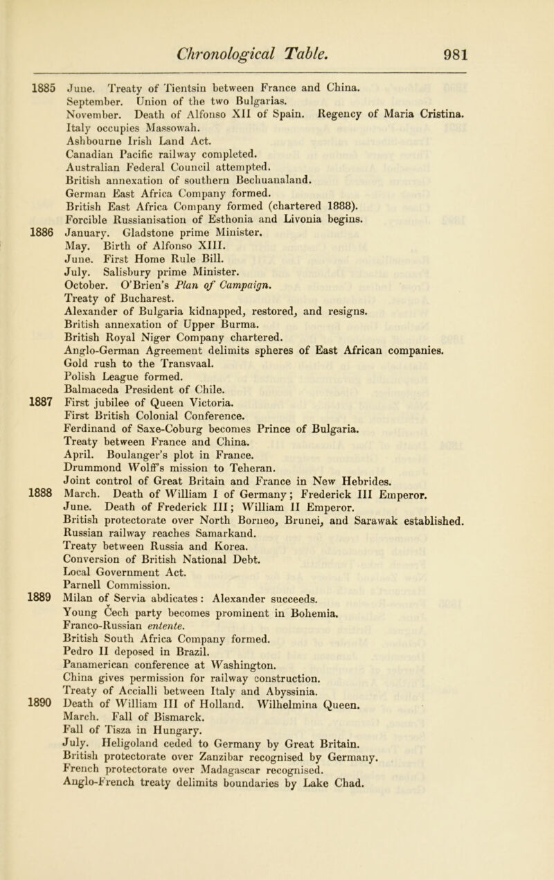 1885 June. Treaty of Tientsin between France and China. September. Union of the two Bulgarias. November. Death of Alfonso XII of Spain. Regency of Maria Cristina. Italy occupies Massowah. Ashbourne Irish Land Act. Canadian Pacific railway completed. Australian Federal Council attempted. British annexation of southern Bechuanaland. German East Africa Company formed. British East Africa Company formed (chartered 1888). Forcible Russianisation of Esthonia and Livonia begins. 1886 January. Gladstone prime Minister. May. Birth of Alfonso XIII. June. First Home Rule Bill. July. Salisbury prime Minister. October. O’Brien’s Plan of Campaign. Treaty of Bucharest. Alexander of Bulgaria kidnapped, restored, and resigns. Bz-itish annexation of Upper Burma. British Royal Niger Company chartered. Anglo-German Agreement delimits spheres of East African companies. Gold rush to the Transvaal. Polish League formed. Balmaceda President of Chile. 1887 First jubilee of Queen Victoria. First British Colonial Conference. Ferdinand of Saxe-Coburg becomes Prince of Bulgaria. Treaty between France and China. April. Boulanger’s plot in France. Drummond WolfFs mission to Teheran. Joint control of Great Britain and France in New Hebrides. 1888 March. Death of William I of Germany; Frederick III Emperor. June. Death of Frederick III; William II Emperor. British protectorate over North Borneo, Brunei, and Sarawak established. Russian railway reaches Samarkand. Treaty between Russia and Korea. Conversion of British National Debt. Local Government Act. Parnell Commission. 1889 Milan of Servia abdicates: Alexander succeeds. v Young Cech party becomes prominent in Bohemia. Franco-Russian entente. British South Africa Company formed. Pedro II deposed in Brazil. Panamerican conference at Washington. China gives permission for railway construction. Treaty of Accialli between Italy and Abyssinia. 1890 Death of William III of Holland. Wilhelmina Queen. March. Fall of Bismarck. Fall of Tisza in Hungary. July. Heligoland ceded to Germany by Great Britain. British protectorate over Zanzibar recognised by Germany. French protectorate over Madagascar recognised. Anglo-French treaty delimits boundaries by Lake Chad.