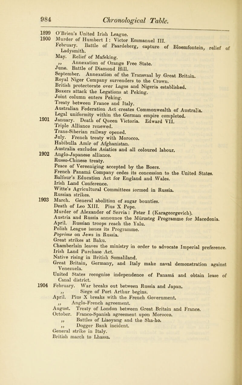 1899 O Brien’s United Irish League. 1900 Murder of Humbert I: Victor Emmanuel III. February. Battle of Paardeberg, capture of Bloemfontein, relief of Ladysmith. May. Relief of Mafeking. „ Annexation of Orange Free State. June. Battle of Diamond Hill. September. Annexation of the Transvaal by Great Britain. Royal Niger Company surrenders to the Crown. British protectorate over Lagos and Nigeria established. Boxers attack the Legations at Peking. Joint column enters Peking. Ireaty between France and Italy. Australian Federation Act creates Commonwealth of Australia. Legal uniformity within the German empire completed. 1901 January. Death of Queen Victoria. Edward VII. Triple Alliance renewed. Trans-Siberian railway opened. July. French treaty with Morocco. Habibulla Amir of Afghanistan. Australia excludes Asiatics and all coloured labour. 1902 Anglo-Japanese alliance. Russo-Chinese treaty. Peace of Vereeniging accepted by the Boers. French Panama Company cedes its concession to the United States. Balfour’s Education Act for England and Wales. Irish Land Conference. Witte s Agricultural Committees formed in Russia. Russian strikes. 1903 March. General abolition of sugar bounties. Death of Leo XIII. Pius X Pope. Murder of Alexander of Servia: Peter I (Karageorgevich). Austria and Russia announce the Murzsteg Programme for Macedonia. April. Russian troops reach the Yalu. Polish League issues its Programme. Pogroms on Jews in Russia. Great strikes at Baku. Chamberlain leaves the ministry in order to advocate Imperial preference. Irish Land Purchase Act. Native rising in British Somaliland. Great Britain, Germany, and Italy make naval demonstration against Venezuela. United States recognise independence of Panama and obtain lease of Canal district. 1904 February. War breaks out between Russia and Japan. ,, Siege of Port Arthur begins. April. Pius X breaks with the French Government. ,, Anglo-French agreement. August. Treaty of London between Great Britain and France. October. Franco-Spanish agreement upon Morocco. ,, Battles of Liaoyang and the Sha-ho. ,, Dogger Bank incident. General strike in Italy. British march to Lhassa.