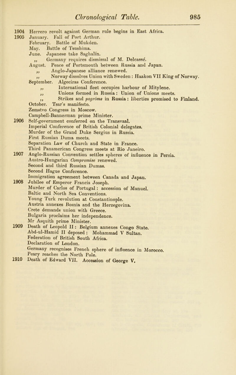 1904 Herrero revolt against German rule begins in East Africa. 1905 January. Fall of Port Arthur. February. Battle of Mukden. May. Battle of Tsushima. June. Japanese take Saghalin. ,, Germany requires dismissal of M. Delcasse. August. Peace of Portsmouth between Russia and Japan. ,, Anglo-Japanese alliance renewed. ,, Norway dissolves Union with Sweden : Haakon VII King of Norway. September. Algeciras Conference. „ International fleet occupies harbour of Mitylene. }) Unions formed in Russia : Union of Unions meets. ,, Strikes and pogroms in Russia: liberties promised to Finland. October. Tsar’s manifesto. Zemstvo Congress in Moscow. Campbell-Bannerman prime Minister. 1906 Self-government conferred on the Transvaal. Imperial Conference of British Colonial delegates. Murder of the Grand Duke Sergius in Russia. First Russian Duma meets. Separation Law of Church and State in France. Third Panamerican Congress meets at Rio Janeiro. 1907 Anglo-Russian Convention settles spheres of influence in Persia. Austro-Hungarian Compromise renewed. Second and third Russian Dumas. Second Hague Conference. Immigration agreement between Canada and Japan. 1908 Jubilee of Emperor Francis Joseph. Murder of Carlos of Portugal : accession of Manuel. Baltic and North Sea Conventions. Young Turk revolution at Constantinople. Austria annexes Bosnia and the Herzegovina. Crete demands union with Greece. Bulgaria proclaims her independence. Mr Asquith prime Minister. 1909 Death of Leopold II: Belgium annexes Congo State. Abd-ul-Hamid II deposed : Mohammad V Sultan. Federation of British South Africa. Declaration of London. Germany recognises French sphere of influence in Morocco. Peary reaches the North Pole. 1910 Death of Edward VII, Accession of George V,