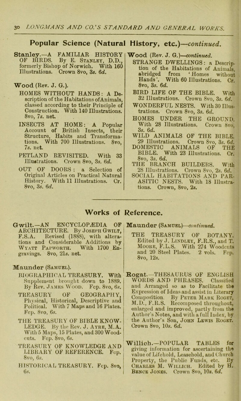 Popular Science (Natural History, etc.)—continued. Stanley.—A FAMILIAR HISTORY OF BIRDS. By B. Stanley, D.D., formerly Bishop of Norwich. With 160 Illustrations. Crown 8vo, 3s. 6d. Wood (Rev. J. G.). HOMES WITHOUT HANDS : A De- scription of the Habitations ofAnimals, classed according to their Principle of Construction. With 140 Illustrations. 8vo, 7s. net. INSECTS AT HOME: A Popular Account of British Insects, their Structure, Habits aud Transforma- tions. With 700 Illustrations. 8vo, 7s. net. PETLAND REVISITED. With 33 Illustrations. Crown 8vo, 3s. 6d. OUT OF DOORS : a Selection of Original Articles on Practical Natural History. With 11 Illustrations. Cr. 8vo, 3s. 6d. Wood (Rev. J. G.)—continued. STRANGE DWELLINGS : a Descrip- tion of the Habitations of Animals, abridged from ‘ Homes without Hands’. With 60 Illustrations. Cr. 8vo, 3s. 6d. BIRD LIFE OF THE BIBLE. With 32 Illustrations. Crown 8vo, 3s. 6d. WONDERFUL NESTS. With 30 Illus- trations. Crown 8vo, 3s. 6d. HOMES UNDER THE GROUND. With 28 Illustrations. Crown 8vo, 3s. 6d. WILD ANIMALS OF THE BIBLE. 29 Illustrations. Crown 8vo, 3s. 6d. DOMESTIC ANIMALS OF THE BIBLE. With 23 Illustrations. Cr. 8vo, 3s. 6c?. THE BRANCH BUILDERS. With 28 Illustrations. Crown 8vo, 2s. 6d. SOCIAL HABITATIONS AND PAR- ASITIC NESTS. With 18 Illustra- tions. Crown, 8vo, 2s. Works of G wilt.—AN ENCYCLOPAEDIA OF ARCHITECTURE. By Joseph Gwilt, F.S.A. Revised (1888), with altera- tions and Considerable Additions by Wyatt Papworth. With 1700 En- gravings. 8vo, 21s. net. Maunder (Samuel). BIOGRAPHICAL TREASURY. With Supplement brought down to 1889. By Rev. .Tames Wood. Fcp. 8vo, 6s. TREASURY OF GEOGRAPHY, Physical, Historical, Descriptive and Political. With 7 Maps and 16 Plates. Fcp. 8vo, 6s. THE TREASURY OF BIBLE KNOW- LEDGE. By the Rev. J. Ayre, M. A. With 5 Maps, 15 Plates, and 300 Wood- cuts. Fcp. 8vo, 6s. TREASURY OF KNOWLEDGE AND LIBRARY OF REFERENCE. Fcp. 8vo, 6s. HISTORICAL TREASURY. Fcp. 8vo, 6s. Reference. Maunder (Samuel)—continued. THE TREASURY OF BOTANY. Edited by J. Lindley, F.R.S., and T. Moore, F.L.S. With 274 Woodcuts and 20 Steel Plates. 2 vols. Fcp. 8vo, 12s. Rogat. THESAURUS OF ENGLISH WORDS AND PHRASES. Classified and Arranged so as to Facilitate tbe Expression of Ideas and assist iu Literary Composition. By Peter Mark Roget, M.D., F.R.S. Recomposed throughout, enlarged and improved, partly from the Author’s Notes, and with a full Index, by the Author’s Son, John Lewis Roget. Crown 8vo, 10s. 6d. Willich.—POPULAR TABLES for giving information for ascertaining the value of Lifehold, Leasehold, aud Church Property, the Public Funds, etc. By Charles M. Willich. Edited by H. Bence Jones. Crown 8vo, 10s. 6d.