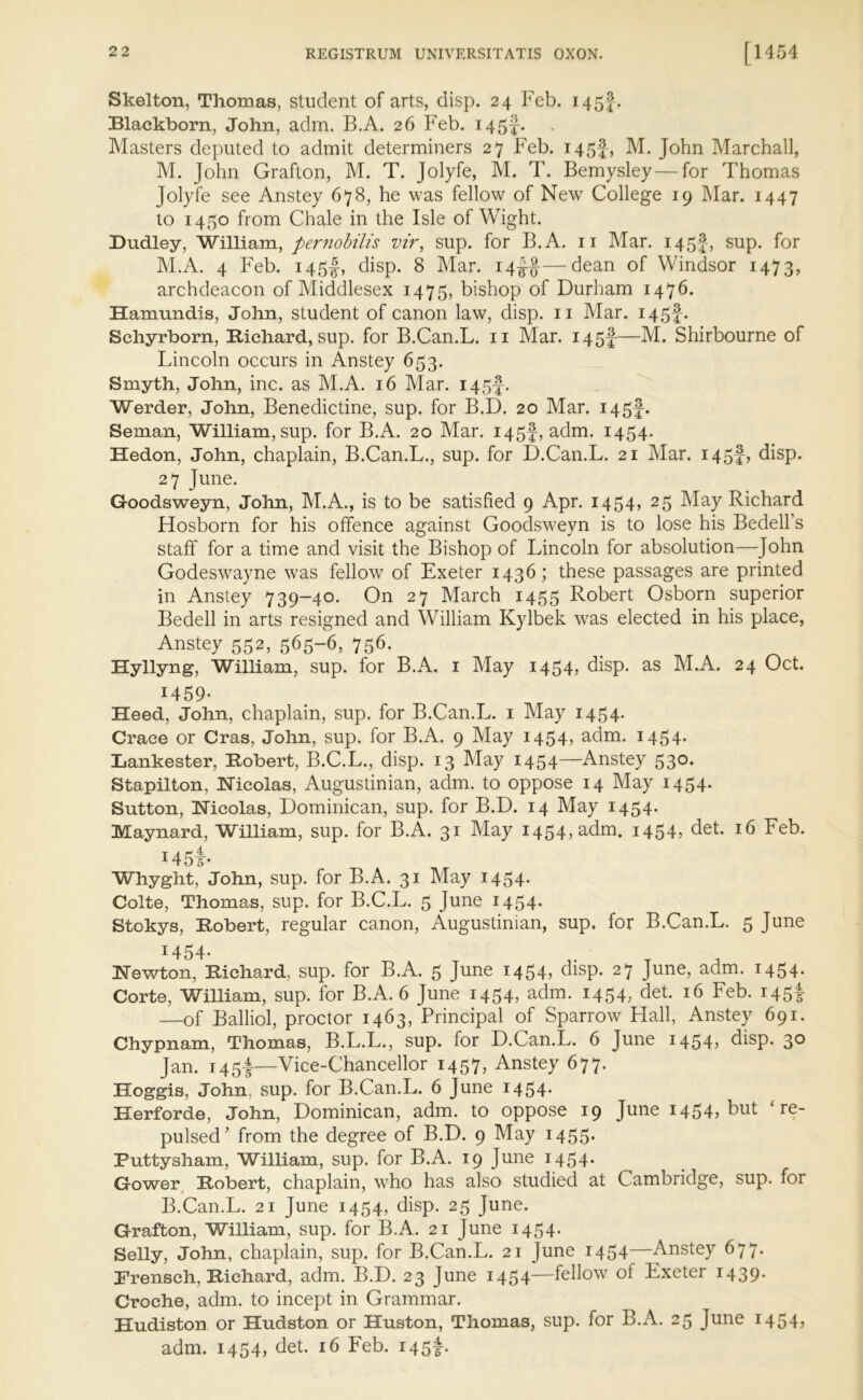 Skelton, Thomas, student of arts, disp. 24 Feb. 145J. Blackborn, John, adm. B.A. 26 Feb. 145^. Masters deputed to admit determiners 27 Feb. i45f> M. John Marchall, M. John Grafton, M. T. Jolyfe, M. T. Bemysley—for Thomas Jolyfe see Anstey 678, he was fellow of New College 19 Mar. 1447 to 1450 from Chale in the Isle of Wight. Dudley, William, pernobilis vir, sup. for B.A. n Mar. 145}-, sup. for M.A. 4 Feb. i45f, disp. 8 Mar. 14^—dean of Windsor 1473, archdeacon of Middlesex 1475, bishop of Durham 1476. Hamundis, John, student of canon law, disp. 11 Mar. i45f. Schyrborn, Diehard, sup. for B.Can.L. 11 Mar. 145^—M. Shirbourne of Lincoln occurs in Anstey 653. Smyth, John, inc. as M.A. 16 Mar. 145}. Werder, John, Benedictine, sup. for B.D. 20 Mar. 145J. Seman, William, sup. for B.A. 20 Mar. 145}, adm. 1454. Hedon, John, chaplain, B.Can.L., sup. for D.Can.L. 21 Mar. 145J, disp. 27 June. Goodsweyn, John, M.A., is to be satisfied 9 Apr. 1454, 25 May Richard Hosborn for his offence against Goodsweyn is to lose his Bedell’s staff for a time and visit the Bishop of Lincoln for absolution—John Godeswayne was fellow of Exeter 1436; these passages are printed in Anstey 739-40. On 27 March 1455 Robert Osborn superior Bedell in arts resigned and William Kylbek was elected in his place, Anstey 552, 565-6, 756. Hyllyng, William, sup. for B.A. 1 May 1454? disp. as M.A. 24 Oct. 1459- Heed, John, chaplain, sup. for B.Can.L. 1 May 1454. Crace or Cras, John, sup. for B.A. 9 May 1454? adm. 1454- Lankester, Dobert, B.C.L., disp. 13 May 1454—Anstey 53°* Stapilton, Nicolas, Augustinian, adm. to oppose 14 May 1454. Sutton, Nicolas, Dominican, sup. for B.D. 14 May 1454* Maynard, William, sup. for B.A. 31 May 1454, adm. 1454? det. 16 Feb. i45t- Whyght, John, sup. for B.A. 31 May 1454- Colte, Thomas, sup. for B.C.L. 5 June 1454- Stokys, Dobert, regular canon, Augustinian, sup. for B.Can.L. 5 June 1454- Newton, Diehard, sup. for B.A. 5 June 1454? disp. 27 June, adm. 1454- Corte, William, sup. for B.A. 6 June 1454, adm. 1454, det. 16 Feb. 145! —of Balliol, proctor 1463, Principal of Sparrow Hall, Anstey 691. Chypnam, Thomas, B.L.L., sup. for D.Can.L. 6 June 1454? disp. 3° Jan. 145|—Vice-Chancellor 1457, Anstey 677. Hoggis, John, sup. for B.Can.L. 6 June 1454- Herforde, John, Dominican, adm. to oppose 19 June 1454, but ‘re- pulsed' from the degree of B.D. 9 May 1455* Puttysham, William, sup. for B.A. 19 June 1454- Gower Dobert, chaplain, who has also studied at Cambridge, sup. for B.Can.L. 21 June 1454, disp. 25 June. Grafton, William, sup. for B.A. 21 June 1454. Selly, John, chaplain, sup. for B.Can.L. 21 June 1454—Anstey 677. Frensch, Diehard, adm. B.D. 23 June 1454—fellow of Exeter 1439. Croche, adm. to incept in Grammar. Hudiston or Hudston or Huston, Thomas, sup. for B.A. 25 June 1454? adm. 1454, det. 16 Feb. 145!-