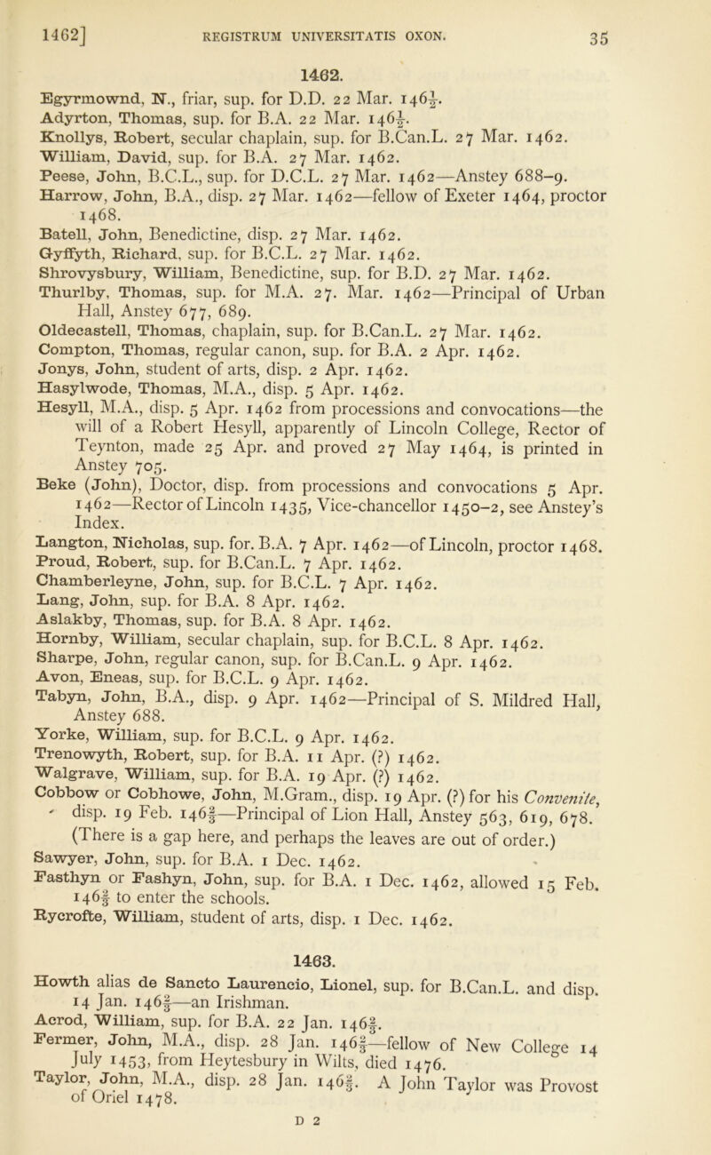 1462. Egyrmownd, N., friar, sup. for D.D. 22 Mar. 146^. Adyrton, Thomas, sup. for B.A. 22 Mar. 146^-. Knollys, Robert, secular chaplain, sup. for B.Can.L. 27 Mar. 1462. William, David, sup. for B.A. 27 Mar. 1462. Peese, John, B.C.L., sup. for D.C.L. 27 Mar. 1462—Anstey 688-9. Harrow, John, B.A., disp. 27 Mar. 1462—fellow of Exeter 1464, proctor 1468. Batell, John, Benedictine, disp. 27 Mar. 1462. Gyffyth, Richard, sup. for B.C.L. 27 Mar. 1462. Shrovysbury, William, Benedictine, sup. for B.D. 27 Mar. 1462. Thurlby, Thomas, sup. for M.A. 27. Mar. 1462—Principal of Urban Hall, Anstey 677, 689. Oldecastell, Thomas, chaplain, sup. for B.Can.L. 27 Mar. 1462. Compton, Thomas, regular canon, sup. for B.A. 2 Apr. 1462. Jonys, John, student of arts, disp. 2 Apr. 1462. Hasylwode, Thomas, M.A., disp. 5 Apr. 1462. Hesyll, M.A., disp. 5 Apr. 1462 from processions and convocations—the will of a Robert Hesyll, apparently of Lincoln College, Rector of Teynton, made 25 Apr. and proved 27 May 1464, is printed in Anstey 705. Beke (John), Doctor, disp. from processions and convocations 5 Apr. 1462—Rector of Lincoln 1435, Vice-chancellor 1450-2, see Anstey’s Index. Langton, Nicholas, sup. for. B.A. 7 Apr. 1462—of Lincoln, proctor 1468. Proud, Robert, sup. for B.Can.L. 7 Apr. 1462. Chamberleyne, John, sup. for B.C.L. 7 Apr. 1462. Lang, John, sup. for B.A. 8 Apr. 1462. Aslakby, Thomas, sup. for B.A. 8 Apr. 1462. Hornby, William, secular chaplain, sup. for B.C.L. 8 Apr. 1462. Sharpe, John, regular canon, sup. for B.Can.L. 9 Apr. 1462. Avon, Eneas, sup. for B.C.L. 9 Apr. 1462. Tabyn, John, B.A., disp. 9 Apr. 1462—Principal of S. Mildred Hall, Anstey 688. Yorke, William, sup. for B.C.L. 9 Apr. 1462. Trenowyth, Robert, sup. for B.A. n Apr. (?) 1462. Walgrave, William, sup. for B.A. 19 Apr. (?) 1462. Cobbow or Cobhowe, John, M.Gram., disp. 19 Apr. (?) for his Convenite, ' dlsP- *9 Feb. 146!—Principal of Lion Hall, Anstey 563, 619, 678. (There is a gap here, and perhaps the leaves are out of order.) Sawyer, John, sup. for B.A. 1 Dec. 1462. Fasthyn 01 Fashyn, John, sup. for B.A. 1 Dec. 1462, allowed 15 Feb. 146! to enter the schools. Rycrofte, William, student of arts, disp. 1 Dec. 1462. 1463. Howth alias de Sancto Laurencio, Lionel, sup. for B.Can.L. and disp. 14 Jan. 146I—an Irishman. Acrod, William, sup. for B.A. 22 Jan. i46f. Fermer, John, M.A., disp. 28 Jan. 146$—fellow of New College 14 July T453> from Heytesbury in Wilts, died 1476. Taylor John, M.A., disp. 28 Jan. i46|. A John Taylor was Provost of Onel 1478. d 2