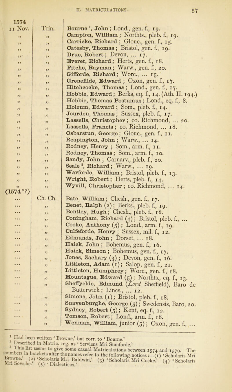 1574 II Nov. Trin. 77 jf 77 77 77 77 }} 77 yy j) 57 yy >y 77 }) yy j) 77 yy 7) yy jy yy )) yy 75 yy 77 77 77 yy 77 yy 77 yy 77 yy 77 yy <1674 yy Ch. Ch 77 yy yy yy yy yy yy 77 yy 0 yy yy yy yy yy 77 yy yy yy Bourne \ John; Lond., gen. f., 19. Campion, William; Northts., pleb. f., 19. Carricke, Richard; Glouc., gen. f., 15. Catesby, Thomas; Bristol, gen. f., 19. Drue, Robert; Devon, ... 17. Everet, Richard; Herts, gen. f., 18. Eitche, Rayman; Warw., gen. f., 20. Gififorde, Richard; Wore., ... 15. Grenefilde, Edward ; Oxon, gen. f., 17. Hitchcocke, Thomas; Lond., gen. f., 17. Hobbie, Edward; Berks, eq. f., 14. (Ath. II. 194.) Hobbie, Thomas Postumus; Lond., eq. f., 8. Holcum, Edward ; Som., pleb. f., 14. Jourden, Thomas; Sussex, pleb. f., 17. Eassells, Christopher; co. Richmond, ... 20. Lassells, Francis; co. Richmond, ... 18. Osbarstun, George; Glouc., gen. f., ii. Reapington, John; Warw., ... 14. Rodney, Henry ; Som., arm. f., ii. Rodney, Thomas; Som., arm. f., 10. Sandy, John; Carnarv., pleb. f., 20. Seale Richard; Warw., ... 19. Warforde, WiUiam; Bristol, pleb. f., 13. Wright, Robert; Herts, pleb. f., 14. Wyvill, Christopher; co. Richmond, ... 14. Bate, William; Chesh., gen. f., 17. Benet, Ralph (2); Berks., pleb. f., 19. Bentley, Hugh; Chesh., pleb. f., 16. Coningham, Richard (4); Bristol, pleb. f., ... Cooke, Anthony (5) ; Lond., arm. f., 19. Culfeforde, Henry ; Sussex, mil. f., 12. Edmunds, John; Dorset, ... 18. Haick, John; Bohemus, gen. f., 16. Haick, Simeon; Bohemus, gen. f., 17. Jones, Zachary (3) ; Devon, gen. f., 16. Littleton, Adam (i); Salop, gen. f., 21. Littleton, Humphrey; Wore., gen. f., 18. Mountague, Edward (5); Northts., eq. f., 13. She£fyelde, Edmund {Lord Sheffield), Baro de Butterwick; Lines., ... 12. Simons, John (i); Bristol, pleb. f., 18. Snavenburghe, George (5); Swedensis, Baro, 20. Sydney, Robert (5); Kent, eq. f., 12. Tomson, Robert; Lond., arm. f., 18. Wenman, William, junior (5); Oxon, gen. f., ... ^ Had been written ‘ Browne,’ but corr. to ‘ Bourne.’ 3 Matric. reg. as ‘ Serviens Mri Stanforde.’ IS list seems to give some casual Matriculations between and it;7o. The numbers in brackets after the names refer to the following notices (i) ‘Scholaris Mri Browne. (2)‘Scholaris Mri Baldwin.’ (3) ‘ Scholaris Mri Cocke.’ (4) « Scholaris Mri Sowche.’ (5) ‘ Dialecticiis.’