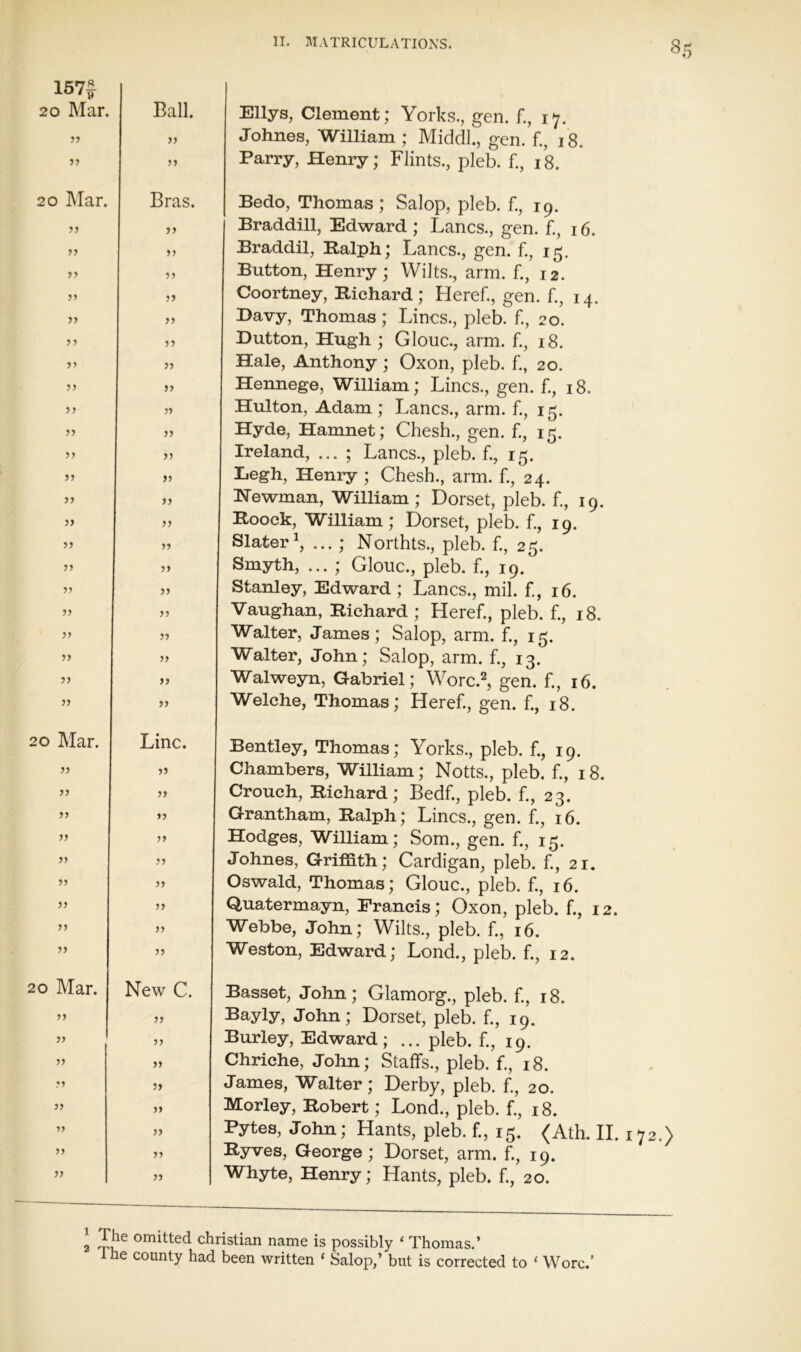 8^ 157f 20 Mar jj 20 Mar. J5 3J JJ 3 3 33 33 33 33 33 33 33 33 33 33 33 33 33 33 33 33 20 Mar. 33 33 33 33 33 33 33 33 33 20 Mar. ?? >> 5) Ball. 33 33 Bras. 33 33 33 33 33 33 33 33 33 33 33 33 33 33 33 33 33 33 33 33 33 33 Line. 33 33 33 33 3 3 33 33 33 33 New C. 33 33 33 33 33 33 33 33 Ellys, Clement; Yorks., gen. f., 17. Johnes, William ; Middl., gen. f., 18. Parry, Henry; Flints., pleb. f., 18. Bedo, Thomas; Salop, pleb. f., 19. Braddill, Edward ; Lancs., gen. f., 16. Braddil, Ralph; Lancs., gen. f., 15. Button, Henry; Wilts., arm. f., 12. Coortney, Richard; Heref., gen. f., 14. Davy, Thomas; Lines., pleb. f., 20. Dutton, Hugh ; Glouc., arm. f., 18. Hale, Anthony; Oxon, pleb. f., 20. Hennege, William; Lines., gen. f., 18. Hulton, Adam ; Lancs., arm. f., 15. Hyde, Hamnet; Chesh., gen. f., 15. Ireland, ; Lancs., pleb. f., 15. Legh, Henry ; Chesh., arm. f., 24. Hewman, William; Dorset, pleb. f., 19. Roock, William; Dorset, pleb. f., 19. Slater \ ... ; Northts., pleb. f., 25. Smyth, ... ; Glouc., pleb. f., 19. Stanley, Edward; Lancs., mil. f., 16. Vaughan, Richard ; Heref., pleb. f., 18. Walter, James; Salop, arm. f., 15. Walter, John; Salop, arm. f., 13. Walweyn, Gabriel; Worc.^ gen. f., 16. Welche, Thomas; Heref., gen. f., 18. Bentley, Thomas; Yorks., pleb. f., 19. Chambers, William; Notts., pleb. f., 18. Crouch, Richard; Bedf., pleb. f., 23. Grantham, Ralph; Lines., gen. f., 16. Hodges, William; Som., gen. f., 15. Johnes, Griffith; Cardigan, pleb. f., 21. Oswald, Thomas; Glouc., pleb. f., 16. Quatermayn, Francis; Oxon, pleb. f., 12. Webbe, John; Wilts., pleb. f., 16. Weston, Edward; Lond., pleb. f., 12. Basset, John; Glamorg., pleb. f., 18. Dayly, John; Dorset, pleb. f., 19. Burley, Edward; ... pleb. f., 19. Chriche, John; Staffs., pleb. f., 18. James, Walter; Derby, pleb. f., 20. Morley, Robert; Lond., pleb. f., 18. Bytes, John; Hants, pleb. f., 15. (Ath. II. 172.) Ryves, George; Dorset, arm. f., 19. Whyte, Henry; Hants, pleb. f., 20. 2 The omitted Christian name is possibly ‘ Thomas.’ 1 he county had been written ‘ Salop,’ but is corrected to ‘ Wore.’