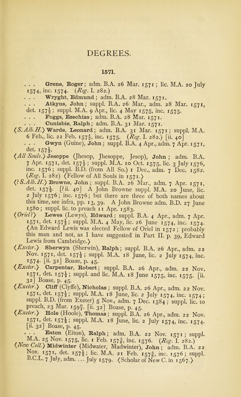 1571. . , . Grene, Roger; adm. B.A. 26 Mar. 1571; lie. M.A. 20 July 1574, inc. 1574. (Reg. I. 282.) . . . Wryght, Edmund; adm. B.A. 28 Mar. 1571. . . . Atkyns, John; suppl. B.A. 26 Mar., adm. 28 Mar. 1571, det. 157J; suppl. M.A. 9 Apr., lie. 4 May 1575, inc. 1575. . . . Eoggs, Ezechias; adm. B.A. 28 Mar. 1571. . . . Cunisbie, Ralph; adm. B.A. 31 Mar. 1571. (S.Alb.H.) Warde, Leonard; adm. B.A. 31 Mar. 1571; suppl. M.A. 6 Feb., lie. 22 Feb. 157^, inc. 1575. (Reg. I. 282.) [ii. 40] . . . Gwyn (Guine), John; suppl. B.A. 4 Apr., adm. 7 Apr. 1571, det. 1571. {All Souls.) Jesoppe (Jhesop, Jhesoppe, Jesop), John ; adm. B.A. 7 Apr. 1571, det. 157J ; suppl. M.A. 10 Oct. 1575, lie. 3 July 1576, inc. 1576; suppl. B.D. (from All So.) 1 Dec., adm. 7 Dec. 1582. (Reg. I. 282) (Fellow of All Souls in 1571.) {IS.Alb.H.) Browne, John; suppl. B.A. 26 Mar., adm. 7 Apr. 1571, det. 157[? ii. 40] A John Browne suppl. M.A. 20 June, lie. 2 July x576; inc. 1576; but there are three of both names about this time, see infra, pp. 13, 39. A John Browne adm. B.D. 27 June 1580 ; suppl. lie. to preach 11 Apr. 1583. {Oriel}) Lewes (Lewys), Edward; suppl. B.A. 4 Apr., adm. 7 Apr. 1571 j det. 1572 > suppl. M.A. 4 May, lie. 26 June 1574, inc. 1574. (An Edward Lewis was elected Fellow of Oriel in 1572 ; probably this man and not, as I have suggested in Part II. p. 39, Edward Lewis from Cambridge.) {Exeter.) Sherwyn (Sherwin), Ralph; suppl. B.A. 26 Apr., adm. 22 Nov. 157L det. 1572 5 suppl. M.A. 18 June, lie. 2 July 1574, inc. 1574* [ii- 32] Boase, p. 45. {Exeter.) Carpentar, Robert; suppl. B.A. 26 Apr., adm. 22 Nov. 1571, det. 1572; suppl. and lie. M.A. 18 June 1575, inc. 1575. [ii. 32] Boase, p. 45. (Exeter.) Cliff (Clyffe), Nicholas ; suppl. B.A. 26 Apr., adm. 22 Nov. 15715 det. i57ii suppl. M.A. 18 June, lie. 2 July 1574, inc. 1574; suppl. B.D. (from Exeter) 5 Nov., adm. 7 Dec. 1584; suppl. lie. to preach, 23 Mar. 159J. [ii. 32] Boase, p. 45. {Exeter.) Hole (Hoole), Thomas; suppl. B.A. 26 Apr., adm. 22 Nov. *57 L det. 1572 i suppl. M.A. 18 June, lie. 2 July 1574, inc. 1574. [ii. 32] Boase, p. 45. . . . Eaton (Eiton), Ralph; adm. B.A. 22 Nov. 1571; suppl. /7|_ M-A- 25 Nov. 1575, lie. 1 Feb. 157& inc. 1576. (Reg. I. 282.) {New Coll.) Midwinter (Midwater, Madwinter), John; adm. B.A. 22 Nov. 1571, det. 1572? he. M.A. 21 Feb. 157^, inc. 1576; suppl.