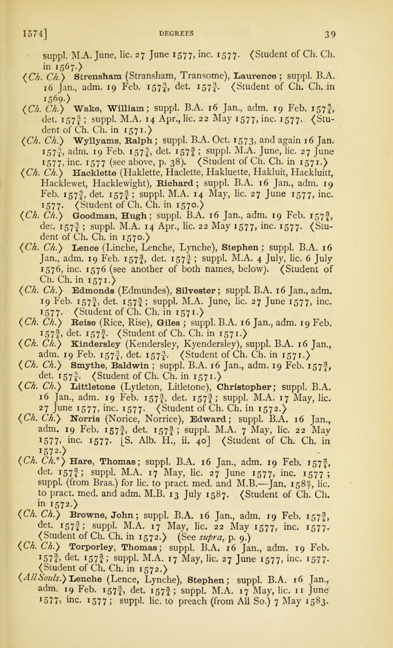 suppl. M.A. June, lie. 27 June 1577, inc. 1577. (Student of Ch. Ch. in 1567.) {Ch. Ch.) Strensham (Stransham, Transome), Laurence; suppl. B.A. 16 Jan., adm. 19 Feb. 157^, det. 157(Student of Ch. Ch. in 1569.) {Ch. Ch.) Wake, William; suppl. B.A. 16 Jan., adm. 19 Feb. 157J, det. i57f; suppl. M.A. 14 Apr., lie. 22 May 1577, inc. 1577. (Stu- dent of Ch. Ch. in 1571.) {Ch. Ch.) Wyllyams, Ralph; suppl. B.A. Oct. 1573, and again 16 Jan. i57t) adm. 19 Feb. 157J, det. i57f ; suppl. M.A. June, lie. 27 June 1577, inc. 1577 (see above, p. 38). (Student of Ch. Ch. in 1571.) {Ch. Ch.) Hacklette (Haklette, Haclette, Hakluette, Hakluit, Hackluitt, Hacklewet, Hacklewight), Richard; suppl. B.A. 16 Jan., adm. 19 Feb. 157I, det. 157J; suppl. M.A. 14 May, lie. 27 June 1577, inc. 1577. (Student of Ch. Ch. in 1570.) {Ch. Ch.) Goodman, Hugh; suppl. B.A. 16 Jan., adm. 19 Feb. 157f, det. i57f ; suppl. M.A. 14 Apr., lie. 22 May 1577, inc. 1577. (Stu- dent of Ch. Ch. in 1570.) {Ch. Ch.) Lence (Linche, Lenche, Lynche), Stephen; suppl. B.A. 16 Jan., adm. 19 Feb. i57f, det. 157J-; suppl. M.A. 4 July, lie. 6 July 1576, inc. 1576 (see another of both names, below). (Student of Ch. Ch. in 1571.) {Ch. Ch.) Edmonds (Edmundes), Silvester; suppl. B.A. 16 Jan., adm. 19 Feb. i57f, det. 157-J; suppl. M.A. June, lie. 27 June 1577, inc. 1577. (Student of Ch. Ch. in 1571.) {Ch. Ch.) Reise (Rice, Rise), Giles ; suppl. B.A. 16 Jan., adm. 19 Feb. i57f, det. i57f. (Student of Ch. Ch. in 1571.) {Ch. Ch.) Kindersley (Kendersley, Kyendersley), suppl. B.A. 16 Jan., adm. 19 Feb. 157^, det. 157J. (Student of Ch. Ch. in 1571.) {Ch. Ch.) Smythe, Baldwin ; suppl. B.A. 16 Jan., adm. 19 Feb. 157J, det. 157J. (Student of Ch. Ch. in 1571.) {Ch. Ch.) Littletone (Lytleton, Litletone), Christopher; suppl. B.A. 16 Jan., adm. 19 Feb. i57f, det. i57f; suppl. M.A. 17 May, lie. 27 June 1577, inc. 1577. (Student of Ch. Ch. in 1572.) {Ch. Ch.) Norris (Norice, Norrice), Edward; suppl. B.A. 16 Jan., adm. 19 Feb. 157J, det. 157}; suppl. M.A. 7 May, lie. 22 May 1577, inc. 1577. [S. Ah3- H., ii. 40] (Student of Ch. Ch. in T572-) {Ch. Ch.*) Hare, Thomas; suppl. B.A. 16 Jan., adm. 19 Feb. 157J, det. 157J; suppl. M.A. 17 May, lie. 27 June 1577, inc. 1577 ; suppl. (from Bras.) for lie. to pract. med. and M.B.—Jan. 1584, lie. to pract. med. and adm. M.B. 13 July 1587. (Student of Ch. Ch. in 1572.) {Ch. Ch.) Browne, John; suppl. B.A. 16 Jan., adm. 19 Feb. 157J, det. 157!; suppl- M.A. 17 May, lie. 22 May 1577, inc. 1577. (Student of Ch. Ch. in 1572.) (See supra, p. 9.) {Ch. Ch.) Torporley, Thomas; suppl. B.A. 16 Jan., adm. 19 Feb. T57f> det. 157J; suppl. M.A. 17 May, lie. 27 June 1577, inc. 1577. (Student of Ch. Ch. in 1572.) {All&ouls.) Lenche (Lence, Lynche), Stephen; suppl. B.A. 16 Jan., adm. 19 Feb. i57f, det. 157}; suppl. M.A. 17 May, lie. 11 June 1577, hie. 1577 1 suppl. lie. to preach (from All So.) 7 May 1583.