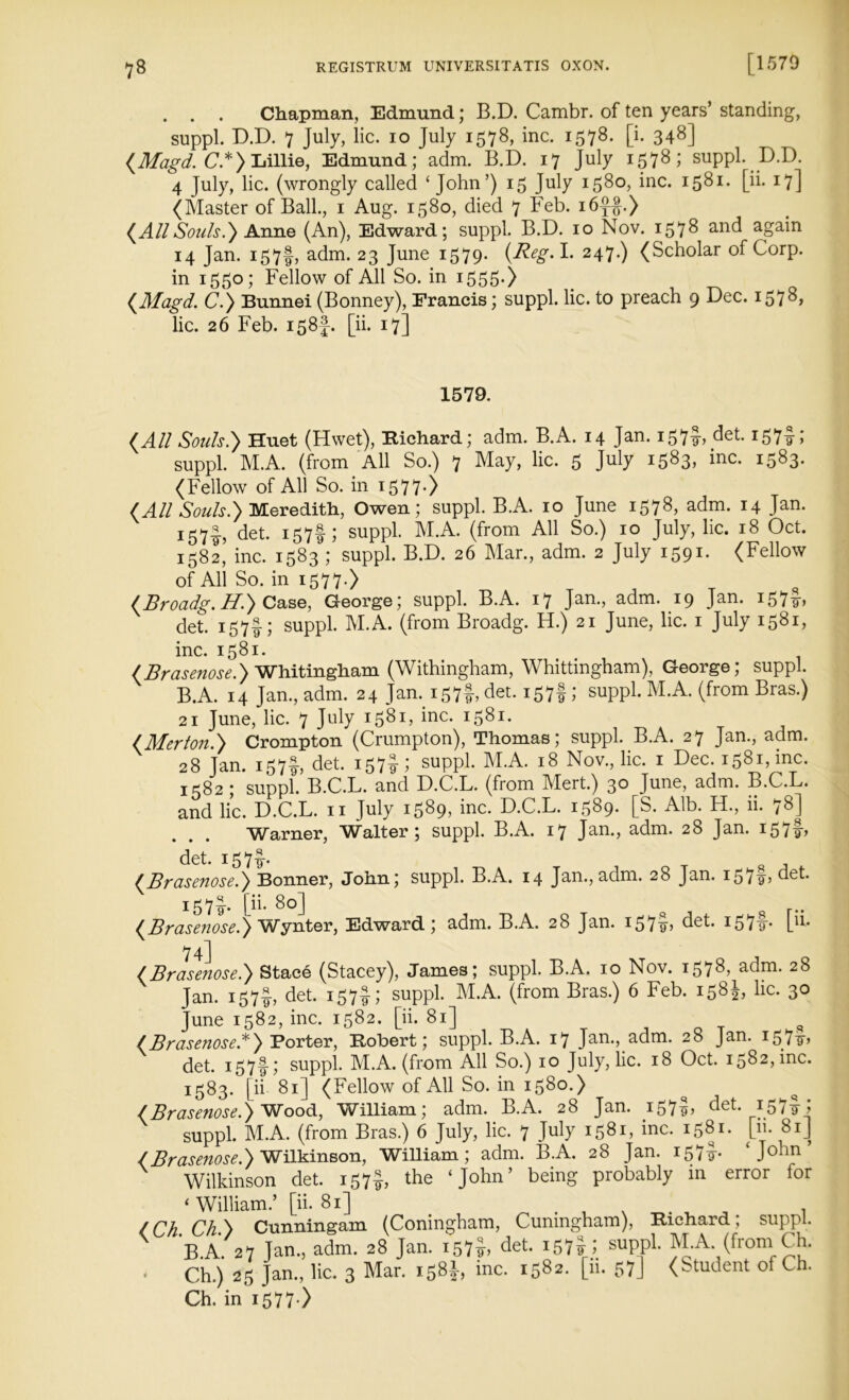 . . . Chapman, Edmund; B.D. Cambr. of ten years’ standing, suppl. D.D. 7 July, lie. io July 1578, inc. 1578. [i. 348] (Magd.C*) Lillie, Edmund; adm. B.D. 17 July 1578; suppl. D.D. 4 July, lie. (wrongly called ‘John’) 15 July 1580, inc. 1581. [ii. 17] (Master of Ball., 1 Aug. 1580, died 7 Feb. 16^.) (AllSouls.) Anne (An), Edward; suppl. B.D. 10 Nov. 157^ and a£ain 14 Jan. i57f, adm. 23 June 1579. (Reg. I. 247.) (Scholar of Corp. in 1550; Fellow of All So. in 1555.) (Ma?d. C.) Bunnei (Bonney), Francis; suppl. lie. to preach 9 Dec. 157 lie. 26 Feb. 158 J. [ii. 17] 1579. (All Souls.) Huet (Hwet), Richard; adm. B.A. 14 Jan. 157det. I57~9 > suppl. M.A. (from All So.) 7 May, lie. 5 July 1583, inc. 1583. (Fellow of All So. in 1577.) (All Souls.} Meredith, Owen; suppl. B.A. 10 June 1578, adm. 14 Jan. 157*, det. 157!; suppl. M.A. (from All So.) 10 July, lie. 18 Oct. 1582, inc. 1583 ; suppl. B.D. 26 Mar., adm. 2 July 1591. (Fellow of All So. in 1577.) (Broadg.H.) Case, George; suppl. B.A. 17 Jan., adm. 19 Jan. i57f, det. 157I; suppl. M.A. (from Broadg. H.) 21 June, lie. 1 July 1581, inc. 1581. (Brasenose.) Whitingham (Withingham, Whittingham), George; suppl. B.A. 14 Jan., adm. 24 Jan. i57f, det. 157!; suppl. M.A. (from Bras.) 21 June, lie. 7 July 1581, inc. 1581. (Merton.') Crompton (Crumpton), Thomas; suppl. B.A. 27 Jan., adm. 28 Jan. 157J, det. 157$; suppl. M.A. 18 Nov., lie. 1 Dec. 1581, inc. 1582; suppl. B.C.L. and D.C.L. (from Mert.) 30 June, adm. B.C.L. and lie. D.C.L. 11 July 1589, inc. D.C.L. 1589. [S. Alb. H., ii. 78] Warner, Walter; suppl. B.A. 17 Jan., adm. 28 Jan. i57f, det. 157J. (Brasenose.) Bonner, John; suppl. B.A. 14 Jan., adm. 28 Jan. i57f, det. 157J. [ii- 8°] (Brasenose.) Wynter, Edward.; adm. B.A. 28 Jan. i57¥> det. i57ir* pi* 74] (Brasenose?) Stacd (Stacey), James; suppl. B.A. 10 Nov. 1578, adm. 28 Jan. 157-g-, det. 157$; suppl. M.A. (from Bras.) 6 Feb. 158 J, lie. 30 June 1582, inc. 1582. [ii. 81] (Brasenose.*) Porter, Robert; suppl. B.A. 17 Jan., adm. 28 Jan. 157 det. 157!; suppl. M.A. (from All So.) 10 July, lie. 18 Oct. 1582, inc. 1583. [ii 81] (Fellow of All So. in 1580.) (Brasenose.) Wood, William; adm. B.A. 28 Jan. 157I, det. 157J; suppl. M.A. (from Bras.) 6 July, lie. 7 July 1581, inc. 1581* pb 81J (Brasenose.) Wilkinson, William; adm. B.A. 28 Jan. 1579- J°bn Wilkinson det. 157$, the ‘John’ being probably in error for ‘ William.’ [ii. 81] /nh Cunningam (Coningham, Cunmgham), Richard; suppl. <C B.A. 27 Jan., adm. 28 Jan. 157*, det. 157J; suppl. M.A. (from Ch. • Ch.) 25 Jan., lie. 3 Mar. 158J, inc. 1582. [ii. 57] (Student of Ch. Ch. in 1577 )