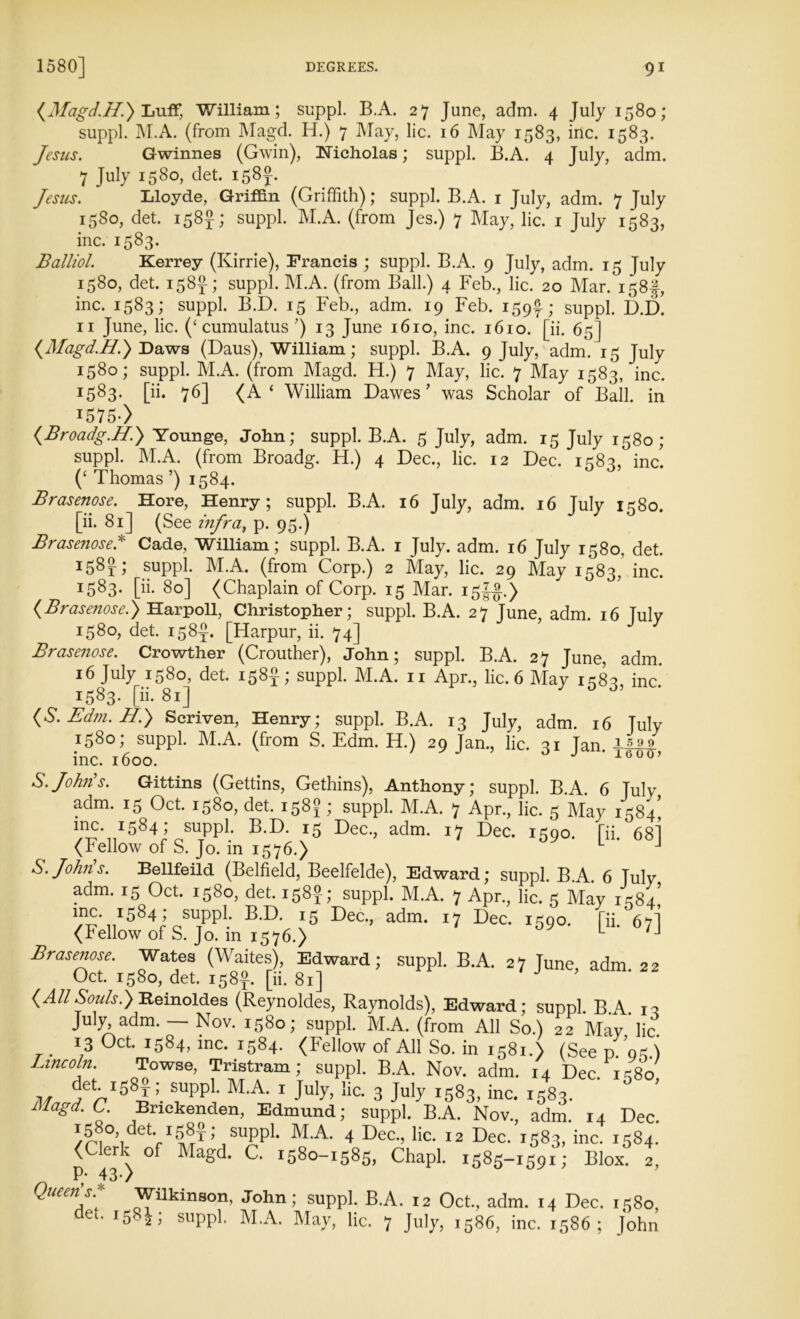 {Magd. Hi) Luff, William; suppl. B.A. 27 June, adm. 4 July 1580; suppl. M.A. (from Magd. H.) 7 May, lie. 16 May 1583, inc. 1583. Jesus. Gwinnes (Gwin), Nicholas; suppl. B.A. 4 July, adm. 7 July 1580, det. i58x- Jesus. Lloyde, Griffin (Griffith); suppl. B.A. 1 July, adm. 7 July 1580, det. 158^; suppl. M.A. (from Jes.) 7 May, lie. 1 July 1583, inc. 1583. Balliol. Kerrey (Kirrie), Francis ; suppl. B.A. 9 July, adm. 15 July 1580, det. 158J-; suppl. M.A. (from Ball.) 4 Feb., lie. 20 Mar. 158!, inc. 1583; suppl. B.D. 15 Feb., adm. 19 Feb. 159^; suppl. D.D. 11 June, lie. (‘ cumulatus ’) 13 June 1610, inc. 1610. [ii. 65] {Magd.H.) Daws (Daus), William; suppl. B.A. 9 July, adm. 15 July 1580; suppl. M.A. (from Magd. H.) 7 May, lie. 7 May 1583, inc. i583- [ii* 76] <A ‘ William Dawes’ was Scholar of Ball, in 1575 ) {Broadg.H.) Younge, John; suppl. B.A. 5 July, adm. 15 July 1580; suppl. M.A. (from Broadg. H.) 4 Dec., lie. 12 Dec. 1^83, inc. (‘ Thomas ’) 1584. Brasenose. Hore, Henry; suppl. B.A. 16 July, adm. 16 Tuly 1*80. [ii. 81] (See infra, p. 95.) Brasenose.* Cade, William; suppl. B.A. 1 July. adm. 16 July 1580, det. I58r 1 suppl. M.A. (from Corp.) 2 May, lie. 29 May 1583, inc. 1583. [ii. 80] (Chaplain of Corp. 15 Mar. i5|f.) {Brasenose.) Harpoll, Christopher; suppl. B.A. 27 June, adm. 16 Tuly 1580, det. 158^. [Harpur, ii. 74] Brasenose. Crowther (Crouther), John; suppl. B.A. 27 June, adm 16 July 1580, det. 158J; suppl. M.A. 11 Apr., lie. 6 May 1583, inc.’ 1583. [ii. 81] (S. Edm. H.) Scriven, Henry; suppl. B.A. 13 July, adm. 16 Tuly 1580; suppl. M.A. (from S. Edm. H.) 29 Jan., lie. 31 Jan. inc. 1600. it)OU’ S. John’s. Gittins (Gettins, Gethins), Anthony; suppl. B.A 6 Tuly adm. 15 Oct. 1580, det. 158?; suppl. M.A. 7 Apr., lie. 5 May 1584! inc. 1584; suppl. B.D. 15 Dec., adm. 17 Dec. i£oo. Ri. 681 (Fellow of S. Jo. in 1576.) J S.Johns. Bellfeild (Belfield, Beelfelde), Edward; suppl BA 6 Tuly adm. 15 Oct. 1580, det. 158?; suppl. M.A. 7 Apr., lie. 5 May 1*584! inc. 1584-suppl. B.D. 15 Dec., adm. 17 Dec. 1590. [ii. 67T (Fellow of S. Jo. in 1576.) L Brasenose. Wates (Waites), Edward; suppl. B.A. 27 June, adm. 22 Oct. 1580, det. 158J. [ii. 81] (i4//A?«/j.)Reinoldes (Reynoldes, Raynolds), Edward; suppl BA n July adm. - Nov. 1580; suppl. M.A. (from All So.) 22 May'lie _ 13 Oct. 1584, inc. 1584. (Fellow of All So. in 1581.) (See nan i Lincoln. Towse, Tristram; suppl. B.A. Nov. adm. 14 Dec 1 380 M veb15 1: SUPP1' M'A- 1 Jul^ lia 3 July 1583, inc. 1583. Magd. C. Bnckenden, Edmund; suppl. B.A. Nov., adm. 14 Dec. '33°. det- 158?; suppl. M.A. 4 Dec., lie. 12 Dec. 1583, inc. 1584. P^430 °f Ma^' i58o_i585. Chapl. 1385-1591; Blox. 2, Queens. V,ilkmson, John; suppl. B.A. 12 Oct., adm. 14 Dec. 1580, dei. 1582! suppl. M.A. May, lie. 7 July, 1586, inc. 1586; John