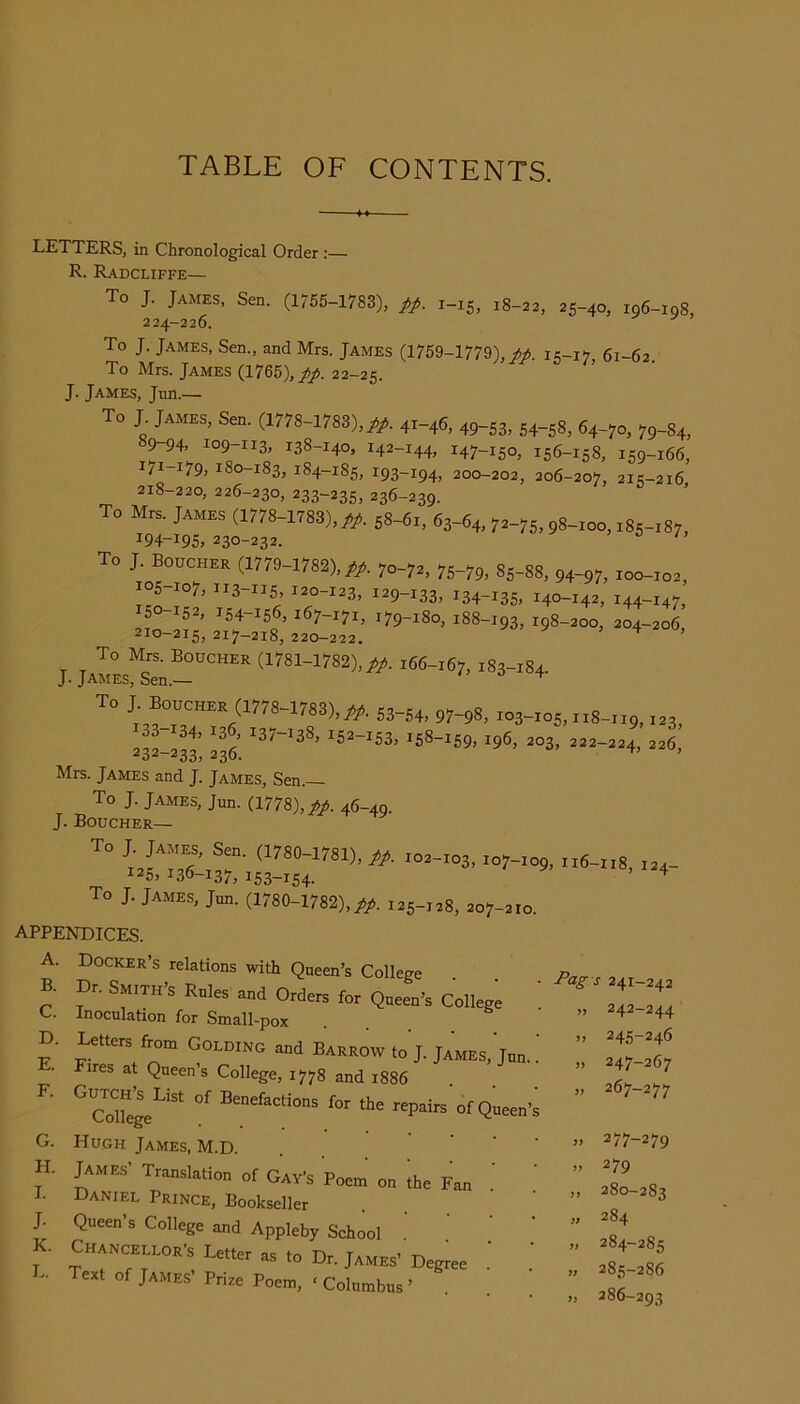 TABLE OF CONTENTS. LETTERS, in Chronological Order:— R. Radcliffe— To J. James, Sen. (1755-1783), pp. 1-15, 18-22, 25-40, i96-:o8, 224-226. To J. James, Sen., and Mrs. James (1759-1779),//. 15-17, 61-62 To Mrs. James (1765),//. 22-25. J. James, Jun.— To J. James, Sen. (1778-1783),//. 41-46, 49-53, 54-58, 64-70, 79-84, 9 94. 109-113, 138-140, 142-144, 147-150, 156-158, 159-166, 171 179, 180-183, 1S4-185, 193-194, 200-202, 206-207, 215-216 218-220, 226-230, 233-235, 236-239. To Mrs. JAMES (1778-1783), A>. 58-6., 63-64,72-75,58-00, ,85-.87, I94-I95. 230-232. To J. Boucher (1779-1782),//. 70-72, 75-79, 85-88, 94-97, 100-102, 105 107, 113-115, 120-123, 129-133, 134-135, 140-142, 144-147, 150-152, 154-156, 167-171, 179-180, 188-193, 198-200, 204-206, 210 215, 217—218, 220—222. To Mrs. Boucher (1781-1782),//. 166-167, 183-184. J. James, Sen.— ^ To L ichee (1778-1788),7!7>. 53.54, 57-55, ,03-105, ,.8-,15, .23, 4^41’ 036. Mrs. James and J. James, Sen. To J. James, Jun. (1778), pp. 46-49. J. Boucher— A>- .0.-.03, ,07-05. ,.6-1.8, .24- 125,136-137,153-154. ^ To J. James, Jun. (1780-1782),//. 125-128, 207-210. APPENDICES. A. Docker’s relations with Queen’s College B. Dr. Smith’s Rules and Orders for Queen’s College C. Inoculation for Small-pox D. ut,„2 fro„ GOEDING and Barrow to J. James, Jon. • Fires at Queen’s College, 1778 and 1886 ^CoueJe^’'' Benefactions for the repairs of Queen Hugh James, M.D. JAME.S’ Translation of Gay’s Poem on ihe Fan Daniel Prince, Bookseller Queen’s College and Appleby School Chancellor’s Letter as to Dr. James’ Degree Text of James’ Prize Poem, ‘ Columbus ’ G. H. I. J. K. L. Ar S 241-242 J) 242-244 )y 245-246 yy 247-267 yy 267-277 yy 277-279 yy 279 yy 280—283 yy 284 yy 284-285 yy 285-286 yy 286-293