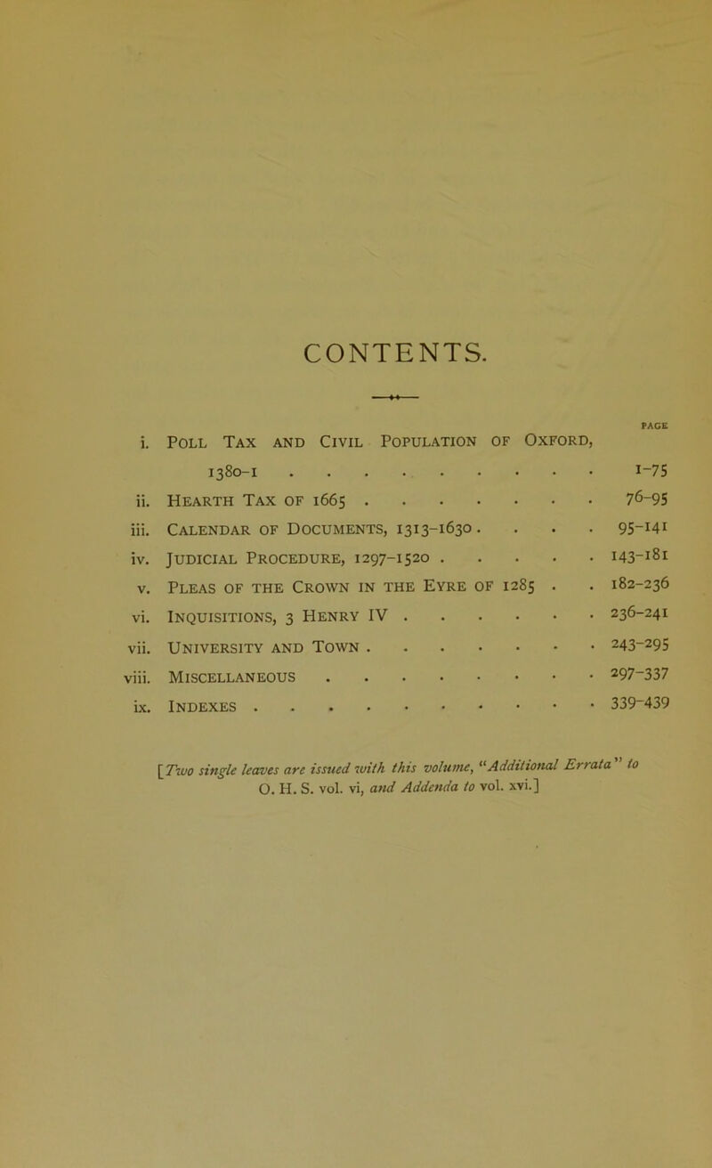 CONTENTS. PACE i. Poll Tax and Civil Population of Oxford, 1380-1 1—75 ii. Hearth Tax of 1665 76-95 iii. Calendar of Documents, 1313-1630 .... 95-Mi iv. Judicial Procedure, 1297-1520 143-181 v. Pleas of the Crown in the Eyre of 1285 . . 182-236 vi. Inquisitions, 3 Henry IV 236-241 vii. University and Town 243-295 viii. Miscellaneous 297-337 ix. Indexes 339-439 £Two single leaves are issued with this volume, “Additional Errata to O. H. S. vol. vi, and Addenda to vol. xvi.]