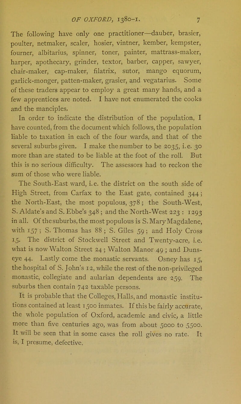 The following have only one practitioner—dauber, brasier, poulter, netmaker, scaler, hosier, vintner, kember, kempster, fourner, albitarius, spinner, toner, painter, mattrass-maker, harper, apothecary, grinder, textor, barber, capper, sawyer, chair-maker, cap-maker, filatrix, sutor, mango equorum, garlick-monger, patten-maker, grasier, and vegatarius. Some of these traders appear to employ a great many hands, and a few apprentices are noted. I have not enumerated the cooks and the manciples. In order to indicate the distribution of the population, I have counted, from the document which follows, the population liable to taxation in each of the four wards, and that of the several suburbs given. I make the number to be 2035, i.e. 30 more than are stated to be liable at the foot of the roll. But this is no serious difficulty. The assessors had to reckon the sum of those who were liable. The South-East ward, i.e. the district on the south side of High Street, from Carfax to the East gate, contained 344; the North-East, the most populous, 378 ; the South-West, S. Aldate’s and S. Ebbe’s 348 ; and the North-West 223 : 1293 in all. Of the suburbs, the most populous is S. Mary Magdalene, with 157 ; S. Thomas has 88 ; S. Giles 59; and Holy Cross 15. The district of Stockwell Street and Twenty-acre, i.e. what is now Walton Street 24 ; Walton Manor 49 ; and Duns- eye 44. Lastly come the monastic servants. Osney has 15, the hospital of S. John’s 13, while the rest of the non-privileged monastic, collegiate and aularian dependents are 259. The suburbs then contain 742 taxable persons. It is probable that the Colleges, Halls, and monastic institu- tions contained at least 1500 inmates. If this be fairly accurate, the whole population of Oxford, academic and civic, a little more than five centuries ago, was from about 5000 to 5500. It will be seen that in some cases the roll gives no rate. It is, I presume, defective.