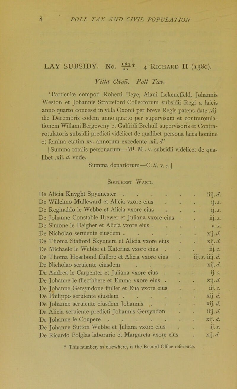 LAY SUBSIDY. No. ^*. 4 Richard II (1380). Villa Oxoii. Poll Tax. ‘Particuke compoti Roberti Deye, Alani Lekeneffeld, Johannis Weston et Johannis Stratteford Collectorum subsidii Regi a laicis anno quarto concessi in villa Oxonii per breve Regis patens date .vij. die Decembris eodem anno quarto per supervisum et contrarotula- tionem Willami Bergeveny et Galfridi Brehull supervisoris et Contra- rotulatoris subsidii predicti videlicet de qualibet persona laica homine et femina etatim xv. annorum excedente .xii. dl [Summa totalis personarum—M1. M1. v. subsidii videlicet de qua- libet .xii. d. vnde. Summa denariorum—C. It. v. j.] Southest Ward. De Alicia Knyght Spynnester .... De Willelmo Mulleward et Alicia vxore eius De Reginaldo le Webbe et Alicia vxore eius De Johanne Constable Brewer et Juliana vxore eius De Simone le Deigher et Alicia vxore eius . De Nicholao seruiente eiusdem .... De Thoma Stafford Skynnere et Alicia vxore eius De Michaele le Webbe et Katerina vxore eius . De Thoma Hosebond ffullere et Alicia vxore eius De Nicholao seruiente eiusdem De Andrea le Carpenter et Juliana vxore eius . De Johanne le fflecthhere et Emma vxore eius . De Johanne Gersyndone ffuller et Eua vxore eius De Philippo seruiente eiusdem .... De Johanne seruiente eiusdem Johannis ,. De Alicia seruiente predicti Johannis Gersyndon De Johanne le Coupere De Johanne Sutton Webbe et Juliana vxore eius De Ricardo Polglas laborario et Margareta vxore eius ij. s. iiij. d. xij. d. ij.j. xij. d. iij. s. xij. d. xij. d. iiij. d. xij. d. ij.j. xij. d. xij. d. xij. d. iij. s. v. s. * This number, as elsewhere, is the Record Office reference.