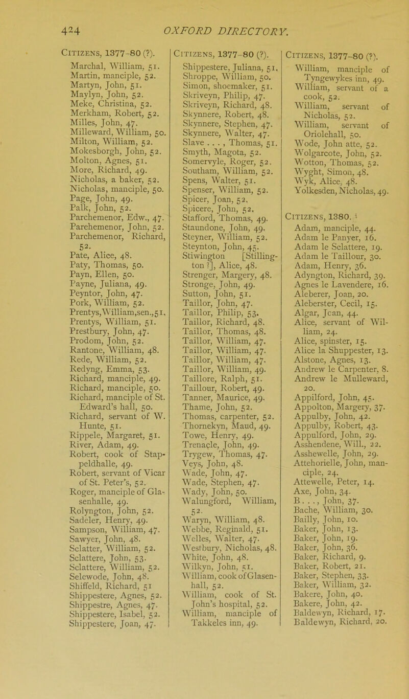 Citizens, 1377-80 (?). Marchal, William, 51. Martin, manciple, 52. Martyn, John, 51. Maylyn, John, 52. Meke, Christina, 52. Merkham, Robert, 52. Milles, John, 47. Milleward, William, 50. Milton, William, 52. Mokesborgh, John, 52. Molton, Agnes, 51. More, Richard, 49. Nicholas, a baker, 52. Nicholas, manciple, 50. Page, John, 49. Palk, John, 52. Parchemenor, Edw., 47. Parehemenor, John, 52. Parchemenor, Richard, 52. Pate, Alice, 48. Paty, Thomas, 50. Payn, Ellen, 50. Payne, Juliana, 49. Peyntor, John, 47. Pork, William, 52. Prentys, William,sen.,51. Prentys, William, 51. Prestbury, John, 47. Prodom, John, 52. Rantone, William, 48. Rede, William, 52. Redyng, Emma, 53. Richard, manciple, 49. Richard, manciple, 50. Richard, manciple of St. Edward’s hall, 50. Richard, servant of W. Hunte, 51. Rippele, Margaret, 51. River, Adam, 49. Robert, cook of Stap- peldhalle, 49. Robert, servant of Vicar of St. Peter’s, 52. Roger, manciple of Gla- senhalle, 49. Rolyngton, John, 52. Sadeler, Henry, 49. Sampson, William, 47. Sawyer, John, 48. Sclatter, William, 52. Sclattere, John, 53. Sclattere, William, 52. Selewode, John, 48. Shiffeld, Richard, 51 Shippestere, Agnes, 52. Shippestre, Agnes, 47. Shippestere, Isabel, 52. Shippestere, Joan, 47. Citizens, 1377-80 (?). Shippestere, Juliana, 51. Shroppe, William, 50. Simon, shoemaker, 51. Skriveyn, Philip, 47. Skriveyn, Richard, 48. Skynnere, Robert, 48. Skynnere, Stephen, 47. Skynnere, Walter, 47. Slave ... , Thomas, 51. Smyth, Magota, 52. Somervyle, Roger, 52. Southam, William, 52. Spens, Walter, 51. Spenser, William, 52. Spicer, Joan, 52. Spicere, John, 52. Stafford, Thomas, 49. Staundone, John, 49. Steyner, William, 52. Steynton, John, 45. Stiwington [Stilling- ton ?], Alice, 48. Strenger, Margery, 48. Stronge, John, 49. Sutton, John, 51. Taillor, John, 47. Taillor, Philip, 53. Taillor, Richard, 48. Taillor, Thomas, 48. Taillor, William, 47. Taillor, William, 47. Taillor, William, 47. Taillor, William, 49. Taillore, Ralph, 51. Taillour, Robert, 49. Tanner, Maurice, 49. Thame, John, 52. Thomas, carpenter, 52. Thornekyn, Maud, 49. Towe, Henry, 49. Trenacle, John, 49. Trygew, Thomas, 47. Veys, John, 48. Wade, John, 47. Wade, Stephen, 47. Wady, John, 50. Walungford, William, 52- Waryn, William, 48. Webbe, Reginald, 51. Welles, Walter, 47. Westbury, Nicholas, 48. White, John, 48. Wilkyn, John, 51. William, cookofGlasen- hall, 52. William, cook of St. John’s hospital, 52. William, manciple of Takkeles inn, 49. Citizens, 1377-80 (?). \\ illiam, manciple of Tyngewykes inn, 49. William, servant of a cook, 52. William, servant of Nicholas, 52. William, servant of Oriolehall, 30. Wode, John atte, 52. Wolgarcote, John, 52. Wotton, Thomas, 52. Wyght, Simon, 48. Wyk, Alice, 48. Yolkesden, Nicholas, 49. Citizens, 1380. * Adam, manciple, 44. Adam le Panyer, 16. Adam le Sclattere, 19. Adam le Taillour, 30. Adam, Henry, 36. Adyngton, Richard, 39. Agnes le Lavendere, 16. Aleberer, Joan, 20. Aleberster, Cecil, 15. Algar, Jean, 44. Alice, servant of Wil- liam, 24. Alice, spinster, 15. Alice la Shuppester, 13. Alstone, Agnes, 13. Andrew le Carpenter, 8. Andrew le Mulleward, 20. Appilford, John, 45. Appolton, Margery, 37. Appulby, John, 42. Appulby, Robert, 43. Appulford, John, 29. Asshendene, Will., 22. Asshewelle, John, 29. Attehorielle, John, man- ciple, 24. Attewelle, Peter, 14. Axe, John, 34. B. . ., John, 37. Bache, William, 30. Bailly, John, 10. Baker, John, 13. Baker, John, 19. Baker, John, 36. Baker, Richard, 9. Baker, Robert, 21. Baker, Stephen, 33. Baker, William, 32. Bakere, John, 40. Bakere, John, 42. Baldcwyn, Richard, 17. Baldewyn, Richard, 20.